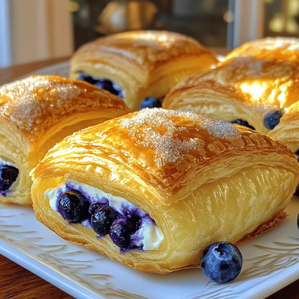 To make this tasty treat, gather the following ingredients: - 1 sheet of puff pastry (thawed) - 4 oz cream cheese, softened - 1/4 cup powdered sugar - 1/2 teaspoon vanilla extract - 1 cup fresh blueberries - 1 tablespoon lemon juice - 1 egg (beaten, for egg wash) - Raw sugar (for sprinkling) These ingredients create a rich, creamy filling with a burst of fresh blueberries. The puff pastry puffs up perfectly when baked, giving you that flaky texture. You can add a few extras to enhance your danish: - Zest from 1 lemon for a citrus kick - A dash of cinnamon for warmth - Chopped nuts for crunch These optional ingredients can take your danish to the next level. Feel free to mix and match! To make your baking easier, have the following tools ready: - Baking sheet lined with parchment paper - Rolling pin for the puff pastry - Mixing bowls for the cream cheese and blueberry filling - Pastry brush for the egg wash - Sharp knife or pizza cutter for cutting the pastry Using the right tools helps you work efficiently and achieve great results. Check out the Full Recipe for more details on preparation! Start by preheating your oven to 400°F (200°C). Line a baking sheet with parchment paper. Take your thawed puff pastry sheet and place it on a lightly floured surface. Roll the pastry to smooth out any creases. Cut it into a 12-inch square, then slice it into four equal squares. This forms the base for your danish. In a medium bowl, beat together 4 oz of softened cream cheese, 1/4 cup of powdered sugar, and 1/2 teaspoon of vanilla extract. Mix until the mixture is smooth and creamy. This filling adds a rich, sweet flavor to the danish. Take one pastry square and place a tablespoon of the cream cheese mixture in the center. Top it with a few fresh blueberries. Then, fold the corners of the pastry square towards the center to create a pocket. Press lightly to seal the edges. Repeat this for all four squares. Place the assembled danishes on the prepared baking sheet, leaving enough space for them to puff up. Brush the tops with a beaten egg for a golden finish. Sprinkle a pinch of raw sugar on top for extra crunch. Bake them in the preheated oven for 15-20 minutes, until golden brown and puffed. Allow them to cool slightly before enjoying. For the complete recipe, check the Full Recipe section. To make great puff pastry, start with good quality. Always thaw it in the fridge. This keeps it cold and easy to handle. Roll it out gently on a floured surface. Aim for a smooth finish without tearing. Cut into even squares for a neat look. Remember, cold pastry puffs better when baking. For the cream cheese filling, use softened cream cheese. This helps mix well with powdered sugar and vanilla extract. Beat until smooth with no lumps. When adding blueberries, coat them with lemon juice. This keeps them fresh and tasty. Add just enough filling to avoid overflow. Too much can make a mess. Preheat your oven to 400°F (200°C) for best results. Line your baking sheet with parchment paper. This prevents sticking and makes cleanup easy. Brush the tops with beaten egg for a golden brown finish. Sprinkle raw sugar for a nice crunch. Bake until golden, about 15-20 minutes. Watch closely near the end to avoid burning. For the full recipe, check the detailed instructions above. {{image_2}} You can change the fruit in this recipe. Use strawberries, raspberries, or peaches instead of blueberries. Each fruit adds its unique taste. For strawberries, chop them small. For raspberries, keep them whole. Peaches should be diced and mixed with a bit of lemon juice to keep them fresh. Experimenting with different fruits makes this treat fun and new. You can also change the cream cheese flavor. Mix in some lemon zest for a bright taste. Try adding almond extract for a nutty twist. You can blend in a bit of cocoa powder for a chocolatey cream cheese. Each option gives a special touch to your danish. Feel free to get creative with flavors you love. Adding a glaze can make your danish shine. A simple sugar glaze is easy. Just mix powdered sugar with a bit of milk until smooth. Drizzle it over the danishes after they cool. You can also sprinkle some chopped nuts or coconut flakes on top. These add crunch and flavor. Try different toppings to find your favorite. To keep your leftover blueberry cream cheese danish fresh, place them in an airtight container. This helps prevent them from drying out. Store the container in the fridge for up to three days. If you want to enjoy them later, freezing is a great option. When you are ready to eat your leftover danish, preheat your oven to 350°F (175°C). Place the danish on a baking sheet. Heat them for about 10 minutes. This will help restore their crispy texture. You can also use a microwave for a quick option. Just heat for 15-20 seconds, but the pastry might not be as crisp. To freeze your blueberry cream cheese danish, wrap each one tightly in plastic wrap. Then, place them in a freezer bag. They can last in the freezer for up to three months. When you’re ready to eat, let them thaw in the fridge overnight. Reheat them in the oven for the best results. Enjoy the taste of fresh danish anytime! Yes, you can prepare the filling ahead. Mix the cream cheese, sugar, and vanilla. Store it in the fridge for up to two days. You can also wash the blueberries and keep them ready. When you are ready, assemble and bake the danish. Fresh danishes taste best when baked just before serving. You can find blueberry cream cheese danish at most bakeries and grocery stores. Look in the bakery section or the frozen aisle. Many local cafes also sell fresh danishes. If you prefer homemade, check the full recipe and make your own delicious treat. If you need a cream cheese substitute, try ricotta or Greek yogurt. Both will give you a creamy texture. For a dairy-free option, use a vegan cream cheese. You can also blend silken tofu with a bit of lemon juice for a smooth filling. Homemade danish lasts about two days at room temperature. Store them in an airtight container to keep them fresh. If you want to keep them longer, you can freeze them. Just wrap each danish tightly and store in the freezer for up to three months. Reheat them in the oven for the best taste. This blog post covered how to make a delicious Blueberry Cream Cheese Danish. We explored the key ingredients, tools needed, and step-by-step instructions. I shared tips for perfect puff pastry and variations to add creativity. Proper storage of leftovers ensures you enjoy your treat longer. With these insights, you can confidently bake and customize your own danish. I hope you feel inspired to try this simple recipe and impress your friends and family with your skills. Enjoy your baking journey!