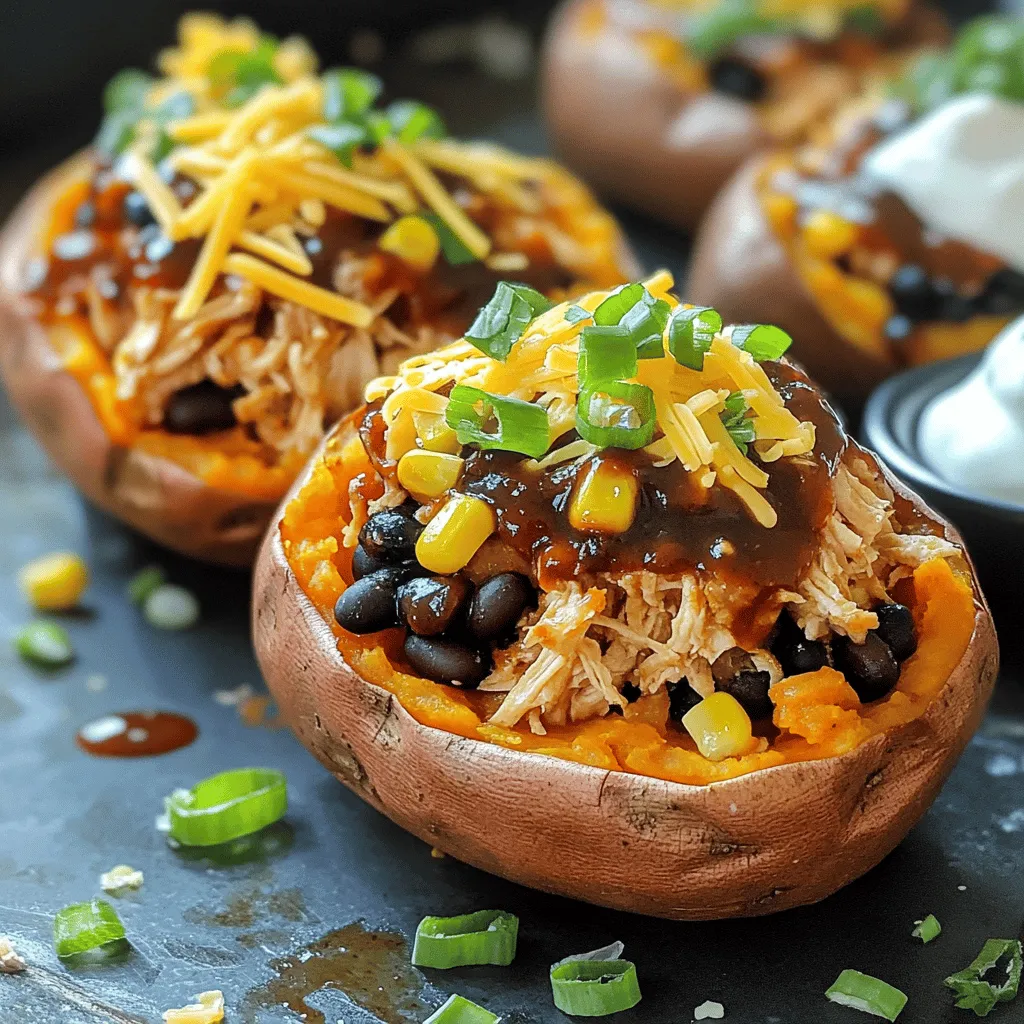 - Sweet Potatoes (4 medium) - Cooked Shredded Chicken (2 cups) - BBQ Sauce (1 cup) - Black Beans (1 cup, rinsed and drained) - Corn Kernels (1 cup, fresh or frozen) - Seasoning (1 tsp each: smoked paprika, garlic powder, onion powder) - Salt and Pepper to Taste - Shredded Cheddar Cheese (1 cup) - Chopped Green Onions (¼ cup for garnish) - Optional Garnish (Sour cream or Greek yogurt) When making BBQ chicken stuffed sweet potatoes, choose fresh, firm sweet potatoes. They should be medium in size for even cooking. You can use your favorite brand of BBQ sauce. It adds a sweet and smoky flavor. The cooked shredded chicken can be from a store or homemade. I love using rotisserie chicken for convenience. Black beans are a great source of protein and fiber. Rinse them well to remove excess salt. Corn adds sweetness and crunch. You can use fresh corn or frozen, based on what you have. The seasonings—smoked paprika, garlic powder, and onion powder—bring out amazing flavors. Adjust salt and pepper based on your taste. Shredded cheddar cheese melts beautifully on top. It adds creaminess to the dish. For garnish, chopped green onions give a fresh flavor. If you want a richer taste, add a dollop of sour cream or Greek yogurt when serving. This blend of ingredients makes BBQ chicken stuffed sweet potatoes a tasty and nutritious meal. For the complete cooking process, check out the Full Recipe. - Preheat the oven to 400°F (200°C). - Rinse the sweet potatoes and poke holes in them with a fork. Start by rinsing your sweet potatoes under cool water. This removes dirt and makes them clean. After rinsing, take a fork and poke holes all over each potato. This step helps steam escape while baking. - Baking time and tips Place the sweet potatoes on a baking sheet lined with parchment paper. Bake them for about 45 to 60 minutes. The skin should be slightly wrinkled, and they should feel soft when you poke them with a knife. If you want even cooking, rotate them halfway through. - Mixing BBQ chicken filling ingredients - Combining with sweet potato flesh In a large bowl, combine the cooked shredded chicken, BBQ sauce, black beans, corn, smoked paprika, garlic powder, onion powder, salt, and pepper. Mix these well until everything is combined. Once your sweet potatoes cool slightly, cut them in half lengthwise. Scoop out some flesh, but leave enough to keep the skin intact. Fold the scooped sweet potato flesh into your BBQ chicken mixture. - Stuffing the sweet potatoes - Finishing touches (cheese and garnish) Stuff each sweet potato half with the BBQ chicken mixture. Make sure to pack it in well. Top with shredded cheddar cheese. Return the stuffed sweet potatoes to the oven for another 10 to 15 minutes. Bake until the cheese is melted and bubbly. When they come out of the oven, sprinkle with chopped green onions for a fresh touch. You can serve them warm, optionally with a dollop of sour cream or Greek yogurt. For the full recipe, check out the complete guide! When you pick sweet potatoes, look for firm ones. They should feel heavy for their size. Choose medium-sized sweet potatoes, about the size of your hand. Avoid any that have soft spots or blemishes. For ripeness, the skin should be smooth and vibrant. A good sweet potato will give you a sweet taste and creamy texture. Want to make your BBQ chicken filling more flavorful? Start with well-cooked shredded chicken. Mix in your favorite BBQ sauce, but don't stop there. Add black beans and corn for extra texture. Spices like smoked paprika, garlic powder, and onion powder will boost the flavor. Taste and adjust the seasonings as needed. A pinch of salt and pepper can make a big difference. When serving, consider pairing your BBQ chicken stuffed sweet potatoes with a fresh salad or coleslaw. These side dishes add a nice crunch. For presentation, place each stuffed sweet potato on a colorful plate. Garnish with green onions and a dollop of sour cream or Greek yogurt. This adds a creamy touch that balances the BBQ flavor. Enjoy your delicious meal! For more details, check out the Full Recipe. {{image_2}} You can change the protein in this dish. Try using turkey or pulled pork instead of chicken. Both options bring great flavor and can make it your own. When using turkey, keep the BBQ sauce sweet to balance its taste. For pulled pork, add a bit more seasoning to enhance the flavors. This keeps the dish exciting and fun! If you want a meatless meal, beans or tofu work well. Black beans add protein and texture. You can mash the beans for a smoother filling or leave them whole for a hearty bite. Tofu is another great choice. Use firm tofu, press it to remove water, and crumble it into the mix. Season it well to bring out the flavors. Both options make this dish suitable for everyone! Experimenting with sauces and spices is a great way to change the flavor. Try different BBQ sauces, like honey BBQ or spicy chipotle. You can also add hot sauce for a kick. If you want to play with spices, consider cumin or chili powder. These can add warmth and depth to the dish. Don’t be afraid to get creative. Your taste buds will thank you! For the full recipe, check out the BBQ Chicken Stuffed Sweet Potatoes. To keep your BBQ chicken stuffed sweet potatoes fresh, store leftovers well. Place them in an airtight container. Make sure to cool them to room temperature first. You can keep them in the fridge for up to three days. If you want to save them for longer, freeze them! Wrap each stuffed sweet potato in plastic wrap, then place them in a freezer bag. This way, they can last for up to three months. When you’re ready to eat, reheating is easy. For best results, use the oven. Preheat it to 350°F (175°C). Place the stuffed sweet potatoes on a baking dish. Heat them for about 20 minutes or until warm. This method keeps the sweet potatoes soft. You can also use a microwave if you’re in a hurry. Heat them on a microwave-safe plate for 2-3 minutes. Just remember, the oven makes them taste better! Meal prep can save time during busy weeks. Start by cooking a batch of sweet potatoes ahead of time. You can bake them and store them in the fridge. On a busy night, just mix your BBQ chicken filling. Stuff the sweet potatoes and heat them up. You can also prepare the filling in advance. Store it in the fridge for up to three days. This way, you can enjoy a quick and tasty meal whenever you want. Check out the Full Recipe for more details! To add heat, try using spicy BBQ sauce. You can also mix in chopped jalapeños or a dash of hot sauce. If you like it smoky, add cayenne pepper or crushed red pepper flakes. Adjust the spice to your taste for a kick in every bite! Yes, you can prepare the filling ahead of time. Just store it in the fridge. You can bake the sweet potatoes and stuff them a day before serving. This makes it easy to enjoy a quick meal when you come home. Just heat and serve! Some great side dishes include: - Coleslaw - Grilled corn on the cob - Mixed green salad - Roasted vegetables These sides add freshness and balance to the meal. They also complement the sweet and savory flavors of the stuffed potatoes. Yes, you can freeze them. Make sure to let them cool completely. Wrap each stuffed sweet potato tightly in foil or plastic wrap. Store them in an airtight container. When you’re ready to eat, thaw them in the fridge and bake until hot. If you lack BBQ sauce, try using teriyaki sauce or a honey mustard mix. You can also make a simple sauce with ketchup and vinegar. For a tangy flavor, try mixing hot sauce with a bit of honey. Use what you have on hand to keep it tasty! For the full recipe, check out the complete steps for making BBQ Chicken Stuffed Sweet Potatoes! BBQ Chicken Stuffed Sweet Potatoes combine tasty ingredients for a filling meal. We covered key ingredients, step-by-step instructions, helpful tips, and meal variations. You can easily adjust flavors or swap proteins to fit your taste. Proper storage and reheating tips help keep your leftovers delicious. Whether for a quick dinner or meal prep, this dish is a simple and satisfying choice. Enjoy creating your own versions of this recipe!