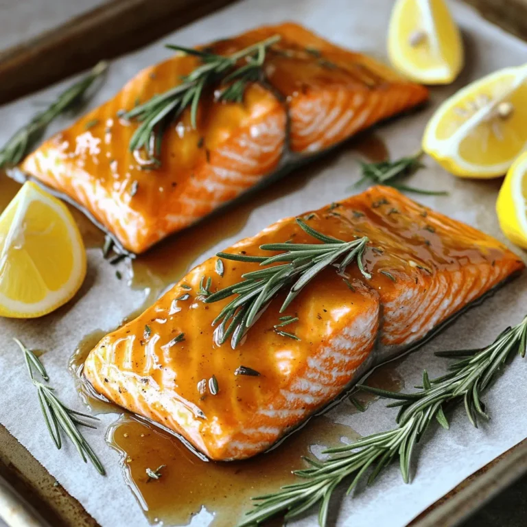 - 4 salmon fillets (approximately 6 ounces each) - 1/4 cup pure maple syrup - 2 tablespoons Dijon mustard - 1 tablespoon olive oil - 2 cloves garlic, minced - 1 teaspoon fresh rosemary, chopped - Salt and black pepper to taste - Lemon wedges for serving Maple syrup alternatives If you want a different taste, use honey or agave nectar. These options will add sweetness but change the flavor slightly. Dijon mustard variations You can swap Dijon mustard with yellow mustard or whole grain mustard. Each will give a unique twist to the dish. Fresh herbs vs. dried herbs If you do not have fresh rosemary, you can use dried rosemary. Use about one-third of the amount, as dried herbs are stronger. 1. Preheat your oven to 400°F (200°C). This step is key for a great bake. 2. Line a baking sheet with parchment paper. It makes cleanup much easier. 3. In a small bowl, mix together: - 1/4 cup pure maple syrup - 2 tablespoons Dijon mustard - 1 tablespoon olive oil - 2 cloves garlic, minced - 1 teaspoon fresh rosemary, chopped Whisk until fully blended. This glaze adds sweet and tangy flavor. 1. Take your salmon fillets, about 6 ounces each. Season both sides with salt and black pepper. 2. Place the fillets skin-side down on the baking sheet. This helps keep them moist. 3. Brush the maple Dijon glaze generously over each fillet. Save a bit for later. 4. Bake the salmon for 12-15 minutes. It’s done when it flakes easily with a fork. 5. Halfway through cooking, baste the salmon with the reserved glaze. This keeps the fish juicy. 1. After baking, let the salmon rest for a couple of minutes. This helps the juices settle. 2. Serve the salmon with fresh lemon wedges. It adds a lovely zing to your dish. You can find the full recipe for even more details and tips. Enjoy this simple yet delicious meal! To achieve the perfect flaky texture, focus on your cooking time and temperature. Bake the salmon at 400°F (200°C). This high heat helps the fish cook evenly. Aim for 12 to 15 minutes. Check for doneness by using a fork. If it flakes easily, it is ready. To avoid overcooking salmon, use a timer. Start checking the fish at the 10-minute mark. If you see it turning opaque, it’s close. Remember, it will continue to cook a bit after you take it out of the oven. You can add spice to your dish with pepper or paprika. A pinch of black pepper can bring out the flavors. If you like heat, try smoked paprika. This adds a lovely depth without overpowering the glaze. Incorporating citrus flavors can brighten the dish. Squeeze fresh lemon juice over the salmon before serving. This will lift the sweetness of the maple. You can even add lemon zest to the glaze for extra zing. For side dishes, consider roasted vegetables or a fresh salad. Green beans or asparagus pair nicely with salmon. They add color and balance the meal well. When it comes to wine, a crisp white works best. Look for a Sauvignon Blanc or a light Pinot Grigio. These wines complement the sweetness of the glaze. Enjoy your meal with a refreshing drink that enhances the flavors. For the Full Recipe, click here. {{image_2}} You can switch things up by using different proteins. Maple Dijon glaze works great on chicken. Just follow the same steps as with salmon. The glaze adds a sweet and tangy flavor to the chicken. If you prefer plant-based options, try using tofu. Firm tofu holds up well. Just press it to remove excess water. Then, marinate it in the maple Dijon glaze. Cook it the same way you would salmon for a tasty vegan meal. To enhance the flavor, you can add mustard seeds or fresh herbs to the glaze. Mustard seeds give a nice crunch and extra zest. Fresh herbs, like thyme or dill, can add depth. You might also want to experiment with different types of maple syrup. Dark maple syrup has a stronger flavor than light syrup. This can make your dish taste even richer. You can try different cooking methods for your salmon. Grilling gives a smoky flavor and nice grill marks. If you prefer baking, it keeps the salmon moist. Pan-searing is another great choice. It creates a crispy texture on the outside. Cook the salmon in a hot pan with a bit of oil. This method also allows you to baste it with the maple Dijon glaze for added flavor. For the full recipe, check out the Maple Dijon Glazed Salmon recipe. To keep your Maple Dijon Glazed Salmon fresh, follow these tips. Place leftovers in an airtight container. This will help to keep the salmon moist. You can store it in the fridge for up to three days. After that, the texture and taste may change. When reheating, avoid drying out your salmon. Use the oven for the best results. Preheat your oven to 275°F (135°C). Place the salmon on a baking sheet. Cover it loosely with foil. Heat for about 10-15 minutes. You can also use the microwave. Heat on low power in short bursts. Check often to prevent overcooking. Yes, you can freeze Maple Dijon Glazed Salmon. Wrap each fillet tightly in plastic wrap. Place them in a freezer bag. This keeps them fresh for up to three months. To defrost, move the salmon to the fridge overnight. This helps keep the texture nice. Avoid thawing in warm water, as it can make the salmon mushy. Can I use frozen salmon for this recipe? Yes, you can use frozen salmon. Just thaw it in the fridge overnight. This keeps the fish moist and safe. You can bake it straight from frozen, but add a few extra minutes to the cooking time. What is the best way to tell when salmon is done cooking? The best way is to check for flakiness. When the salmon flakes easily with a fork, it is done. You can also use a food thermometer. It should read 145°F (63°C) in the thickest part. How many calories are in Maple Dijon Glazed Salmon? Each serving of Maple Dijon Glazed Salmon has about 350 calories. This can vary based on the size of the fillets and the amount of glaze used. Is this recipe healthy? Yes, this recipe is healthy. Salmon is rich in omega-3 fatty acids. The glaze adds flavor without too many extra calories. It also includes garlic and fresh herbs for added nutrients. What if I don’t have Dijon mustard? If you don’t have Dijon mustard, you can use yellow mustard. It will change the flavor slightly, but it will still work. You can also mix honey with a little vinegar as a substitute. How can I make this dish without using maple syrup? You can use honey instead of maple syrup. It gives a similar sweetness and flavor. Another option is brown sugar mixed with a splash of water, which can also work well in the glaze. This blog post covers how to make delicious Maple Dijon Glazed Salmon. We discussed key ingredients, helpful cooking steps, and tips for making the dish stand out. You now have options for ingredient substitutions and variations, plus advice on storage and reheating. Remember, experimenting with flavors can enhance your meal. Try different proteins and cooking methods for variety. Enjoy your cooking journey and the wonderful taste of salmon done right. With practice, you can master this dish and impress everyone at your table.