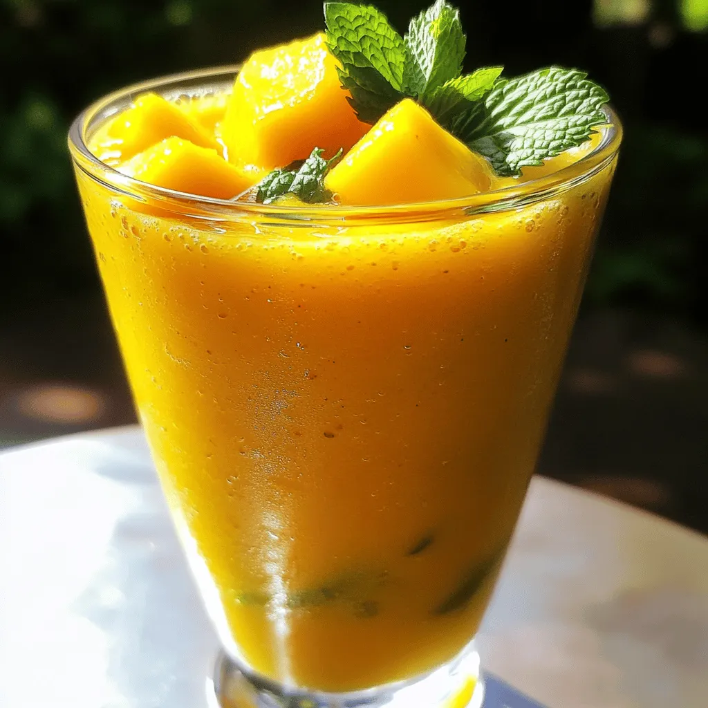 To make a delicious Mango Pineapple Smoothie, you will need the following ingredients: - 1 ripe mango, peeled and diced - 1 cup fresh pineapple chunks - 1 banana, sliced - 1 cup coconut milk (or almond milk for a nut-free version) - 1 tablespoon honey or agave syrup (optional) - 1 tablespoon lime juice - A handful of ice cubes - Fresh mint leaves for garnish These ingredients bring bright flavors together. The ripe mango adds sweetness, while pineapple gives a tangy twist. The banana makes the smoothie creamy and smooth. Coconut milk adds a rich texture, and lime juice brightens everything up. You can add honey or agave for extra sweetness, but it’s not a must. The ice cubes chill the drink, making it refreshing. Lastly, fresh mint leaves add a lovely touch on top. Using fresh ingredients makes a big difference in taste. This recipe is easy and quick, taking just five minutes to prepare. Go ahead and gather these ingredients for a tropical treat! If you want the full recipe, check out the Tropical Bliss Mango Pineapple Smoothie. To make your Mango Pineapple Smoothie, let’s dive into the details of each step. - Combining ingredients in the blender: Start by placing the diced mango, fresh pineapple chunks, and sliced banana into your blender. These fruits blend together to create a bright and tasty base. - Adjusting sweetness and lime juice: Pour in the coconut milk and the lime juice next. If you like it sweet, add honey or agave syrup. Blend until everything is smooth. You might want to taste it. If it needs more sweetness, add a bit more honey. If it needs a tangy kick, squeeze in more lime juice. - Pouring and garnishing the smoothie: Once your smoothie is creamy, pour it into chilled glasses. For a pop of color, add fresh mint leaves on top. This not only looks nice but adds a fresh flavor too. Now you’re ready to enjoy your fresh and flavorful bliss! Remember, for the full recipe, check the details above! To get a smooth mango pineapple smoothie, use a strong blender. Start by adding your fruits first. This helps them blend easily. Next, pour in your coconut milk and lime juice. The liquid helps move the fruit around. Blend on high speed until smooth. If you notice chunks, stop and scrape down the sides of the blender. This ensures everything gets mixed well. Blend again until you reach your desired creaminess. If you don’t have coconut milk, almond milk works great too. It gives a nice nutty flavor. You can also use oat milk if you prefer. For sweeteners, honey or agave syrup adds great taste. If you want to skip the sugar, try ripe bananas. They add natural sweetness without extra calories. Serving your smoothie can be fun! Use clear glasses to show off those vibrant colors. You can layer the smoothie with yogurt or granola for a beautiful look. For garnishes, fresh mint leaves add a pop of green and freshness. You can also add a slice of lime on the rim for a zesty touch. This makes your drink look special and inviting. For more ideas, check out the Full Recipe. {{image_2}} You can change the taste of your Mango Pineapple Smoothie by adding more fruits. Try using ripe papaya or juicy kiwi for that tropical feel. These fruits add sweetness and a new texture. You can also mix in berries. Strawberries or blueberries bring a nice tartness that balances the sweet mango and pineapple. This adds a fun twist and gives you more color. To make your smoothie even healthier, consider adding protein powder or Greek yogurt. These ingredients make it creamier and add protein, which helps keep you full longer. You can also try superfoods like chia seeds or flaxseeds. These tiny seeds pack a big punch of nutrients and fiber. Just a spoonful can boost the health benefits of your smoothie. If you need a meal replacement, you can turn your smoothie into a filling option. Add some oats or nut butter to give it more substance. This will keep you satisfied through busy mornings. Another fun idea is to create smoothie bowls. Pour your smoothie into a bowl and top it with granola, sliced fruits, and nuts. This makes your drink more of a meal and adds texture and crunch. For the full recipe, check out the Tropical Bliss Mango Pineapple Smoothie section above! To store any leftover smoothie, pour it into a clean jar. Make sure to leave some space at the top. It helps the smoothie stay fresh longer. Seal the jar tightly. Place it in the fridge. This keeps the smoothie good for up to 24 hours. To maintain freshness, give the smoothie a gentle shake before drinking. I often find that smoothies separate after sitting. This small step helps mix everything back together. If it looks thick, add a splash of coconut milk or water. Blend it again for a smooth drink. Freezing smoothie packs is a great idea for busy days. Simply portion the smoothie into freezer-safe bags. Use a straw to suck out the air before sealing. This helps prevent freezer burn. Label each bag with the date and ingredients. You can enjoy your smoothie for up to three months. When you want to enjoy a frozen smoothie, remove a bag from the freezer. Let it sit at room temperature for about 10 to 15 minutes. If you're in a hurry, place it in a bowl of warm water for a quick thaw. Once thawed, blend again to revive the texture. Now you’re ready to sip on that tropical bliss! Yes, you can make this smoothie vegan! Here are some easy swaps: - Use coconut milk or almond milk for a nut-free version. - Replace honey with agave syrup or maple syrup for sweetness. - Ensure that any additional ingredients, like protein powders, are also vegan-friendly. These changes will keep your smoothie plant-based and delicious! To make your smoothie thicker, try these tips: - Add more banana or mango. These fruits naturally thicken smoothies. - Use less liquid, like coconut milk or almond milk. Start with half a cup and add more if needed. - Include frozen fruits instead of fresh ones. Frozen fruits add creaminess and thickness. Play around with these methods to find your perfect texture! This smoothie is packed with vitamins and minerals: - Mango is rich in vitamin C, which boosts your immune system. - Pineapple contains bromelain, which aids digestion. - Bananas are high in potassium, good for heart health. - Coconut milk provides healthy fats, giving you energy. These ingredients work together to create a tasty and nutritious drink! Absolutely! Using frozen fruit can change the smoothie experience: - It makes the smoothie colder and thicker, perfect for warm days. - Frozen fruits can be just as nutritious as fresh ones. - They save time since you won’t need to chop or peel. Just blend them directly into the mix for a refreshing treat! For the full recipe, check out the Tropical Bliss Mango Pineapple Smoothie. This blog post covered a delicious smoothie recipe and how to make it tasty. You learned about the best ingredients to use and how to blend them perfectly. We also explored fun ways to customize your drink and store any leftovers. Smoothies can be nutritious and refreshing. You can easily add ingredients to fit your taste and needs. Now, enjoy making your own smoothies, share them with friends, and boost your health in a fun way!