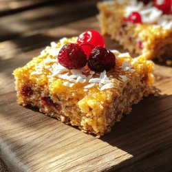 - 1 cup rolled oats - 1/2 cup shredded unsweetened coconut - 1/2 cup dried cherries, chopped These main ingredients form a solid base for your Cherry Coconut Breakfast Bars. Rolled oats provide fiber and energy. Shredded coconut adds a lovely texture and flavor. Dried cherries bring a sweet and tart punch that really shines in these bars. - 1/4 cup honey or maple syrup - 1/4 cup almond butter (or any nut butter) Sweeteners like honey or maple syrup help bind the bars. They also add a touch of sweetness. Almond butter, or any nut butter you prefer, keeps everything together and adds creaminess. This balance makes the bars chewy and satisfying. - 1/2 teaspoon vanilla extract - 1/2 teaspoon cinnamon - 1/4 teaspoon salt - Optional: 1/4 cup chopped nuts (such as almonds or walnuts) Flavor enhancers are key to making these bars truly delicious. Vanilla extract adds a warm, sweet note. Cinnamon offers warmth and spice. A touch of salt balances the sweetness. If you like crunch, add chopped nuts. They provide great texture and extra flavor. For the complete recipe and instructions, check the [Full Recipe]. 1. Preheat your oven to 350°F (175°C). 2. Line an 8x8-inch baking dish with parchment paper. Leave some overhang to lift the bars later. 3. In a large mixing bowl, combine these dry ingredients: - 1 cup rolled oats - 1/2 cup shredded unsweetened coconut - 1/2 cup dried cherries, chopped - 1/4 teaspoon salt - 1/2 teaspoon cinnamon - Optional: 1/4 cup chopped nuts 1. In a separate bowl, blend together: - 1/4 cup almond butter - 1/4 cup honey (or maple syrup) - 1/2 teaspoon vanilla extract 2. Mix until the mixture is smooth and well combined. 1. Pour the wet mixture over the dry ingredients. 2. Stir the mixtures until fully combined. It should feel sticky. 3. Pack the mixture into the lined baking dish. Press down firmly to form an even layer. 1. Bake the bars in the preheated oven for about 18-20 minutes. The edges should turn golden brown. 2. After baking, let the bars cool in the pan for about 10 minutes. 3. Use the parchment paper to lift the bars out. Let them cool completely on a wire rack before cutting them into squares or bars. For the full recipe, check out the details above. Enjoy your healthy start to the day! To get great Cherry Coconut Breakfast Bars, always pack the mixture tightly. This helps hold the bars together. After baking, check for golden brown edges. This color means they are done and will taste great. You can use different nut butters to change the taste. Try peanut butter, cashew butter, or sunflower seed butter. Each will give the bars a unique twist. Adding spices like nutmeg or ginger can also bring more flavor. A pinch of cardamom can make a big difference too. For a pretty presentation, place the bars on a wooden board or a nice plate. Sprinkle extra shredded coconut or fresh cherries on top. This makes them look inviting. Pair them with a glass of milk, tea, or a fruit smoothie. They also taste great alongside yogurt for a balanced meal. {{image_2}} You can easily change some ingredients in Cherry Coconut Breakfast Bars. If you want a different taste, try using dried cranberries or apricots instead of cherries. Both fruits add a nice splash of color and flavor. If you're low on maple syrup, you can swap it with agave nectar. This sweetener works well and keeps the bars sticky. You can make gluten-free Cherry Coconut Breakfast Bars by using gluten-free oats. They hold together just as well and taste great. For vegan options, replace honey or maple syrup with agave nectar. You can also use mashed bananas or applesauce as binders. These swaps keep the bars tasty while fitting your dietary needs. Want to spice up your bars? Try adding some chocolate chips or seeds like chia or sunflower. These ingredients give a nice crunch and added nutrients. You can also add citrus zest, like lime or orange, for a refreshing twist. The zest brightens flavors and makes the bars even more enjoyable. For the full recipe, check out the Cherry Coconut Breakfast Bars section. To keep your Cherry Coconut Breakfast Bars fresh, use airtight containers. Glass or plastic containers work great. Store them in a cool, dry place. A pantry or kitchen shelf is perfect. Avoid areas that get hot or humid, like near the stove. If you want longer shelf life, freeze the bars. Wrap each bar in plastic wrap, then place them in a freezer bag. This keeps them fresh and prevents freezer burn. To enjoy, take out a bar and thaw it in the fridge overnight. For quick thawing, leave it at room temperature for about 30 minutes. These bars stay fresh for about one week at room temperature. If stored in the fridge, they last up to two weeks. Look for signs of spoilage, like a strange smell or mold. If you see any, it’s best to throw them out. Enjoy your delicious Cherry Coconut Breakfast Bars with confidence! For the full recipe, visit the recipe section. How to make Cherry Coconut Breakfast Bars without nuts? You can easily skip the nuts in the recipe. Just leave out the optional chopped nuts. The bars will still taste great. The oats and coconut provide enough texture and flavor. Can I use fresh cherries instead of dried? Fresh cherries are not a good swap in this recipe. They have more water and can make the bars soggy. Stick with dried cherries for the right texture and sweetness. What is the caloric content per bar? Each Cherry Coconut Breakfast Bar has about 150 calories. This can vary based on the brand of ingredients you use. Always check the labels for precise numbers. Are these breakfast bars suitable for kids? Yes! These bars are a great snack for kids. They are made from wholesome ingredients and have no added sugars. They are tasty and packed with energy. What to do if bars fall apart? If your bars fall apart, try pressing the mixture down harder next time. You can also add a bit more almond butter or honey. This will help bind the ingredients better. How to make the bars chewier or crunchier? For chewier bars, add a little more almond butter. For crunchier bars, bake them a bit longer. Just make sure not to burn the edges. Adjust based on your taste. These cherry coconut breakfast bars are easy and tasty. You start with rolled oats and coconut. Sweeten with honey or maple syrup. Mix in flavors like vanilla and cinnamon. Bake until golden. You can change the ingredients and add your favorite nuts. Store them well for lasting freshness. Whether you want a quick snack or a breakfast treat, these bars work for you. Enjoy making and sharing them!