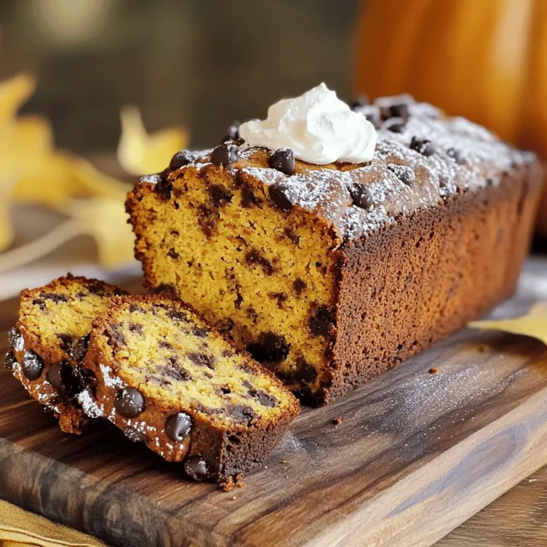 To make this tasty bread, you need some key ingredients. Here’s what you will need: - 1 cup mashed ripe bananas (about 2 large bananas) - 1 cup canned pumpkin puree - 1/2 cup unsalted butter, melted - 1 cup brown sugar, packed - 1/2 cup granulated sugar - 2 large eggs - 1 teaspoon vanilla extract - 2 cups all-purpose flour - 1 teaspoon baking soda - 1/2 teaspoon baking powder - 1 teaspoon ground cinnamon - 1/2 teaspoon ground nutmeg - 1/2 teaspoon salt - 1 cup semi-sweet chocolate chips - 1/2 cup chopped walnuts (optional) These ingredients work together to create a moist and flavorful bread. The bananas add sweetness, while the pumpkin gives it a rich texture. The spices bring warmth and comfort, and the chocolate chips add a fun touch. You can change this recipe to fit your taste. Here are some optional ingredients and variations: - Chopped nuts, like pecans or almonds - Dried fruits, such as cranberries or raisins - Different spices, such as ginger or allspice - A swirl of cream cheese for a rich flavor Feel free to mix and match these options. They can make the bread unique and exciting! If you don’t have some ingredients, don’t worry! Here are some easy substitutions: - Use applesauce instead of butter for a lighter bread. - Swap out eggs for 1/4 cup of yogurt or mashed flaxseed mixed with water. - Use whole wheat flour instead of all-purpose flour for added fiber. These substitutions can help you make the bread fit your diet or what you have on hand. Just remember, each change may slightly alter the taste or texture, but it can still be delicious. For the full recipe, check the [Full Recipe]. Start by gathering your ingredients. You need ripe bananas, pumpkin puree, butter, and sugar. This mix gives the bread its sweet base. In a large bowl, mash the bananas well. You can use a fork or a potato masher. Add the pumpkin puree and melted butter next. Mix these well. Then, crack in the eggs and pour in the vanilla. Beat everything together until it blends smoothly. You want a creamy texture. Now, take another bowl for the dry ingredients. Whisk together the flour, baking soda, baking powder, cinnamon, nutmeg, and salt. This step is important for even mixing. Gradually add the dry mix to the wet mixture. Stir gently until just combined. Be careful not to overmix; it can make the bread tough. Fold in the chocolate chips and walnuts if you like. They add a tasty crunch. Preheat your oven to 350°F (175°C). While it heats, pour the batter into a greased 9x5-inch loaf pan. Smooth the top with a spatula to make it even. Bake for 55 to 65 minutes. To check if it’s done, insert a toothpick in the center. If it comes out clean, your bread is ready. Let it cool in the pan for about 10 minutes. After that, remove it and let it cool completely on a wire rack before slicing. This bread is a delightful mix of flavors. You can find the full recipe if you want more details. Enjoy baking! To make the best pumpkin chocolate chip banana bread, start with ripe bananas. Look for bananas that are yellow with brown spots. These spots mean the bananas are sweet and soft. If they are too green, they won't mash well. For pumpkin puree, use canned pumpkin for ease. Check the label to ensure it says 100% pumpkin. Avoid pumpkin pie filling; it has added sugar and spices that can change your bread's taste. If you want to use fresh pumpkin, roast it until soft and then blend. Baking can be tricky, but I have tips to help you succeed. First, don’t overmix the batter. Stir just until the dry ingredients blend with the wet. Overmixing can make the bread tough. Next, always measure your flour correctly. Too much flour can lead to a dry loaf. Use the spoon and level method: spoon flour into the measuring cup and level it off with a knife. Lastly, check your oven temperature. An oven thermometer can help ensure it’s accurate. If your oven is too hot, the outside may burn before the inside cooks. To make your pumpkin chocolate chip banana bread even better, try adding spices. A pinch of ground ginger or allspice can add warmth. You can mix in chopped nuts or dried fruit for extra texture. Another great tip is to toast your chocolate chips lightly before adding them to the batter. This brings out their rich flavor. If you want a moist loaf, consider adding a bit of yogurt or sour cream. Just replace some butter with it. This keeps the bread soft and adds a nice tang. For the full recipe, check out the [Full Recipe]. {{image_2}} You can make this tasty bread gluten-free. Use a gluten-free flour blend instead of all-purpose flour. Look for blends that include xanthan gum. This helps give your bread a nice rise. Just follow the same steps in the recipe. The texture will still be soft and yummy. You can enjoy this bread without worries if you have gluten sensitivities. To make this recipe vegan, swap out the eggs and butter. Use flaxseed meal as an egg replacer. Mix one tablespoon of flaxseed meal with three tablespoons of water. Let it sit for a few minutes to thicken. For butter, use coconut oil or a vegan butter. This keeps the bread moist and adds a lovely flavor. You still get the sweet taste of banana and pumpkin in each bite. You can change the flavor of your bread with spices or mix-ins. Add a pinch of ground ginger or allspice for a warm taste. You can also mix in dried fruits like cranberries or raisins. Chopped nuts like pecans or almonds add a nice crunch too. Feel free to get creative! Every variation lets you explore new flavors while keeping the base recipe the same. Check out the Full Recipe for more ideas! To keep your pumpkin chocolate chip banana bread fresh, wrap it well. Use plastic wrap or aluminum foil. This helps to lock in moisture. You can also place it in an airtight container. Store it at room temperature for up to three days. If you want to keep it longer, freezing is a great option. Make sure to slice the bread before freezing. This way, you can take out only what you need. Freezing banana bread is easy. After wrapping it, place it in a freezer-safe bag. Squeeze out as much air as you can before sealing. This prevents freezer burn. You can freeze it for up to three months. When you want to eat it, take it out and let it thaw at room temperature. For a warm treat, heat slices in the toaster or oven for a few minutes. Homemade banana bread lasts well when stored properly. At room temperature, it stays fresh for about three days. In the fridge, it can last up to a week. When frozen, it can last around three months. Always check for signs of spoilage, like mold or a strange smell, before eating. Enjoy your delicious pumpkin chocolate chip banana bread any time! For the full recipe, check out the guide above. Yes, you can use fresh pumpkin. Start by roasting a small pumpkin. Cut it in half, remove the seeds, and bake it at 350°F for about 45 minutes. Once soft, scoop out the flesh and mash it. This fresh puree adds a rich flavor. Just make sure to measure one cup for your recipe. To make your bread moister, you can add a bit more butter or pumpkin puree. You can also use yogurt or sour cream. These ingredients add moisture without changing the flavor much. Another tip is to avoid overmixing the batter. Mixing too much can make the bread tough instead of soft. If you need to replace eggs, you have several options. You can use a flaxseed meal. Mix one tablespoon of flaxseed with three tablespoons of water. Let it sit for a few minutes until it thickens. Another option is applesauce. Use a quarter cup of unsweetened applesauce for each egg. Both work well and keep the bread tasty. For the full recipe, check the details above. This blog post covers key points to make tasty pumpkin chocolate chip banana bread. You learned about essential and optional ingredients, how to prepare the mixture, and baking tips. We shared fun variations, including gluten-free and vegan options. Lastly, we discussed storage methods to keep your bread fresh. Enjoy experimenting with this recipe. Remember, baking is fun! Use your creativity to make it your own.