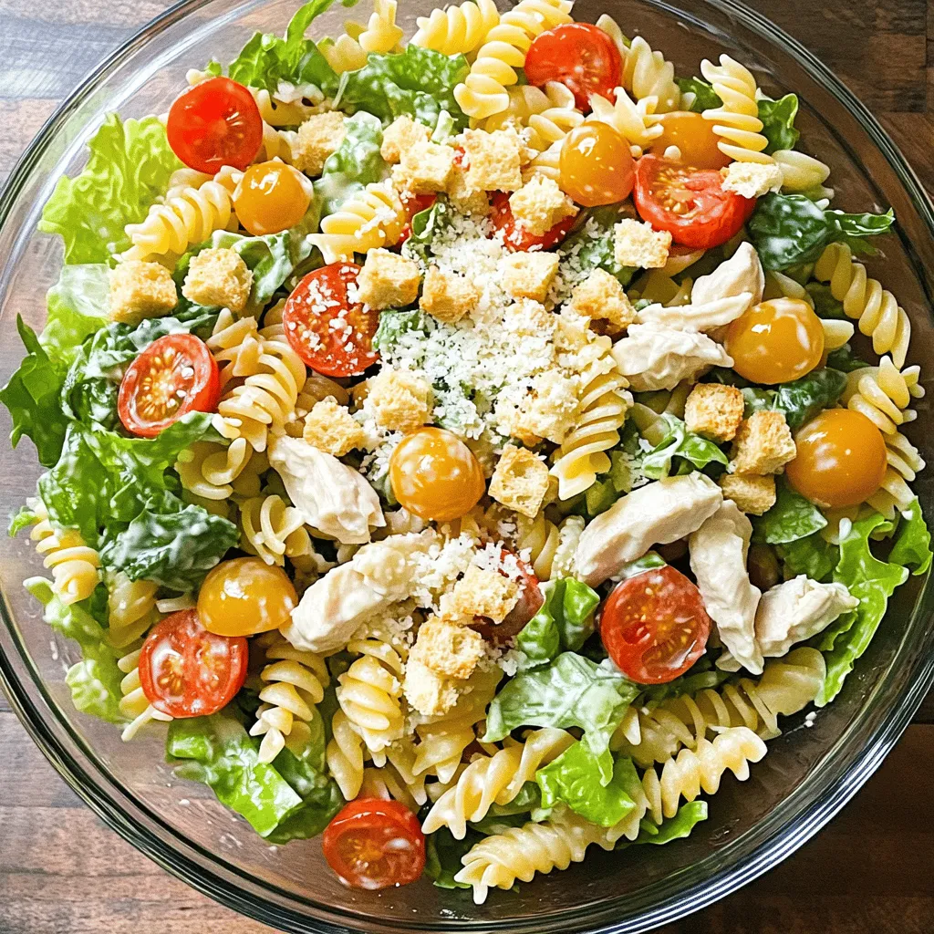 To make Chicken Caesar Pasta Salad, gather these key ingredients: - 2 cups rotini pasta - 1 tablespoon olive oil - 2 cups cooked chicken breast, diced - 1 cup Romaine lettuce, chopped - 1/2 cup cherry tomatoes, halved - 1/4 cup Parmesan cheese, grated - 1/4 cup Caesar dressing (store-bought or homemade) - Salt and pepper to taste - 1/2 teaspoon garlic powder - Croutons for topping These ingredients create a tasty dish. The rotini pasta serves as a great base. It holds the dressing and flavors well. The chicken adds protein and makes it filling. You can mix in some fun extras to make this salad your own. Here are some ideas: - Sliced black olives for a salty bite - Capers for a tangy twist - Avocado for creaminess - Bell peppers for some crunch - Fresh herbs like basil or parsley for added flavor Feel free to get creative! The optional ingredients can change the taste and look of your dish. Each ingredient plays an important role in this salad: - Rotini pasta: This pasta shape holds the dressing and adds texture. - Chicken breast: It provides protein, making the salad hearty. - Romaine lettuce: This leafy green adds crunch and freshness. - Cherry tomatoes: These add sweetness and color to the dish. - Parmesan cheese: It gives a rich, salty flavor that enhances the salad. - Caesar dressing: This ties all the flavors together and adds creaminess. - Olive oil: It helps to coat the ingredients and adds a nice taste. - Garlic powder: This gives a subtle depth of flavor. - Croutons: They add a delightful crunch at the end. With these ingredients, you create a balanced and flavorful salad. Each part contributes to a delicious meal. Try the Full Recipe to see how everything comes together! First, gather all your ingredients. You need rotini pasta, olive oil, cooked chicken, and Romaine lettuce. Don’t forget the cherry tomatoes, Parmesan cheese, and Caesar dressing. You can also add salt, pepper, and garlic powder. Chop and dice everything as needed. This makes mixing easier later. Now it's time to cook the rotini pasta. Bring a pot of salted water to a boil. Add the pasta and cook it according to the package instructions. Aim for al dente, which means it should be firm to the bite. Once done, drain the pasta and rinse it under cold water. This stops the cooking and cools it down fast. In a large bowl, combine the cooled pasta and diced chicken. Add in the chopped Romaine lettuce and halved cherry tomatoes. In a small bowl, whisk together the Caesar dressing, olive oil, garlic powder, salt, and pepper. Pour this over the pasta mixture. Toss everything gently until it’s well coated. Finish by sprinkling grated Parmesan cheese on top. Serve with croutons for that perfect crunch. For the full recipe, check out the earlier section. Cooking pasta might seem simple, but there are ways to get it just right. Start with a large pot of salted water. Use about one tablespoon of salt per gallon of water. This adds flavor to the pasta. Bring the water to a rolling boil before adding the rotini. Cook it until it is al dente, which means it has a slight bite. This takes about 8 to 10 minutes. Drain the pasta and rinse it under cold water. This stops the cooking and helps keep the pasta firm. The dressing is key to making your salad tasty. I recommend using a good Caesar dressing, whether store-bought or homemade. If you're making it yourself, mix olive oil, garlic powder, salt, and pepper. Whisk these ingredients together. This creates a creamy sauce that coats the pasta well. Pour the dressing over the pasta and other ingredients. Toss gently but well, so every piece gets flavor. This step makes the salad rich and delicious. How you serve the dish can make it more inviting. Use a large glass bowl to show off the colors. The green Romaine, red tomatoes, and golden pasta look great together. After mixing, sprinkle some extra Parmesan cheese on top. Add a few whole cherry tomatoes for a fresh touch. Finally, don’t forget the croutons! They add a nice crunch. These small details make your Chicken Caesar Pasta Salad not just tasty but also beautiful. You can find the full recipe above to guide you through every step. {{image_2}} You can add more veggies to your Chicken Caesar Pasta Salad for extra nutrition. Try adding bell peppers, cucumbers, or even broccoli. These veggies add vitamins and crunch. I love adding a handful of spinach for more color and taste. You can mix and match your favorites. This keeps the salad fresh and exciting. If you want to switch up the protein, go for shrimp or tofu. Shrimp cooks fast and adds a nice seafood flavor. Just sauté it in olive oil until it turns pink. For a vegetarian option, use cubed tofu. You can marinate it in the Caesar dressing for added flavor. Both options keep the dish packed with protein. If you or someone you know is gluten-free, there are great pasta options. Look for gluten-free rotini made from rice or quinoa. These options taste great and hold the dressing well. You won’t miss the regular pasta at all. Just follow the cooking instructions on the package for perfect results. For the full recipe, you can refer back to the ingredients and steps provided earlier. To store leftovers, place Chicken Caesar Pasta Salad in an airtight container. Make sure to seal it well. This helps keep the salad fresh and tasty. You can keep it in the fridge for up to three days. If you want to save a portion for later, add croutons just before serving. This keeps them crunchy. To keep your ingredients fresh, store each component separately. Keep the pasta, chicken, and veggies in separate containers. This prevents sogginess and keeps flavors bright. For the dressing, store it in a small jar. Shake it well before using it. Fresh Romaine lettuce lasts longer when wrapped in a paper towel. Place it in a plastic bag and store it in the fridge. To reheat the Chicken Caesar Pasta Salad, use the microwave. Place the salad in a microwave-safe bowl. Heat it in short bursts of 20 seconds. Stir after each interval to ensure even warming. Avoid overheating, as this can make the chicken tough. If you prefer, serve it cold. The flavors meld beautifully even after being chilled. For the best taste, enjoy it within three days of making it. If you want to follow the recipe again, check out the Full Recipe. Yes, you can make Chicken Caesar Pasta Salad ahead of time. This salad keeps well in the fridge. I recommend mixing the pasta, chicken, and veggies first. Store them in an airtight container. Wait to add the dressing until just before you serve. This keeps everything fresh and crunchy. If you want a different flavor, you can swap the Caesar dressing. Try ranch or balsamic vinaigrette as tasty options. You can also make a simple dressing with yogurt, lemon juice, and garlic. This adds a nice twist while keeping it light. To make this salad healthier, use whole grain pasta. You can also add more veggies like bell peppers or cucumbers. Instead of croutons, try nuts or seeds for crunch. Lastly, use Greek yogurt in place of some dressing for a creamy, lower-calorie option. For more details, check the Full Recipe. In this blog post, we explored the key ingredients for Chicken Caesar Pasta Salad and how to prepare it. You learned about the main and optional ingredients and their roles. I shared step-by-step instructions for making the dish, along with tips to enhance its flavor. Remember, you can customize this salad to fit your taste. Try adding veggies or different proteins for a twist. Storing leftovers the right way keeps it fresh for later. Enjoy making your salad, and don’t be afraid to experiment!