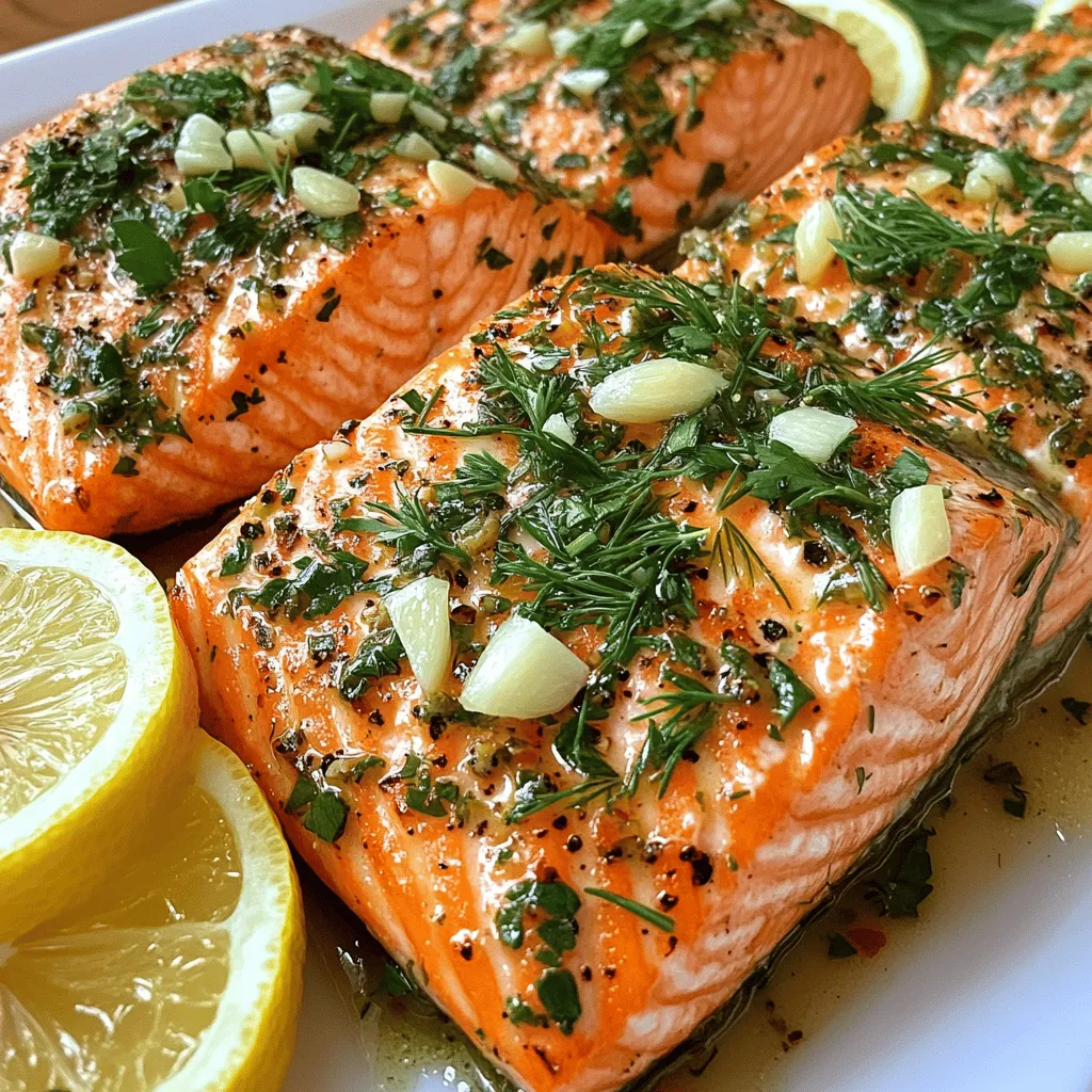 To make Garlic Herb Roasted Salmon, gather these key ingredients: - 4 salmon fillets (about 6 oz each) - 4 tablespoons olive oil - 4 garlic cloves, minced - 2 tablespoons fresh parsley, chopped - 1 tablespoon fresh dill, chopped - 1 tablespoon fresh thyme leaves - Juice of 1 lemon - Salt and pepper to taste - Lemon slices, for garnish Using the right measurements helps your salmon taste great. Each salmon fillet should get enough marinade. The olive oil adds richness. Garlic gives a strong flavor. Fresh herbs like parsley, dill, and thyme bring freshness. Lemon juice adds brightness. Salt and pepper balance all the flavors. Stick to the amounts listed for the best results. You can swap some ingredients if needed. Here are good options: - Use canola oil instead of olive oil. - Try other herbs like basil or cilantro instead of dill or thyme. - If you don’t have fresh herbs, dried ones work too. Use less, about one-third of the amount. - For a zesty twist, add lime juice instead of lemon juice. These swaps keep the dish tasty while fitting your needs. For the complete recipe, check out the Full Recipe link. First, set your oven to 400°F (200°C). This high heat helps the salmon cook fast. Next, line a baking sheet with parchment paper. It makes cleanup a breeze and keeps the salmon from sticking. In a small bowl, mix these ingredients: - 4 tablespoons olive oil - 4 garlic cloves, minced - 2 tablespoons fresh parsley, chopped - 1 tablespoon fresh dill, chopped - 1 tablespoon fresh thyme leaves - Juice of 1 lemon - Salt and pepper to taste Stir these well until they blend into a smooth mix. This herb marinade adds a fresh taste to the salmon. Place the salmon fillets on the baking sheet with the skin side down. Spoon the herb marinade over each fillet. Make sure they’re well-coated for the best flavor. Let the salmon sit for about 15-20 minutes. This allows the fish to soak up the marinade. After marinating, put the baking sheet in the oven. Bake the salmon for 12-15 minutes. It’s done when it flakes easily with a fork. Once cooked, let the salmon rest for a few minutes. Serve it hot with lemon slices on top. Enjoy this dish with a fresh salad or steamed veggies for a complete meal! For the full recipe, check out the Garlic Herb Roasted Salmon details. To cook salmon well, use methods that keep it moist. Roasting is my favorite. It gives a nice crust and keeps the fish juicy. You can also grill or pan-sear salmon. Each method adds a different flavor. Just remember to watch it closely. Salmon cooks fast! Flakiness is key for great salmon. To get it right, don’t overcook. Salmon is done when it turns opaque and flakes easily with a fork. Check it at the 12-minute mark. If it starts to pull apart, it’s ready! Letting it rest after cooking helps, too. This keeps the juices inside. Serve your garlic herb roasted salmon with fresh veggies or a crisp salad. The bright flavors pair well together. You can also add a side of rice or quinoa for a filling meal. A drizzle of extra lemon juice adds a nice touch. For the full recipe, check out the complete guide. {{image_2}} You can switch up the herbs in this garlic herb roasted salmon recipe. Instead of parsley, try basil or cilantro for a fresh twist. If you want a bolder taste, use rosemary or tarragon. You can even add a pinch of red pepper flakes for some heat. Feel free to mix and match your favorite herbs and spices. This keeps the dish exciting and opens up new flavors. If you want a smoky flavor, grilling is a great option. Preheat your grill to medium-high heat. Use the same marinade and follow steps 3 and 4 as before. Place the salmon on the grill, skin side down. Cook for about 6-8 minutes per side. Watch closely to avoid overcooking. Broiling is another quick method. Set your oven to broil and place the salmon on a baking sheet. Broil for about 6-8 minutes, until it flakes easily. Both methods give a tasty finish. For a cozy dinner, serve the salmon with creamy mashed potatoes and green beans. If you want a light lunch, a fresh salad with arugula and cherry tomatoes works well. For special occasions, add a side of quinoa or wild rice for a more gourmet touch. You can also pair this dish with a glass of white wine. Choose a Sauvignon Blanc or Chardonnay for a nice balance. Each pairing enhances the flavors of the salmon and makes the meal memorable. To store leftover salmon, let it cool first. Place it in an airtight container. Make sure to cover it well to keep it fresh. Store the container in the fridge. Leftover salmon stays good for up to three days. If you want to keep it longer, freezing is a great option. When you reheat leftover salmon, do it gently. Preheat your oven to 275°F (135°C). Place the salmon on a baking sheet. Cover it with foil to keep it moist. Heat for about 15 minutes, or until warm. Avoid microwaving, as it can dry out the fish. You can freeze garlic herb roasted salmon easily. Wrap each fillet tightly in plastic wrap. Then, place them in a freezer bag. Remove as much air as possible to prevent freezer burn. Frozen salmon lasts for up to three months. To thaw, move it to the fridge overnight before reheating. For the full recipe, check the section above. You should cook salmon to an internal temperature of 145°F (63°C). This makes it safe to eat. Use a food thermometer to check the center of the thickest part. When cooked right, salmon looks opaque and flakes easily with a fork. You can store leftover salmon in the fridge for up to three days. Keep it in an airtight container to keep it fresh. If you want to store it longer, consider freezing it. Just make sure to wrap it well to prevent freezer burn. Yes, you can use frozen salmon. Just make sure to thaw it first. The best way is to place it in the fridge overnight. If you're in a hurry, you can thaw it in cold water for about an hour. This helps keep the texture nice. Salmon is very healthy and packed with nutrients. It is high in omega-3 fatty acids, which are good for your heart. Salmon also has protein, vitamins, and minerals. Eating salmon can help improve brain function and lower the risk of heart disease. Plus, it’s a tasty way to boost your health! For more details, check out the Full Recipe for Garlic Herb Roasted Salmon. We explored the key ingredients and steps for making garlic herb roasted salmon. You learned about important measurements, ingredient swaps, and tips for cooking. Using the right techniques helps achieve perfect flakiness. You can also vary herbs and cooking methods for unique flavor. Store leftovers properly, and enjoy salmon’s health benefits. Keep these tips in mind, and you will impress with your cooking skills.