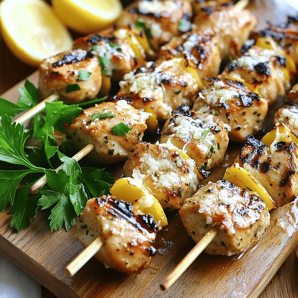 - 1 pound chicken breast, cut into 1-inch cubes - 3 tablespoons olive oil - 4 cloves garlic, minced - 1 teaspoon dried oregano - 1 teaspoon dried thyme - Salt and pepper to taste - ½ cup grated Parmesan cheese - 2 tablespoons fresh parsley, chopped (for garnish) - Wooden or metal skewers To create these tasty Garlic Parmesan Chicken Skewers, start with fresh chicken breast. Cut it into 1-inch cubes for even cooking. The marinade is key, so use fresh garlic, olive oil, oregano, and thyme. Don’t forget salt and pepper! The Parmesan cheese adds a nice touch at the end. - Other herbs and spices - Seasonal vegetables for skewering You can enhance the dish with extra herbs like basil or rosemary. Adding seasonal vegetables can also boost flavor. Bell peppers, zucchini, or cherry tomatoes work well. They add color and taste to your skewers. - Skewers (wooden or metal) - Grill or grill pan For cooking, you need skewers. Wooden skewers are great but soak them in water first. Metal skewers are reusable and easy to clean. A grill or grill pan is essential for that perfect char. Preheating is crucial to get the best results. For the full recipe, check out the detailed cooking instructions. To start, you need a hot grill. Preheat your grill to medium-high heat. This helps the chicken cook evenly and get those lovely grill marks. If you are using wooden skewers, soak them in water for about 30 minutes. This soaking will stop them from burning on the grill. Next, mix your marinade. In a bowl, combine 3 tablespoons of olive oil, 4 minced garlic cloves, 1 teaspoon each of dried oregano and thyme, and some salt and pepper. Stir well. Now, add your chicken cubes. Make sure every piece gets coated. Let the chicken marinate for at least 15 minutes. This time helps the flavors soak into the meat. While the chicken marinates, prepare your skewers. Thread the marinated chicken cubes onto the skewers. Leave some space between each piece. This allows for even cooking. Once done, place the skewers on the hot grill. Cook them for about 10 to 12 minutes. Turn them often to prevent burning. The chicken should reach an internal temperature of 165°F (74°C). In the last 2 minutes, sprinkle ½ cup of grated Parmesan cheese over the skewers. Close the grill lid to melt the cheese. Once finished, take the skewers off the grill and serve. Garnish with chopped fresh parsley for a touch of color. For the complete Garlic Parmesan Chicken Skewers recipe, check the Full Recipe section. To check if the chicken is done, use a meat thermometer. The chicken should reach 165°F (74°C). If you don’t have a thermometer, cut a piece open. The meat should be white, with no pink inside. If you want to cook indoors, you can use an oven or broiler. Set the oven to 400°F (200°C) and place the skewers on a baking sheet. Cook for about 15-20 minutes, turning halfway. You can add more flavor to your skewers with extra herbs and spices. Try adding a pinch of cayenne for heat or smoked paprika for a smoky touch. You can also brush on a sauce while grilling. A honey glaze or barbecue sauce can add a sweet kick. Just remember to add sauces in the last few minutes of cooking. This prevents burning while still adding flavor. For serving, lay the skewers on a rustic wooden board. This adds a nice touch. You can also use a colorful platter to make it pop. Adding lemon wedges gives a zesty appeal. For garnish, sprinkle fresh parsley over the top. It makes the dish look fresh and vibrant. You can serve the skewers with a side salad or your favorite dipping sauce. This adds variety and fun to your meal. For the full recipe, check out the detailed instructions provided. {{image_2}} You can switch up the protein in your garlic Parmesan chicken skewers. Try using tofu for a vegetarian option. Tofu absorbs flavors well, making it a good substitute. If you like seafood, shrimp works great too. Just remember to adjust cooking times; shrimp cooks faster than chicken. For those needing gluten-free options, ensure your ingredients are safe. Use gluten-free soy sauce if you choose to add some. Always check labels for hidden gluten. Want to spice things up? Add cayenne pepper or smoked paprika to the marinade. These spices will give your skewers a nice kick. If you prefer sweet flavors, try adding honey. Teriyaki sauce is another tasty option that pairs well with chicken. Mixing flavors keeps things fun. Experiment to find combinations you love. Don’t be afraid to play with your spices! You don’t have to grill to enjoy these skewers. You can bake them in the oven. Preheat your oven to 400°F (200°C). Place the skewers on a baking sheet and cook for about 20 minutes. This method works well if you don’t have a grill. Another way is to use a slow cooker. Place the skewers inside and cook on low for about 4 hours. This method makes the chicken super tender and juicy. Each cooking style gives the skewers a different taste, so feel free to try them all. Check out the Full Recipe for more details! To keep your Garlic Parmesan Chicken Skewers fresh, follow these tips: - Refrigeration: Place leftover skewers in an airtight container. They will stay good for 3-4 days in the fridge. - Freezing: For longer storage, you can freeze cooked skewers. Wrap them tightly in plastic wrap, then place them in a freezer bag. They last up to three months. When you're ready to enjoy leftovers, reheating is key. Here are some options to keep them tasty: - Oven: Preheat your oven to 350°F (175°C). Place skewers on a baking sheet and cover with foil. Heat for about 10-15 minutes. - Microwave: For a quick option, place skewers on a microwave-safe plate. Heat in 30-second bursts until warm. Both methods help maintain the texture and flavor of the chicken. If you want to prepare for the week ahead, meal prep can make life easier: - Prepare Chicken: Marinate chicken cubes in advance. Store them in a sealed bag or container for up to two days. - Storage Containers: Use glass or BPA-free plastic containers for easy reheating. Choose ones that fit your fridge well. Meal prepping helps you enjoy these skewers with less stress during busy days. Check out the Full Recipe to get started! Marinate the chicken for at least 15 minutes. This time helps the flavors soak in. For even better taste, you can marinate it for up to 2 hours. Just keep it in the fridge. The longer it sits, the more flavorful it becomes. Yes, you can add vegetables! Bell peppers, zucchini, and cherry tomatoes work great. They add color and taste. Cut them into similar sizes as the chicken. This way, everything cooks evenly on the grill. These skewers pair well with many sides. Consider a fresh salad or grilled corn. You can also serve them with a dip like ranch or tzatziki. Lemon wedges add a nice touch too. They brighten up the flavors and make your meal more fun. Check the chicken's internal temperature. It should reach 165°F (74°C). The meat should no longer be pink. If you cut into it, the juices should run clear. These signs help ensure your chicken is safe to eat. In this post, we explored making delicious chicken skewers. We covered the key ingredients, from chicken and marinade to tasty toppings. You learned how to prep the grill, marinate, and grill the perfect skewers. We also shared tips for enhancing flavors and presenting your dish. Remember, this recipe is flexible. You can substitute proteins, add veggies, or adjust seasonings. With these steps and tips, you can create tasty skewers to enjoy with your family. Happy grilling!