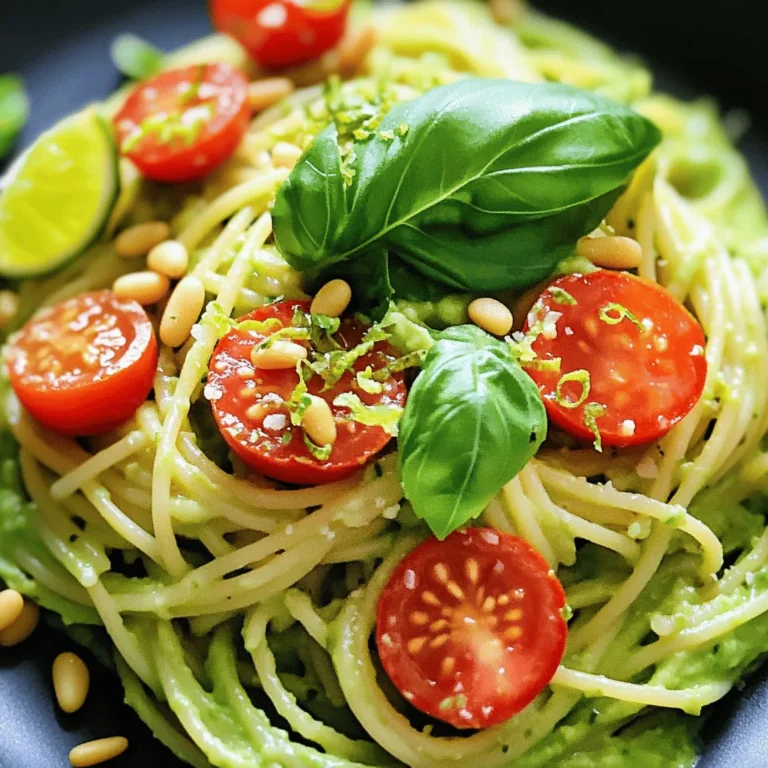 - 12 oz pasta (spaghetti or fettuccine) - 2 ripe avocados - 1 lime (juice and zest) - 2 cloves garlic, minced - 1/4 cup fresh basil leaves - 1/4 cup grated Parmesan cheese (or nutritional yeast for a vegan option) - 1/4 cup olive oil - Salt and pepper to taste - Cherry tomatoes, halved - Toasted pine nuts For creamy avocado lime pasta, start with fresh, ripe ingredients. The perfect avocados are key. They should feel soft but not mushy when you press them gently. Lime adds a bright, zesty punch. Use fresh lime juice and zest for the best flavor. You can choose any pasta you like, but spaghetti or fettuccine works best. They hold the creamy sauce well. The garlic adds a nice depth. I prefer fresh garlic, but you can use garlic powder if needed. Fresh basil adds a touch of herbaceous goodness, while Parmesan cheese gives a rich and savory note. If you need a vegan option, swap the Parmesan for nutritional yeast. You may want to garnish your dish with salt and pepper, cherry tomatoes, or toasted pine nuts. This adds extra flavor and a nice crunch. Check the [Full Recipe] for all the details. Happy cooking! - Step 1: Boil salted water. Fill a large pot with water. Add a tablespoon of salt. Bring it to a rolling boil. - Step 2: Cook to al dente. Add the pasta to the boiling water. Cook according to package directions, usually about 8 to 10 minutes. Stir occasionally to prevent sticking. - Step 3: Reserve pasta water, drain. Before draining, save one cup of the pasta water. After that, drain the pasta in a colander. - Step 1: Combine ingredients in a food processor. In the processor, add the ripe avocados, lime juice, lime zest, minced garlic, basil leaves, and Parmesan cheese. - Step 2: Blend until smooth. Pulse the mixture until it is creamy and smooth. If there are chunks, keep blending. - Step 3: Adjust consistency with reserved pasta water. If the sauce is too thick, add some reserved pasta water. Blend again until you reach your desired creaminess. - Step 1: Toss cooked pasta and avocado sauce. In a large mixing bowl, add the drained pasta. Pour the avocado sauce over it. Stir gently to combine. - Step 2: Adjust seasoning with salt and pepper. Taste the pasta. Add salt and pepper to suit your taste. Mix well again to ensure even seasoning. This creamy avocado lime pasta is quick to make and full of flavor. For the full recipe, check the details above. Enjoy your cooking! To get the best creamy texture, start with ripe avocados. Ripe avocados yield a smooth sauce. Check by gently squeezing the avocado; it should feel soft but not mushy. If you cut an avocado and find brown spots, just scoop them out. The rest is still good! When blending the sauce, add some pasta water. This helps you reach the perfect consistency. If the sauce is too thick, a little water goes a long way. Blend until it's silky and smooth. To boost flavor, consider adding fresh herbs like cilantro or parsley. They can really brighten up your dish. You might also try a pinch of red pepper flakes for some heat. If you want to switch up the cheese, use feta or goat cheese. They add a nice tangy taste. For a vegan option, nutritional yeast gives a cheesy flavor without the dairy. Avoid overcooking your pasta. Cook it until it's al dente, which means still firm when bitten. This gives your pasta the right bite and helps it hold the sauce better. For pasta types, spaghetti and fettuccine work great. They both mix well with the creamy sauce. If you're in the mood for something different, try whole wheat or gluten-free pasta. Each type brings its own unique flavor and texture. For the Full Recipe, check the main guide. {{image_2}} You can easily make this creamy avocado lime pasta vegan. Just swap the Parmesan cheese for nutritional yeast. This change gives a nice cheesy flavor without any dairy. You can also add plant-based ingredients like spinach or kale for extra nutrition. These greens blend well into the sauce, making it even creamier and richer. Want to make your pasta heartier? Consider adding protein. Cooked chicken or shrimp works great with this dish. Simply toss them in with the pasta and sauce. If you prefer plant-based options, tofu is a perfect choice. Just cube and sauté it before mixing it in. You’ll get a filling meal that tastes amazing. You can use various pasta types for this recipe. If you're gluten-free, there are many great options like brown rice or quinoa pasta. For a low-carb choice, try zucchini noodles or chickpea pasta. Both options add unique flavors and textures, making your dish exciting and healthy. To keep your creamy avocado lime pasta fresh, place it in an airtight container. Make sure to let it cool down before sealing the lid. This helps to avoid steam build-up, which can cause sogginess. Glass or BPA-free plastic containers work best for storing leftovers. They help keep flavors intact and allow easy reheating later. When reheating, avoid the microwave if possible. It can make the pasta mushy. Instead, use a skillet over low heat. Add a splash of olive oil or a bit of reserved pasta water to keep the sauce creamy. Stir gently for about 5 minutes or until heated through. This method helps maintain the texture. You can freeze the avocado sauce, but it’s best to do this before mixing it with pasta. Just place the sauce in a freezer-safe bag or container. When ready to use, let it thaw in the fridge overnight. For cooked pasta, freeze it plain, avoiding saucing it first. Store it in a freezer bag, removing as much air as possible. To enjoy, thaw and reheat with your avocado sauce. This keeps the flavors fresh and tasty. For the full recipe, check out the Creamy Avocado Lime Pasta section above! If you want a dairy-free option, use nutritional yeast. It adds a cheesy flavor without dairy. You can also try pecorino cheese for a similar taste. Yes, you can prep the sauce in advance. Store it in an airtight container. The pasta is best fresh, but you can cook it ahead. Just keep it in the fridge. Look for avocados that feel slightly soft when you squeeze them. The skin should be dark green or black. If you cut into a ripe avocado, use lemon juice to stop browning. Add fresh herbs like parsley or cilantro for a flavor boost. You can also sprinkle some chili flakes for heat. A squeeze of extra lime juice brightens the dish without adding calories. This recipe offers a creamy avocado pasta that is both simple and tasty. You learned about the key ingredients and steps. You also discovered tips for variations, storage, and FAQs. In this dish, fresh avocados shine. You can easily customize it to fit your needs. Whether vegan or hearty, it's perfect for any meal. Enjoy making this fun and healthy pasta dish!