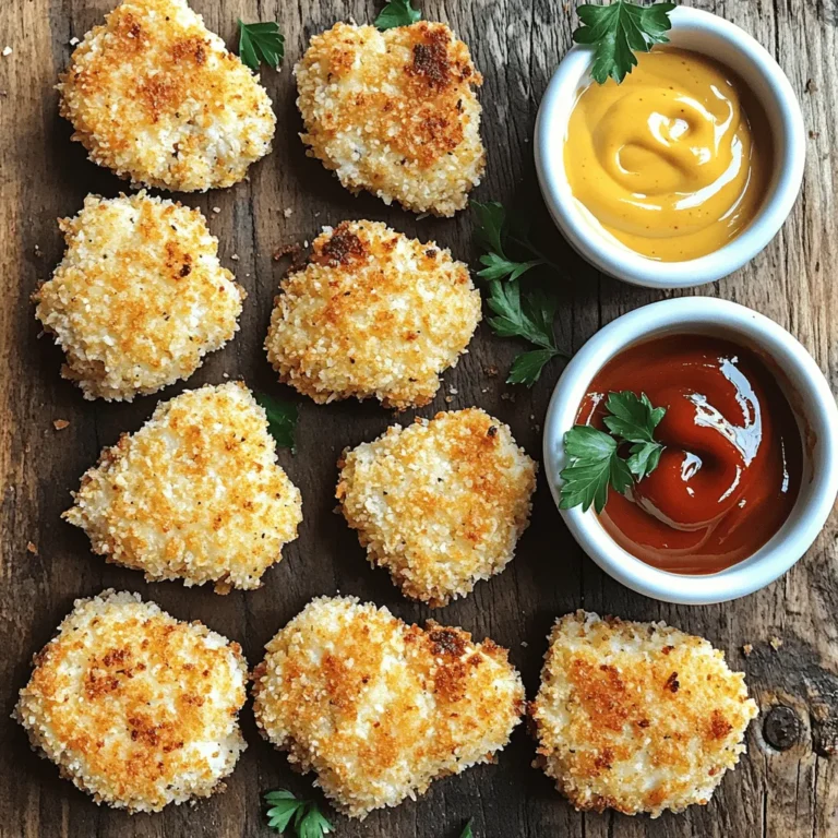 - 1 pound boneless, skinless chicken breasts - 1 cup buttermilk - 1 cup all-purpose flour - Garlic powder - Onion powder - Smoked paprika - Salt - Black pepper - Cayenne pepper (optional) - 1 cup breadcrumbs (preferably panko) - Cooking spray or olive oil When making crispy baked chicken nuggets, the choice of ingredients is key. First, use fresh chicken breasts. They need to be boneless and skinless for the best texture. Cut them into bite-sized pieces for even cooking. Next, buttermilk is a must. It helps tenderize the chicken and adds flavor. You can also add your favorite spices to the buttermilk for extra taste. All-purpose flour acts as a base for the breading. Mix it with seasonings like garlic powder, onion powder, and smoked paprika. These spices give the nuggets a great taste. For the breading, I suggest using panko breadcrumbs. They are lighter and crispier than regular breadcrumbs. This helps achieve that perfect crunch. Finally, don't forget the cooking spray or olive oil. A light drizzle helps the nuggets crisp up in the oven. You can find the Full Recipe online for more details. First, grab a bowl. Combine the chicken pieces and buttermilk. This helps the chicken stay moist. Cover the bowl with plastic wrap. Place it in the fridge to marinate for at least one hour. If you have time, let it sit overnight. This will add more flavor. Now, it’s time to prepare your oven. Preheat it to 400°F (200°C). While the oven heats, line the baking sheet with parchment paper. This keeps the nuggets from sticking. It also makes cleanup a breeze. Next, set up your breading station. In one bowl, mix the flour, garlic powder, onion powder, smoked paprika, salt, black pepper, and cayenne pepper. In another bowl, place the breadcrumbs. This will help you coat the chicken easily. Take the chicken out of the buttermilk. Let any excess drip off. First, dredge each piece in the flour mixture. Shake off the extra flour. Then, dip the chicken back into the buttermilk. Finally, coat it with the breadcrumbs. Make sure each piece is well-covered. Now, arrange the breaded chicken nuggets on the baking sheet. Space them apart to allow for even cooking. Lightly spray the tops with cooking spray or drizzle with olive oil. This adds extra crispiness. Bake the nuggets in the preheated oven for 15 to 20 minutes. Flip them halfway through cooking time. This step ensures they brown evenly. When they are golden brown and cooked through, they are ready to enjoy! To get that perfect crunch, use panko breadcrumbs. They create a great texture. Before baking, lightly spray the tops of the nuggets with cooking spray. This helps them crisp up nicely. You can also drizzle a bit of olive oil for extra flavor. Marinating your chicken longer gives it better flavor. Aim for at least one hour, but overnight is best. This deep soak lets the spices permeate the meat, ensuring every bite bursts with taste. It makes a big difference! Serve your crispy chicken nuggets with a range of tasty dipping sauces. Honey mustard, barbecue sauce, and ranch dressing are popular choices. For a nice touch, sprinkle fresh parsley on top. It adds color and freshness, making your dish look even more appetizing. {{image_2}} You can easily make this recipe fit your needs. If you want gluten-free chicken nuggets, switch to gluten-free breadcrumbs. This change keeps the crunch while making it safe for gluten-sensitive folks. You can also make a dairy-free version. Simply replace buttermilk with a plant-based milk mixed with lemon juice. This mix adds the needed tang without dairy. Want to change up the flavor? You can add herbs like thyme or oregano for an earthy touch. Just mix them into the flour before coating the chicken. If you like spice, adjust the heat. Try adding different peppers, like jalapeños or chili powder, to the breading mix. This tweak gives your nuggets a kick! You have options for cooking your nuggets. Air frying is a great choice for a crispy finish with less oil. Just set your air fryer to 400°F (200°C) and cook for about 10-12 minutes. If you want a different texture, try pan-frying. Heat oil in a skillet and cook each nugget until golden brown. This method adds flavor but isn't as healthy. Choose what fits your mood! To keep your crispy baked chicken nuggets fresh, use airtight containers. Glass or plastic containers work well. Make sure to let the nuggets cool down before storing them. This helps prevent moisture buildup. You can refrigerate them for up to three days. If you want to keep them longer, freezing is a great option. Wrap the nuggets in plastic wrap or foil, then place them in a freezer bag. They can last for up to three months in the freezer. Reheating your chicken nuggets can be tricky. You want to keep them crispy and tasty. The best method is to use an oven. Preheat your oven to 375°F (190°C). Place the nuggets on a baking sheet for even heating. Heat them for about 10-12 minutes. Flip them halfway through to ensure crispiness. If you use a microwave, the nuggets may become soggy. If you must use a microwave, heat them for 30 seconds, then check. You might need to reheat them longer. Always check the internal temperature; it should reach 165°F (74°C) before eating. To make chicken nuggets crispy, use breadcrumbs and cooking spray. - Breadcrumbs: I prefer panko breadcrumbs. They are light and give a great crunch. - Cooking Spray: A light spray adds moisture and helps brown the nuggets while baking. Using these two ingredients together makes your nuggets extra crispy and delicious. You can skip marinating, but I don’t recommend it. - Flavor: Marinating adds great flavor from buttermilk. - Texture: Skipping it may leave the chicken dry. For the best results, marinate for at least one hour. I love to dip my chicken nuggets in various sauces. Here are my favorites: - Homemade Honey Mustard: Just mix honey and mustard. - Barbecue Sauce: A classic choice that adds a sweet and smoky taste. - Ranch Dressing: Creamy and flavorful, perfect for chicken nuggets. You can also try store-bought options for quick pairings. Homemade chicken nuggets last about 3 to 4 days in the fridge. - Storage: Keep them in an airtight container. - Safety Tips: If they smell odd or look strange, throw them away. Proper storage helps keep your nuggets tasty and safe to eat! In this blog post, we explored making chicken nuggets from scratch. We covered ingredients, marination, and baking steps. I shared tips for extra crispiness and ways to adapt the recipe for dietary needs. Enjoying homemade chicken nuggets is a treat. Whether you prefer baked or air-fried, the flavor can top any store-bought option. With these steps and variations, you can create a delicious meal. Try these, and you'll impress family and friends with your cooking skills!