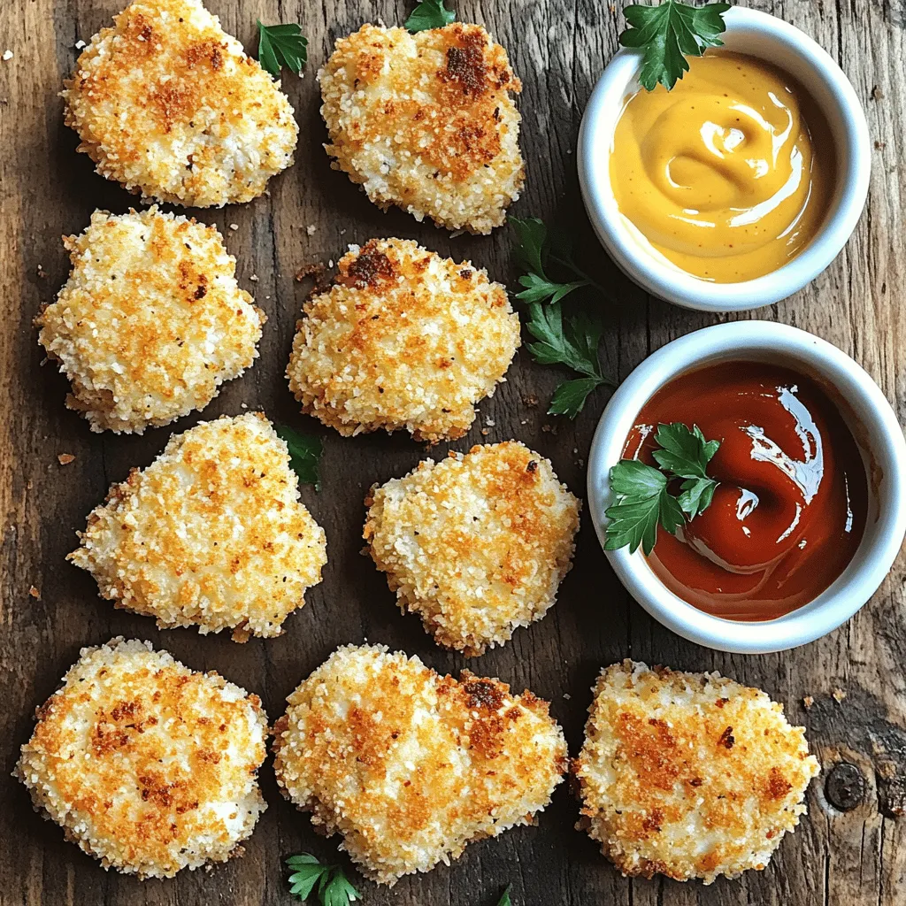 - 1 pound boneless, skinless chicken breasts - 1 cup buttermilk - 1 cup all-purpose flour - Garlic powder - Onion powder - Smoked paprika - Salt - Black pepper - Cayenne pepper (optional) - 1 cup breadcrumbs (preferably panko) - Cooking spray or olive oil When making crispy baked chicken nuggets, the choice of ingredients is key. First, use fresh chicken breasts. They need to be boneless and skinless for the best texture. Cut them into bite-sized pieces for even cooking. Next, buttermilk is a must. It helps tenderize the chicken and adds flavor. You can also add your favorite spices to the buttermilk for extra taste. All-purpose flour acts as a base for the breading. Mix it with seasonings like garlic powder, onion powder, and smoked paprika. These spices give the nuggets a great taste. For the breading, I suggest using panko breadcrumbs. They are lighter and crispier than regular breadcrumbs. This helps achieve that perfect crunch. Finally, don't forget the cooking spray or olive oil. A light drizzle helps the nuggets crisp up in the oven. You can find the Full Recipe online for more details. First, grab a bowl. Combine the chicken pieces and buttermilk. This helps the chicken stay moist. Cover the bowl with plastic wrap. Place it in the fridge to marinate for at least one hour. If you have time, let it sit overnight. This will add more flavor. Now, it’s time to prepare your oven. Preheat it to 400°F (200°C). While the oven heats, line the baking sheet with parchment paper. This keeps the nuggets from sticking. It also makes cleanup a breeze. Next, set up your breading station. In one bowl, mix the flour, garlic powder, onion powder, smoked paprika, salt, black pepper, and cayenne pepper. In another bowl, place the breadcrumbs. This will help you coat the chicken easily. Take the chicken out of the buttermilk. Let any excess drip off. First, dredge each piece in the flour mixture. Shake off the extra flour. Then, dip the chicken back into the buttermilk. Finally, coat it with the breadcrumbs. Make sure each piece is well-covered. Now, arrange the breaded chicken nuggets on the baking sheet. Space them apart to allow for even cooking. Lightly spray the tops with cooking spray or drizzle with olive oil. This adds extra crispiness. Bake the nuggets in the preheated oven for 15 to 20 minutes. Flip them halfway through cooking time. This step ensures they brown evenly. When they are golden brown and cooked through, they are ready to enjoy! To get that perfect crunch, use panko breadcrumbs. They create a great texture. Before baking, lightly spray the tops of the nuggets with cooking spray. This helps them crisp up nicely. You can also drizzle a bit of olive oil for extra flavor. Marinating your chicken longer gives it better flavor. Aim for at least one hour, but overnight is best. This deep soak lets the spices permeate the meat, ensuring every bite bursts with taste. It makes a big difference! Serve your crispy chicken nuggets with a range of tasty dipping sauces. Honey mustard, barbecue sauce, and ranch dressing are popular choices. For a nice touch, sprinkle fresh parsley on top. It adds color and freshness, making your dish look even more appetizing. {{image_2}} You can easily make this recipe fit your needs. If you want gluten-free chicken nuggets, switch to gluten-free breadcrumbs. This change keeps the crunch while making it safe for gluten-sensitive folks. You can also make a dairy-free version. Simply replace buttermilk with a plant-based milk mixed with lemon juice. This mix adds the needed tang without dairy. Want to change up the flavor? You can add herbs like thyme or oregano for an earthy touch. Just mix them into the flour before coating the chicken. If you like spice, adjust the heat. Try adding different peppers, like jalapeños or chili powder, to the breading mix. This tweak gives your nuggets a kick! You have options for cooking your nuggets. Air frying is a great choice for a crispy finish with less oil. Just set your air fryer to 400°F (200°C) and cook for about 10-12 minutes. If you want a different texture, try pan-frying. Heat oil in a skillet and cook each nugget until golden brown. This method adds flavor but isn't as healthy. Choose what fits your mood! To keep your crispy baked chicken nuggets fresh, use airtight containers. Glass or plastic containers work well. Make sure to let the nuggets cool down before storing them. This helps prevent moisture buildup. You can refrigerate them for up to three days. If you want to keep them longer, freezing is a great option. Wrap the nuggets in plastic wrap or foil, then place them in a freezer bag. They can last for up to three months in the freezer. Reheating your chicken nuggets can be tricky. You want to keep them crispy and tasty. The best method is to use an oven. Preheat your oven to 375°F (190°C). Place the nuggets on a baking sheet for even heating. Heat them for about 10-12 minutes. Flip them halfway through to ensure crispiness. If you use a microwave, the nuggets may become soggy. If you must use a microwave, heat them for 30 seconds, then check. You might need to reheat them longer. Always check the internal temperature; it should reach 165°F (74°C) before eating. To make chicken nuggets crispy, use breadcrumbs and cooking spray. - Breadcrumbs: I prefer panko breadcrumbs. They are light and give a great crunch. - Cooking Spray: A light spray adds moisture and helps brown the nuggets while baking. Using these two ingredients together makes your nuggets extra crispy and delicious. You can skip marinating, but I don’t recommend it. - Flavor: Marinating adds great flavor from buttermilk. - Texture: Skipping it may leave the chicken dry. For the best results, marinate for at least one hour. I love to dip my chicken nuggets in various sauces. Here are my favorites: - Homemade Honey Mustard: Just mix honey and mustard. - Barbecue Sauce: A classic choice that adds a sweet and smoky taste. - Ranch Dressing: Creamy and flavorful, perfect for chicken nuggets. You can also try store-bought options for quick pairings. Homemade chicken nuggets last about 3 to 4 days in the fridge. - Storage: Keep them in an airtight container. - Safety Tips: If they smell odd or look strange, throw them away. Proper storage helps keep your nuggets tasty and safe to eat! In this blog post, we explored making chicken nuggets from scratch. We covered ingredients, marination, and baking steps. I shared tips for extra crispiness and ways to adapt the recipe for dietary needs. Enjoying homemade chicken nuggets is a treat. Whether you prefer baked or air-fried, the flavor can top any store-bought option. With these steps and variations, you can create a delicious meal. Try these, and you'll impress family and friends with your cooking skills!