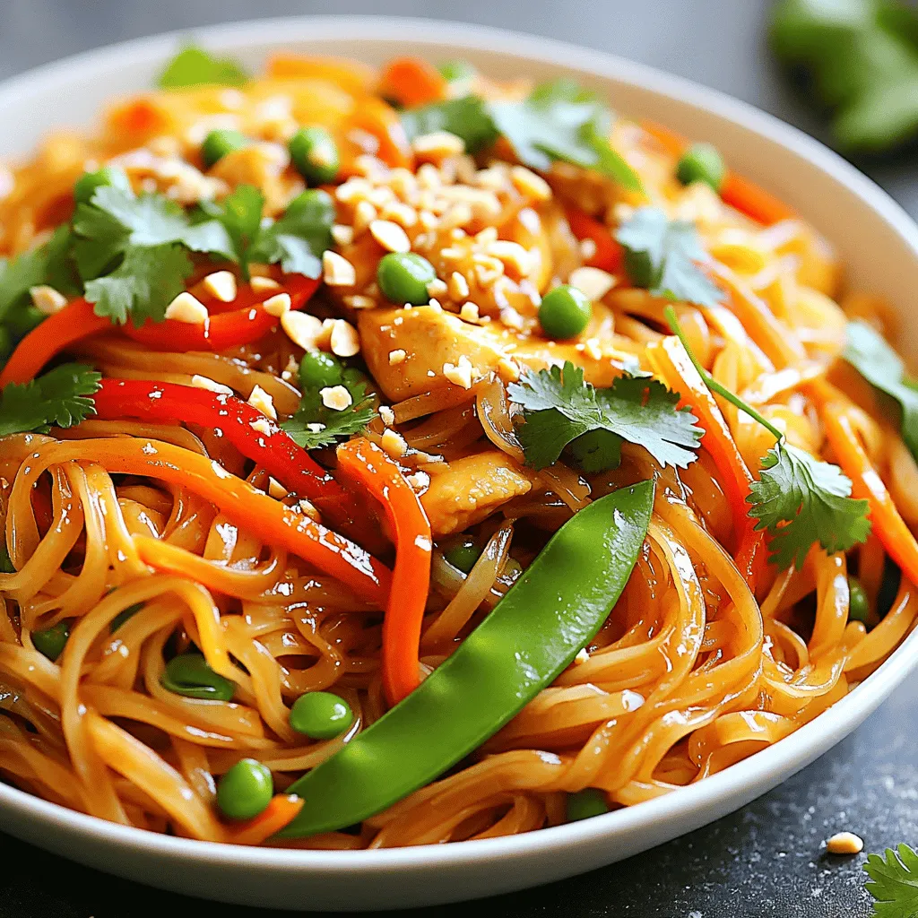 - 8 oz rice noodles - 2 tablespoons vegetable oil - 3 cloves garlic, minced - 1 red bell pepper, sliced - 1 cup snap peas - 1 carrot, julienned - 1 cup cooked chicken or tofu (for a vegetarian option) - 3 tablespoons soy sauce - 2 tablespoons brown sugar - 1 tablespoon chili paste (adjust for heat preference) - 1 tablespoon lime juice - Fresh cilantro and crushed peanuts (for garnish) In this tasty recipe, the rice noodles serve as a perfect base. You will love how they soak up the sweet and spicy sauce. The garlic adds depth, while the vegetable oil helps everything sizzle nicely. Use fresh veggies for crunch and color. The bell pepper brings sweetness, and snap peas add a nice snap. The carrot gives a bright look and a touch of sweetness. You can add cooked chicken for protein or tofu for a plant-based meal. The sauce is where the magic happens. Soy sauce adds saltiness, while brown sugar balances the heat. Adjust the chili paste to your liking; it can be mild or spicy! Lime juice adds a zing that brightens every bite. Don't forget to sprinkle fresh cilantro and crushed peanuts on top for a lovely finish. For the full recipe, check out the complete instructions. 1. Cook the rice noodles according to package instructions. 2. Drain and rinse under cold water, then set aside. The noodles are key to this dish. I prefer rice noodles for their soft texture. They soak up the sauce well, making each bite tasty. 1. Heat vegetable oil in a skillet or wok. 2. Add garlic and sauté until fragrant. 3. Incorporate sliced bell pepper, snap peas, and carrot. Starting with garlic brings out great flavors. The bell pepper adds sweetness, while snap peas and carrots add crunch. Cook until tender but still crisp. This keeps the veggies vibrant and fresh. 1. Add cooked chicken or tofu to the skillet. 2. Whisk together the sauce ingredients and pour over the mixture. 3. Toss in the noodles and mix thoroughly. For protein, chicken or tofu works great. Whisking the sauce helps blend the flavors. Pour it over everything in the skillet. Toss in the noodles and mix well, ensuring they soak up that sweet and spicy goodness. You can find the full recipe for Sweet and Spicy Thai Noodles to follow these steps easily. To make your Sweet and Spicy Thai Noodles just right, adjust the chili paste. If you want more heat, add a little more paste. If it's too spicy, add more noodles or veggies to balance it out. For sweetness, you can play with the brown sugar. Adding more sugar makes the dish sweeter. If you prefer a savory taste, increase the soy sauce instead. Using a wok is key for this dish. A wok heats evenly and cooks food fast. This way, your noodles and veggies stay crisp. To prevent mushy noodles, don’t overcook them. Cook them just until they are tender, then drain and rinse. Rinsing helps stop the cooking process. Garnishing makes your dish pop! Use fresh cilantro for a bright touch. Crushed peanuts add crunch and flavor. Serve your noodles in a large bowl for sharing. You can also pair them with spring rolls or a fresh salad for a complete meal. This way, you create a feast that looks as good as it tastes. For the full recipe, check out the details above. {{image_2}} You can easily make Sweet and Spicy Thai Noodles vegetarian or vegan. Start by swapping chicken for tofu or tempeh. Both options soak up flavor well and add protein. Tofu gives a nice texture, while tempeh offers a nutty taste. Next, add extra vegetables like broccoli or zucchini. They boost nutrition and add color to your dish. You can also use bell peppers, snap peas, or carrots, which are already in the recipe. This way, your meal remains vibrant and exciting. If you need a gluten-free option, there are simple swaps. Use gluten-free soy sauce alternatives, like tamari. It has a similar taste without gluten. For the noodles, you can try rice noodles, which are naturally gluten-free. Another option is using zucchini noodles or shirataki noodles. Both alternatives keep the dish light and tasty. To change the flavor profile, experiment with different protein options. Shrimp or beef can add a new twist to your dish. They cook quickly and pair well with the sauce. If you want more heat, try adding Sriracha or fresh chili. Start with a small amount and adjust to your taste. This will give your noodles a nice kick. For the full recipe, refer to the section above. After cooking, let the Sweet and Spicy Thai Noodles cool. Place them in airtight containers. Proper cooling helps keep the flavor fresh. You can safely eat them for 3 to 4 days. Make sure to check for any signs of spoilage before eating. The best way to reheat these noodles is in a skillet. Heat a little oil over medium heat. Add the noodles and stir until hot. This keeps the noodles from getting mushy. You can also use a microwave. Use a microwave-safe dish and cover it. Heat in short bursts to avoid overcooking. You can freeze the noodles and sauce separately for best results. Place them in freezer-safe bags or containers. When you're ready to eat, thaw them overnight in the fridge. For quick thawing, use the microwave on low. Reheat them in a skillet for the best texture. Enjoy your meal! Sweet and Spicy Thai Noodles come from Thailand. They mix sweet, salty, and spicy flavors. The dish often uses rice noodles, fresh veggies, and protein like chicken or tofu. The sauce combines soy sauce, brown sugar, and chili paste. This mix gives it a great taste. The balance of flavors makes it a favorite in Thai cuisine. Yes, you can easily make this dish vegetarian or vegan. Just swap the chicken for tofu or tempeh. For a vegan sauce, ensure the soy sauce is without added fish products. You can add extra veggies like broccoli or bell peppers for more flavor and nutrition. This way, everyone can enjoy it! To keep the noodles from sticking, rinse them under cold water after cooking. This cools them down and removes extra starch. Also, cook them just until al dente. If they clump, you can toss them with a little oil. This helps keep them separate while you cook the rest of the dish. Several side dishes go well with Sweet and Spicy Thai Noodles. Fresh spring rolls add a nice crunch and freshness. A simple cucumber salad with lime juice and cilantro also works well. You can serve these sides to enhance your meal and create a more balanced dinner. Yes, this recipe is great for meal prep. You can make a large batch and store it in airtight containers. It stays fresh for about 3-4 days in the fridge. Just reheat in a skillet to keep the noodles from getting soggy. You can also freeze portions if you want to save some for later. Check the Full Recipe for more details on storage. This blog post showed you how to create a tasty dish with sweet and spicy Thai noodles. You learned about the main ingredients, cooking steps, and options for variations. Remember, you can customize your meal with different proteins and veggies. Don’t forget about proper storage for leftovers. Enjoy making this dish, and feel free to share your twists on the recipe. Cooking should be fun and flavorful. Dive in and enjoy your creation!