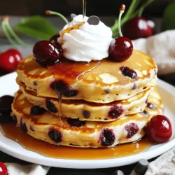 - 1 cup all-purpose flour - 2 tablespoons sugar - 2 teaspoons baking powder - 1/2 teaspoon salt - 1 cup milk - 1 large egg - 2 tablespoons melted butter - 1/2 cup fresh cherries, pitted and chopped - 1/2 cup chocolate chips - Optional: whipped cream and additional cherries for serving The ingredients are simple and easy to find. Start with flour, sugar, and baking powder. These form the base of your pancake batter. Add salt for flavor. Milk and a large egg bind everything together. Melted butter adds richness. The star ingredients are fresh cherries and chocolate chips. They bring sweet and tart flavors that make each bite special. - Gluten-free flour options: Use a gluten-free flour blend to keep it safe for everyone. - Dairy-free milk suggestions: Almond milk or oat milk work well in this recipe. - Egg substitutes: Try using a flax egg or applesauce if you need a vegan option. If you have dietary needs, don't worry! You can easily swap out ingredients. Gluten-free flour blends are available at most stores. Dairy-free milks are just as creamy and delicious. For eggs, a flax egg is simple to make. Just mix one tablespoon of flaxseed meal with three tablespoons of water. - Choosing ripe cherries: Look for firm cherries with a deep red color. They should smell sweet and fruity. - Using high-quality chocolate chips: Good chocolate chips make a big difference. Look for semi-sweet or dark chocolate for the best taste. When choosing cherries, freshness is key. Ripe cherries are sweet and juicy, giving your pancakes a burst of flavor. Always pick the best chocolate chips. High-quality chocolate melts beautifully and enhances the taste of your pancakes. For the full recipe, check the previous section! Mixing dry ingredients Start by taking a large bowl. Add 1 cup of all-purpose flour, 2 tablespoons of sugar, 2 teaspoons of baking powder, and 1/2 teaspoon of salt. Use a whisk to mix these together. This step is key for even flavor in your pancakes. Combining wet ingredients In another bowl, combine 1 cup of milk, 1 large egg, and 2 tablespoons of melted butter. Whisk these until they blend well. This mixture will add moisture and richness to your pancakes. Preheating the skillet Now, preheat a non-stick skillet over medium heat. Lightly grease it with butter or cooking spray. A hot skillet helps the pancakes cook evenly and get that nice golden color. Cooking the pancakes correctly Pour about 1/4 cup of batter onto the skillet for each pancake. Cook until bubbles form on the surface, usually about 2-3 minutes. This shows that the pancake is ready to flip. Flip it and cook for another 2-3 minutes until golden brown. Transfer the pancakes to a plate and keep them warm while you finish the rest of the batch. How to stack pancakes Stack the pancakes high on a plate for a stunning presentation. The height makes them look extra tasty and fun to eat. Recommended toppings like whipped cream Top your pancakes with a generous dollop of whipped cream and extra cherries if you like. You can also drizzle maple syrup or chocolate sauce for an extra treat! Enjoy your Cherry Chocolate Chip Pancakes! For the full recipe, refer back to the main article. To make the best cherry chocolate chip pancakes, avoid overmixing the batter. When you mix, do it gently. It’s fine to have some lumps in your batter. Overmixing makes pancakes tough. Next, control the temperature while cooking. Preheat your skillet to medium heat. If it’s too hot, the pancakes burn on the outside and stay raw inside. Adding vanilla extract gives your pancakes a lovely flavor. Just a teaspoon can make a big difference. You can also infuse spices like cinnamon for extra warmth. A pinch of cinnamon pairs well with cherries. Make your pancakes look great! Stack them neatly on a plate. For a special touch, drizzle with maple syrup or chocolate sauce. Garnish with fresh cherries on top. This makes your dish pop and tastes amazing too. For the complete recipe, check out the Full Recipe section. {{image_2}} You can swap out cherries for other berries. Blueberries add a sweet burst. Raspberries bring a tangy kick. You can mix these berries with cherries, too. A blend of flavors makes your pancakes special. Try using different types of chocolate for your pancakes. Dark chocolate chips give a rich taste. White chocolate adds a sweet creaminess. You can also skip the chips and drizzle chocolate sauce on top. It adds a fun twist to your meal. You can make mini pancakes for a fun bite-sized treat. They are perfect for kids or as a snack. Regular-sized pancakes are great for a filling breakfast. You can also play with the thickness. Thin pancakes cook faster and are light, while thick pancakes are fluffy and hearty. To store leftover pancakes, let them cool first. Place them in a stack with parchment paper between each pancake. This helps to keep them from sticking together. Use an airtight container to keep them fresh. They can stay in the fridge for up to three days. When you’re ready to eat them, just pull them out! If you want to freeze your pancakes, follow these steps: - Cool the pancakes completely. - Stack them with parchment paper in between. - Wrap the stack in plastic wrap or foil. - Put the wrapped stack in a freezer-safe bag. - Label the bag with the date. You can freeze them for up to two months. When you're ready to enjoy your pancakes, take them out of the freezer. To reheat pancakes, you have a few good options. - Microwave: Place a pancake on a plate. Cover it with a damp paper towel. Heat for about 20 seconds. Check if it’s warm enough. - Oven: Preheat oven to 350°F. Place pancakes on a baking sheet. Cover with foil to keep them moist. Heat for 10 minutes. - Skillet: Warm a non-stick skillet over low heat. Add a little butter. Heat each pancake for about 1-2 minutes on each side. These methods help keep your pancakes fluffy and tasty! For the full recipe, check back to the beginning. Yes, you can make Cherry Chocolate Chip Pancakes ahead of time. To prep, cook the pancakes as usual. Let them cool completely. Then, layer the pancakes with parchment paper between each one. Place them in a sealed container in the fridge for up to three days. You can also freeze them. Just stack them with parchment paper and put them in a freezer bag. To reheat, pop them in the toaster or microwave. This way, you can enjoy quick breakfasts all week long! If you want to substitute milk, you have many options. Almond milk, soy milk, oat milk, and coconut milk work well. Each brings a unique flavor. Choose unsweetened options to keep the taste balanced. You can also use yogurt mixed with water for a creamy texture. Just remember to adjust the liquid amounts if needed. To make Cherry Chocolate Chip Pancakes healthier, you can reduce the sugar. Try using only one tablespoon instead of two. You can also swap some all-purpose flour for whole wheat flour. This adds fiber and nutrients. Adding mashed bananas or unsweetened applesauce can also cut sugar and add moisture. These simple changes help you enjoy a tasty breakfast while staying healthy! In this blog post, we explored how to make delicious cherry chocolate chip pancakes. We covered essential ingredients, substitutes, and tips for using fresh items. You learned step-by-step instructions for perfect pancakes and ideas for serving and storing them. Remember, small changes can make a big difference in flavor and texture. Try different fruits or adjust the recipe to suit your taste. Enjoy the process, and make each batch your own!