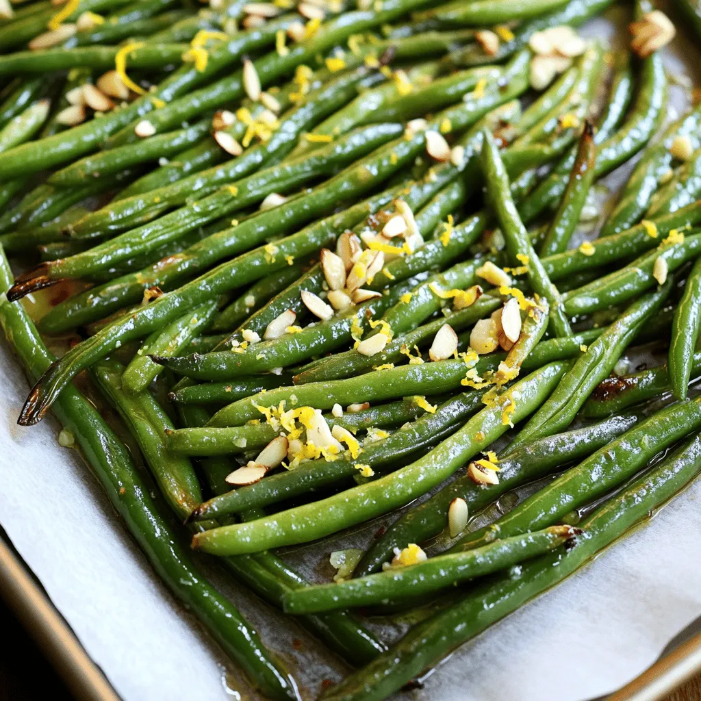 To make Garlic Lemon Roasted Green Beans, you need fresh and simple items. Here is the list: - 1 lb fresh green beans, trimmed - 4 cloves garlic, minced - 3 tablespoons olive oil - Zest and juice of 1 lemon - 1 teaspoon sea salt - 1/2 teaspoon black pepper - 1/4 teaspoon red pepper flakes (optional for heat) - 2 tablespoons slivered almonds (for garnish) These ingredients work together to create a bright and tasty side dish. Fresh green beans give a crisp bite. Garlic adds a strong flavor that really shines. Olive oil helps everything stick together and adds richness. The lemon zest and juice bring a zesty kick that wakes up your taste buds. Sea salt and black pepper season the beans just right. If you like a little heat, the red pepper flakes can make it exciting. Slivered almonds on top add a nice crunch and look great on the plate. This recipe is easy to follow and uses ingredients you can find at any store. You can find the Full Recipe at the end of the article for step-by-step guidance. Enjoy cooking this delicious side! First, set your oven to 425°F (220°C). This high heat helps the green beans roast well. Preheating is key for a nice, tender bite. Next, wash and trim 1 pound of fresh green beans. Place them in a large bowl. Add 4 minced garlic cloves, 3 tablespoons of olive oil, and the zest and juice of 1 lemon. Sprinkle in 1 teaspoon of sea salt and 1/2 teaspoon of black pepper. If you like heat, add 1/4 teaspoon of red pepper flakes. Toss everything together until the green beans are nicely coated. Now, spread the green beans out in a single layer on a baking sheet lined with parchment paper. This makes cleanup easy. Roast them in the preheated oven for 15 to 20 minutes. Shake the pan halfway through. This ensures even cooking. They should be tender and have a slight caramel color when done. After roasting, take the baking sheet out of the oven. Sprinkle 2 tablespoons of slivered almonds on top for crunch. You can also add more lemon zest if you want. Serve these garlic lemon roasted green beans hot from the oven. They make a flavorful side dish for any meal. Check out the Full Recipe for more tips! To get the best roast, use fresh green beans. They should snap when you bend them. Trim the ends for a neat look. Preheat your oven to 425°F (220°C) before you start. This high heat helps the beans caramelize. Spread the beans in a single layer on the baking sheet. Crowding them can lead to steaming instead of roasting. Shake the pan halfway through cooking to ensure even browning. Taste matters in cooking. If you like more flavor, add more garlic or lemon juice. You can also try different spices. For a bit of heat, toss in extra red pepper flakes. If you prefer a milder dish, skip them altogether. Always start with the basic seasoning. Then, taste and adjust based on what you like. Even cooking is key for good texture. Make sure all beans are about the same size. Thicker beans take longer to cook. If some are thick, cut them in half. Use a large bowl for mixing. This allows the oil and seasonings to coat all the beans well. Don't forget to shake the pan during roasting. This helps the beans cook evenly. For a great crunch, add slivered almonds after roasting. You can find the Full Recipe for a detailed guide. {{image_2}} You can change the taste of Garlic Lemon Roasted Green Beans by using different seasonings. Instead of garlic, try onion powder for a sweet flavor. You might also use fresh herbs like thyme or rosemary for an earthy touch. If you love heat, add more red pepper flakes or a dash of cayenne pepper. A sprinkle of Parmesan cheese before serving can give a nice, rich flavor and a bit of creaminess. Mixing in other veggies can make this dish even better. Carrots, bell peppers, or zucchini blend well with green beans. Cut them into similar sizes to keep cooking times even. Toss them in the same seasoning mix and roast them together. This adds color and makes your meal more exciting. To keep this dish vegan, focus on plant-based options. Use nutritional yeast instead of cheese for a cheesy flavor without dairy. You could also swap the olive oil for avocado oil for a different taste. This keeps the dish light and healthy while still being full of flavor. For a touch of sweetness, drizzle maple syrup over the veggies before roasting. For the full recipe, check out the detailed instructions and cooking tips. You can keep Garlic Lemon Roasted Green Beans in the fridge. Place them in an airtight container. They will stay fresh for about three to four days. When you store them, make sure they cool down first. This helps prevent sogginess and keeps their crunch. Freezing is a good option if you want to save them longer. First, let the green beans cool completely. Then, spread them out on a baking sheet. Freeze them for about an hour. This step stops them from sticking together. After that, transfer them to a freezer bag. They can last up to three months in the freezer. To reheat, you have a few choices. You can use an oven or a skillet. For the oven, preheat it to 350°F (175°C). Spread the green beans on a baking sheet and heat for about 10 minutes. If using a skillet, add a splash of olive oil and heat over medium. Stir the green beans until they warm up. Enjoy them just as you did the first time! For the complete recipe, check out the Full Recipe. You can tell the green beans are done when they are tender and slightly caramelized. They should look bright green and have a nice roasted smell. I recommend checking at the 15-minute mark. If they need more time, roast for another 5 minutes. Ensure you shake the pan halfway through to help them cook evenly. Yes, you can use frozen green beans, but fresh beans work best. If you use frozen, do not thaw them. Toss them straight into the bowl with the other ingredients. Reduce the roasting time to about 10-15 minutes. Keep an eye on them, as they might cook faster. Garlic lemon roasted green beans pair well with many dishes. Serve them alongside grilled chicken or fish for a healthy meal. They also go great with rice or quinoa. You can even add them to a salad for extra crunch. They add color and flavor to any plate! For the full recipe, check the details above. You now have all you need to make Garlic Lemon Roasted Green Beans. We covered fresh ingredients, easy steps to roast, and tips for a perfect dish. I shared ways to make it your own and storage options for leftovers. Remember, cooking should be fun and tasty. Enjoy experimenting with flavors and share these beans with family and friends. This dish can bring great taste to any meal. Get started and savor every bite!