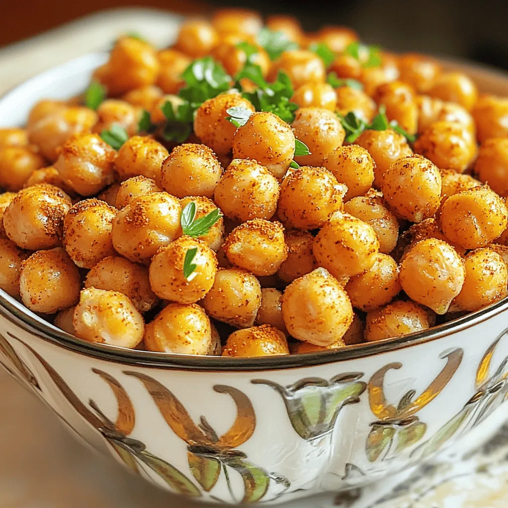 - 1 can (15 ounces) chickpeas, drained and rinsed - 1 tablespoon olive oil - 1 teaspoon garlic powder - 1 teaspoon smoked paprika - ½ teaspoon cumin - ½ teaspoon salt - ¼ teaspoon black pepper - ¼ teaspoon cayenne pepper (optional for heat) - Fresh parsley for garnish Crispy air fryer chickpeas are not just tasty; they are good for you too. Each serving has about 120 calories. They give you a nice amount of protein, around 6 grams, and a bit of healthy fat from the olive oil. This snack has around 20 grams of carbs, which keeps your energy up. Chickpeas are packed with health benefits. They can help with digestion due to their fiber content. They also help keep your heart healthy. Plus, they are a great source of plant-based protein. Enjoy this crunchy snack knowing it supports your health. - Preheat the air fryer to 400°F (200°C). - Dry the chickpeas well with a clean kitchen towel. This step helps make them crispy. Remove all excess moisture. - In a medium bowl, mix the dried chickpeas with olive oil and spices. - Add garlic powder, smoked paprika, cumin, salt, black pepper, and cayenne pepper if you like heat. Toss until every chickpea is coated. - Place the chickpeas in the air fryer basket in a single layer. If your air fryer is small, cook in batches. - Cook for 15-20 minutes. Shake the basket halfway for even cooking. The chickpeas should turn golden brown and crispy. - Once cooked, take the chickpeas out and let them cool for a few minutes. Cooling helps them get crunchier. - Transfer the crispy chickpeas to a bowl. Garnish with finely chopped fresh parsley for color. - Serve them as a snack or with a yogurt dip or salsa for extra flavor. Enjoy! [Full Recipe] To get that perfect crunch, start by drying the chickpeas well. After rinsing, use a clean kitchen towel to pat them dry. Removing moisture is key. If the chickpeas are wet, they will steam instead of crisp. Cook in small batches to ensure even texture. If you crowd the air fryer, the heat cannot circulate well. You can get creative with your spices! Try different blends like Italian herbs or taco seasoning. For a spicy kick, add more cayenne or some chili powder. If you want savory flavors, think about using onion powder or smoked salt. Mix and match until you find your favorite. Crispy chickpeas are great on their own, but you can also pair them with dips. Try yogurt or hummus for a tasty combo. You can sprinkle them on salads for extra crunch or use them as a topping for soups. The options are endless! For the full recipe, check out the Crispy Air Fryer Chickpeas section. {{image_2}} You can change the flavor of your crispy air fryer chickpeas easily. For a herby twist, try adding dried herbs like oregano or thyme. Mix them into the spice blend, and you'll get a fresh taste. Another fun option is to create sweet and spicy chickpeas. Use cinnamon and a touch of honey for a sweet kick. Mix it with cayenne for heat. This combo is great for those who love bold flavors. These chickpeas fit many diets. They are vegan since they only use plant-based ingredients. If you're gluten-free, you can enjoy them too! Just check the spices you choose. Most are naturally gluten-free. This makes crispy chickpeas a good snack for everyone. Crispy air fryer chickpeas are not just a snack. You can add them to salads for extra crunch. They boost both flavor and texture. Try tossing them on top of soups as a garnish. This adds a nice crunch and makes the dish more filling. You can even mix them into grain bowls for a protein boost. The options are endless! For the full recipe, check out the details above. To keep your crispy air fryer chickpeas fresh, use an airtight container. Glass jars work great, but plastic containers are fine too. Store them at room temperature for up to three days. If you want them to last longer, try keeping them in the fridge for one week. However, the longer they sit, the less crispy they become. When reheating, you want to keep that crunch. The best way is to use the air fryer again. Set it at 350°F (175°C) for about 5 minutes. This method revives their crispiness. Avoid using the microwave, as it can make them soggy. If you must use the microwave, reheat in short bursts and check often. Crispy air fryer chickpeas last about 3 to 5 days in an airtight container. Keep them at room temperature. If they lose some crunch, you can re-crisp them in the air fryer for a few minutes. Just set it to 350°F (175°C) and check often. Yes, you can use dried chickpeas! First, soak them overnight in water. Then, boil them until tender, about 1 to 2 hours. Once cooked, drain and dry them well. Then, follow the same steps in the full recipe to make your crispy snack. You can get creative with spices! Here are some great options: - Chili powder for heat - Italian herbs for a savory twist - Curry powder for an exotic flavor - Nutritional yeast for a cheesy taste Mix and match to find your favorite blend! To make crispy chickpeas less spicy, simply skip the cayenne pepper. You can also add more garlic powder or smoked paprika. These flavors will keep your snack tasty without the heat. Adjust the spices to suit your taste. Crispy air fryer chickpeas are easy and fun to make. You learned about the key ingredients, cooking steps, and storage tips. The flavors and nutrition of chickpeas make them a great snack. You can try different spices and use them in many meals. Follow these steps, and enjoy tasty chickpeas anytime. They can fit many diets, too. So, grab your ingredients and start cooking! Enjoy your crispy treat!