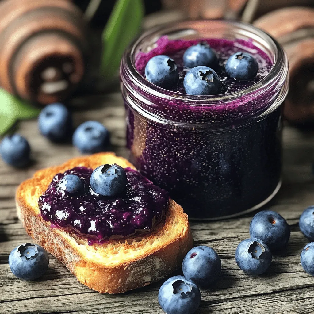 To make blueberry chia jam, you need: - 2 cups fresh or frozen blueberries - 2 tablespoons honey or maple syrup (adjust to taste) - 2 tablespoons chia seeds - 1 tablespoon lemon juice - Pinch of salt You can swap honey with agave syrup for a vegan option. Maple syrup also works well if you want a different flavor. For chia seeds, you can use ground flax seeds, but the texture will change. Fresh blueberries are best, but frozen ones are just fine. They are easy to find and save time. Use ripe blueberries for the best taste. Fresh blueberries should be plump and firm. If using frozen, look for ones without added sugar. For sweeteners, choose organic honey or pure maple syrup. They add rich flavor and are more natural. Always pick high-quality chia seeds; they should be whole and not clumpy. Good quality ingredients lead to a better jam! To make blueberry chia jam, start with a medium saucepan. Add 2 cups of fresh or frozen blueberries and 2 tablespoons of honey or maple syrup. Cook over medium heat. Use a fork or a potato masher to gently mash the blueberries. This should take about 5 minutes. You want them to release their juices but not turn to mush. Once mashed, stir in 1 tablespoon of lemon juice and a pinch of salt. Mix them well. Now, lower the heat to low. Add 2 tablespoons of chia seeds to the blueberry mix. Stir well to evenly distribute the seeds. Cook for another 2-3 minutes. This will help the jam thicken up nicely. The chia seeds will soak up some liquid, creating that jam-like texture we want. After cooking, remove the saucepan from heat and let the jam cool to room temperature. It will thicken even more as it cools. Once cooled, transfer the jam to a clean jar or airtight container. Store it in the fridge, where it will stay fresh for up to two weeks. When mashing blueberries, aim for a mix of whole and mashed berries. This gives your jam a nice texture. If you prefer a smoother jam, use a blender instead of a fork. Just pulse a few times until you get the consistency you like. Be careful not to over-blend, or you might lose the chunky feel. The whole cooking process takes about 15 minutes. Make sure to cook the blueberries on medium heat first. This helps them soften and release their juices. After adding the chia seeds, lower the heat to keep the jam from burning. Keep an eye on it to avoid sticking. If it starts to bubble too much, reduce the heat further. To get the right thickness for your jam, let the chia seeds do their magic. They absorb liquid and swell, turning your mix into a jam. If you want it thicker, add more chia seeds. If it is too thick, stir in a splash of water or more lemon juice. Remember, it thickens as it cools, so be patient. Taste your blueberry chia jam as you make it. If it needs more sweetness, add honey or maple syrup. Start with one teaspoon at a time. Mix well and taste again. This way, you can find the perfect balance for your liking. Use ripe berries for natural sweetness. They add great flavor without too much sugar. Store your jam in a clean jar or airtight container. Keep it in the fridge for up to two weeks. For longer storage, you can freeze it. Just remember to leave some space in the jar since it expands. Use it as a topping on toast, yogurt, or pancakes. You’ll want to enjoy this jam in many ways! {{image_2}} You can switch up the berries in this jam. Instead of blueberries, try strawberries, raspberries, or blackberries. Each berry has a unique taste. This change adds new flavors to your jam. For instance, raspberry chia jam has a tart kick. You can mix different berries too. A berry blend creates a colorful and tasty treat. Spices can make your jam more exciting. A dash of cinnamon adds warmth. You might also add vanilla extract for a sweet touch. Ginger provides a zesty note. For a fun twist, try adding a bit of nutmeg. These spices work well with the fruit. They make the jam even more special. If you want to change the sweetener, it’s easy. Use agave nectar or coconut sugar instead of honey. These options are great for different diets. If you prefer a low-calorie option, try stevia. Just remember to adjust the amount based on sweetness. Each sweetener brings out different flavors in the jam. To keep your blueberry chia jam fresh, store it in the fridge. Place it in a clean jar with a tight lid. This helps keep air out and flavor in. Always use a clean spoon when you take some out. This prevents germs from getting into the jar. Your jam will last up to two weeks in the fridge. If you want to keep it longer, freeze it. Pour the jam into a freezer-safe container, leaving space at the top. This space allows for expansion as it freezes. It can stay good for up to three months in the freezer. Choose glass jars or plastic containers for storage. Glass jars are great because they don’t hold odors. They also look nice on your shelf. If you use plastic, make sure it is food-safe and freezer-safe. Always label your jars with the date. This helps you track how long your jam has been stored. Blueberry chia jam is not just tasty; it is also good for you. Blueberries are full of vitamins and antioxidants. They help your heart and boost your brain. Chia seeds are rich in fiber and protein. They can aid digestion and keep you full longer. This jam also has healthy fats, thanks to the chia seeds. Overall, this jam is a smart choice for breakfast or snacks. Yes, you can easily make this blueberry chia jam vegan. Instead of honey, use maple syrup. Maple syrup gives the jam a sweet flavor without any animal products. All other ingredients are already vegan-friendly. So, you can enjoy this jam while sticking to a vegan diet. Homemade blueberry chia jam can last up to two weeks in the fridge. Store it in a clean jar or an airtight container. Make sure to keep it cool. If you want to keep it longer, you can freeze it. Just pour it into a freezer-safe container, and it will stay fresh for about three months. Enjoy this jam whenever you want! For the full recipe, check the details above. This blog post covered key steps to make tasty blueberry chia jam. We discussed ingredients, substitutes, and tips for cooking. You learned how to achieve the right thickness and sweetness for your jam. Explore variations to make it your own, like different berries or flavors. Storage tips ensure your jam lasts and stays fresh. Enjoy your jam-making adventure! You'll savor the fun in creating a delicious treat.