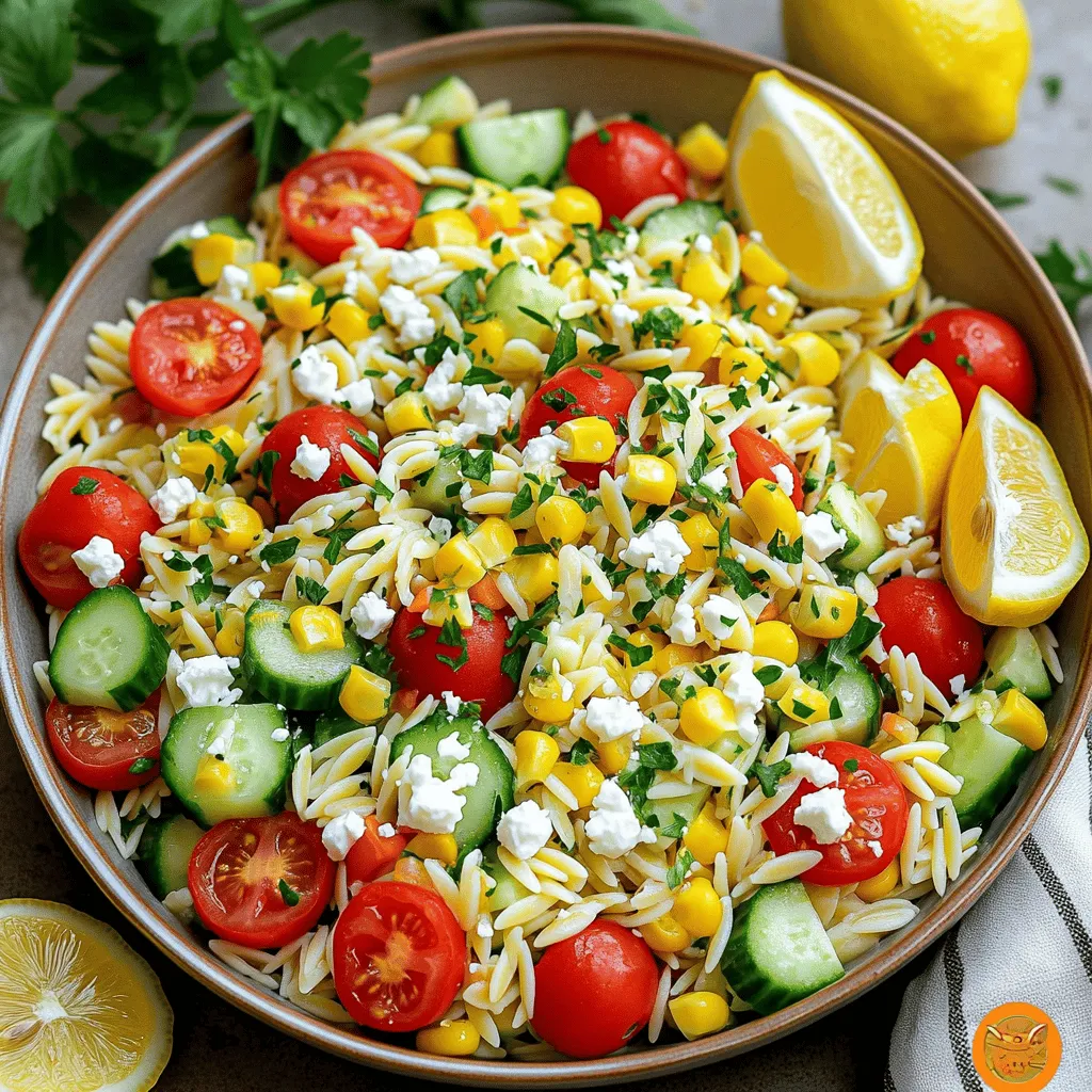 - 1 cup orzo pasta - 2 cups vegetable broth - 1 cup cherry tomatoes, halved - 1 cucumber, diced - 1/4 red onion, finely chopped - 1 cup corn (fresh or frozen) - 1/4 cup fresh parsley, chopped - 1/4 cup feta cheese, crumbled - 1/4 cup olive oil - 3 tablespoons freshly squeezed lemon juice - 2 cloves garlic, minced - Salt and pepper to taste To make the Lemon Garlic Orzo Salad, start with the orzo pasta. This small pasta cooks quickly and absorbs flavors well. Use vegetable broth for cooking the orzo. It adds a rich taste that plain water cannot match. While the orzo cooks, chop fresh vegetables like cherry tomatoes and cucumber. They give the salad a nice crunch and vibrant color. Don’t forget the red onion. It adds a sharp bite that balances the lemon's brightness. Corn adds sweetness, while parsley brings freshness. Feta cheese gives a salty, creamy touch. The dressing blends olive oil, lemon juice, and minced garlic. It ties all the flavors together perfectly. - Cheese Options - Crumbled goat cheese - Shredded Parmesan cheese - Herb Variations - Fresh basil - Chopped chives For garnishes, you can switch up the cheese. Goat cheese adds a tangy flavor. Parmesan gives a nutty touch. Fresh herbs like basil or chives can enhance the taste. They add brightness and aroma to the salad. - Cooking Equipment - Medium saucepan - Strainer - Mixing Bowls - Large mixing bowl - Small bowl for dressing You will need a medium saucepan to cook the orzo. A strainer helps drain the pasta easily. Use a large mixing bowl to combine all ingredients. A small bowl is perfect for mixing the dressing. This setup makes the process smooth and quick. For the full recipe, you can refer to the complete instructions. Start by boiling vegetable broth. Pour 2 cups of vegetable broth into a medium saucepan. Heat it over medium heat. Wait until it comes to a boil. Next, add 1 cup of orzo pasta. Cook the orzo according to package instructions. This usually takes about 8 to 10 minutes. Stir occasionally to keep it from sticking. Once cooked, drain the orzo. Rinse it under cold water. This stops the cooking process and cools it down quickly. Let it cool completely before mixing it into the salad. In a large mixing bowl, combine the cooled orzo, 1 cup of halved cherry tomatoes, 1 diced cucumber, 1/4 finely chopped red onion, and 1 cup of corn. You can use fresh or frozen corn. Next, add 1/4 cup of chopped fresh parsley. For the dressing, use a separate small bowl. Whisk together 1/4 cup of olive oil, 3 tablespoons of freshly squeezed lemon juice, and 2 minced garlic cloves. Add salt and pepper to taste. Pour the dressing over the salad mixture. Toss gently to combine all the ingredients. Ensure everything is well coated with the dressing. Finally, add 1/4 cup of crumbled feta cheese on top. Give it a gentle toss again. Taste the salad and adjust seasoning if needed. For serving, use a large salad bowl. You can add extra lemon wedges and sprigs of parsley on top for a vibrant touch. Enjoy this zesty lemon garlic orzo salad as a fresh and flavorful dish. For the full recipe, see the guide above! - Avoiding Mushiness: To keep your orzo from getting mushy, cook it in vegetable broth. This adds flavor and helps control the texture. Always check the package for the right cooking time. Once the orzo is al dente, drain it right away. Rinse it under cold water. This stops the cooking process and keeps it firm. - Flavor Enhancements: Add zest from a lemon for a fresh taste. You can also toss in herbs for extra flavor. Fresh basil or dill works well. Mixing in spices like paprika gives it a nice kick. - Preparing Ingredients in Advance: You can chop your veggies the night before. This saves time when you’re ready to make the salad. Store them in airtight containers in the fridge. Cook the orzo earlier in the day. Let it cool before you store it. - Storing Leftovers: Leftover salad keeps well in the fridge. Use a covered container to avoid drying out. It stays fresh for 2-3 days. If you have feta, add it just before serving to keep it from getting soggy. - Presentation Ideas: Make your salad pop by serving it in a bright bowl. Add extra lemon wedges and parsley on top. This adds color and makes it look fancy. - Pairing Suggestions: Lemon garlic orzo salad pairs well with grilled chicken or fish. You can also serve it alongside a light soup. It’s a great side for summer barbecues or picnics. For the full recipe, check out the details above. {{image_2}} You can easily change this salad by adding protein. Grilled chicken or sautéed shrimp work well. Just cook your protein first and slice it before adding. For a meatless option, try chickpeas or black beans. They add great texture and protein. You can also swap in different vegetables. Bell peppers, zucchini, or spinach add color and flavor. Experiment with what you have on hand. Fresh herbs like basil or mint can also enhance the taste. To adjust the flavor, you can choose sweet or savory notes. A dash of honey can add sweetness if desired. This balances the tartness of the lemon. On the other hand, if you want a savory twist, add some olives or capers. These ingredients give a briny flavor that pairs well. Spice can also change the profile. Red pepper flakes add heat if you like it spicy. Alternatively, using smoked paprika gives a warm flavor. Don’t be afraid to mix and match spices to find what you love. For gluten-free options, use gluten-free orzo or rice. Both options keep the dish light and fresh. Always check the labels to ensure they meet your dietary needs. If you want a vegan version, skip the feta cheese. You can use avocado for creaminess instead. Nutritional yeast is another great choice. It adds a cheesy flavor without any dairy. With these variations, you can make the Lemon Garlic Orzo Salad your own. Enjoy the flexibility it offers! To keep your Lemon Garlic Orzo Salad fresh, you need to store it right. First, always refrigerate leftovers. Place the salad in a bowl and cover it tightly with plastic wrap or a lid. This keeps moisture in and prevents it from drying out. If you want to freeze it, that’s possible too. However, I recommend freezing only the plain orzo. The veggies and dressing do not freeze well. Cooked orzo can freeze in an airtight container for up to three months. In the fridge, this salad lasts about three days. If it sits longer, the freshness fades. Look for any changes in color or texture. If the salad appears soggy or has an off smell, it’s best to toss it. Remember, freshness equals flavor! For storage, choose airtight containers. These keep your salad crisp and tasty. Use glass or quality plastic containers. Avoid non-airtight options, as they let air in and spoil the food. A good container makes a big difference in keeping your salad fresh. Yes, you can use many types of pasta. Some great alternatives include: - Farfalle: The bow-tie shape adds fun. - Penne: Its hollow shape holds dressing well. - Fusilli: The spirals mix flavors nicely. These options will still taste amazing in your salad. Lemon Garlic Orzo Salad is best served cold. Chilling allows the flavors to blend well. A cold dish is refreshing, especially on hot days. This salad is quick to prepare. Here’s the breakdown: - Prep time: 15 minutes - Cook time: 10 minutes - Total time: 30 minutes You can easily make this dish for a busy weeknight meal or a quick lunch. Absolutely! To make this salad vegan, just swap a few ingredients: - Feta cheese: Use a vegan cheese alternative. - Olive oil: This ingredient is already vegan. These swaps will keep the dish delicious and plant-based. You’ll still enjoy a fresh, flavorful Lemon Garlic Orzo Salad. For the full recipe, check out the previous sections. Lemon Garlic Orzo Salad is a simple and tasty dish. You learned about key ingredients, easy cooking steps, and helpful tips. Remember, you can customize it with different proteins or vegetables. Making this salad ahead can save time. Proper storage keeps it fresh for days. Enjoy this salad for any meal or event. Your journey with food can be fun and creative. Try it, and share it with others for a bright, healthy option.