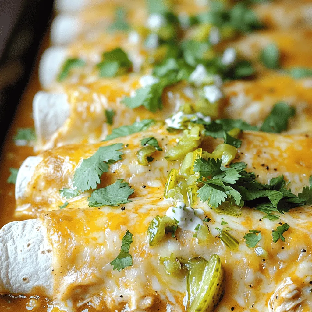 To make Pickle Ranch Chicken Enchiladas, you need several simple ingredients. Here’s what you will gather: - 2 cups cooked chicken, shredded - 1 cup dill pickles, chopped - 1 cup ranch dressing - 1 cup shredded cheddar cheese - 1 cup Monterey Jack cheese, shredded - 8 small flour tortillas - 1 cup enchilada sauce - 1/2 teaspoon garlic powder - 1/2 teaspoon onion powder - Fresh cilantro, for garnish These ingredients come together to create a tasty dish. The mix of chicken, pickles, and ranch gives you a unique flavor. The cheeses add creaminess, while the tortillas hold it all together. You can easily customize this recipe by adding different spices or toppings. For more details, check out the Full Recipe. This dish is not just easy; it's also fun to make! - Preheat your oven to 350°F (175°C). - Prepare your baking dish by greasing it. - Combine shredded chicken, dill pickles, ranch dressing, garlic powder, and onion powder in a bowl. - Mix until the ingredients are well combined. This filling packs a tasty punch. - Take one flour tortilla and spoon about 1/3 cup of the chicken mixture into the center. - Roll the tortilla tightly and place it seam-side down in the greased baking dish. - Repeat this process for all tortillas. - Pour the enchilada sauce evenly over the rolled tortillas in the baking dish. - Sprinkle the shredded cheddar and Monterey Jack cheese on top of the enchiladas. - Cover the dish with aluminum foil and bake for 20 minutes. - After 20 minutes, remove the foil and bake for another 10 minutes, or until the cheese is bubbly and golden brown. - Remove from the oven and garnish with fresh cilantro. - Let cool for a couple of minutes before serving. For the full recipe, you can check out the ingredients and steps outlined above. Enjoy your delicious creation! - Use fresh tortillas for easy rolling. - Add a bit of enchilada sauce to the bottom of the baking dish for moisture. This step helps keep the tortillas soft. You want a nice sauce pool to soak into your enchiladas. - Serve with a side salad or extra pickles for contrast. The crunch of the pickles adds a fun twist. - Top with fresh cilantro for added flavor. It brightens the dish and gives it a fresh taste. - Substitute flour tortillas with corn tortillas to cater to gluten-free needs. Corn tortillas offer a great texture and taste. Plus, they're naturally gluten-free, so everyone can enjoy the meal. {{image_2}} You can easily change the protein in these enchiladas. Consider using ground beef or turkey instead of chicken. Both options will give you a different taste and texture. Ground beef adds a rich flavor. Turkey provides a lighter choice. Choose what you enjoy most! Want more kick? Experiment with jalapeños or other spices. A little heat can make the dish exciting! You can also add black beans for texture and nutrients. They mix well with the other ingredients and help fill you up. Ranch dressing is great, but try something different! You can use a homemade ranch dressing for a fresh taste. Other flavored dressings can also work well. Just think about what flavors you love. Each choice can change your enchiladas in fun ways. For the full recipe, check out the details above! You can keep leftover enchiladas in an airtight container. They will stay fresh in the fridge for up to 3 days. This way, you can enjoy them later without losing flavor. Just make sure the lid is on tight to keep them nice. If you want to save time, freeze the unbaked enchiladas. They can stay good in the freezer for up to 3 months. Just wrap them well in plastic wrap. When you are ready to eat, add enchilada sauce before baking. This method keeps the dish tasty and fresh. To reheat your enchiladas, use the oven. Preheat it to 350°F. Bake for 15-20 minutes until they are hot all the way through. This method makes the cheese gooey and delicious again. Enjoy your meal just like the first time! You can swap ranch dressing with several options. If you want a homemade touch, mix buttermilk, garlic powder, and herbs. Greek yogurt also works great for a creamy base. You can use other creamy dressings like blue cheese or avocado dressing. Each swap will change the flavor a bit, but they can all taste good. Yes, you can prep these enchiladas early. Just follow the recipe steps until you fill the baking dish. Cover it with foil and store it in the fridge for up to a day. When you're ready to eat, bake them right from the fridge. Just add a few extra minutes to the baking time to ensure they heat through. These enchiladas pair well with several sides. Consider serving them with Mexican rice for a classic touch. Refried beans add protein and flavor. A simple salad with fresh veggies offers a light balance to the meal. You can even add extra pickles on the side for a crunchy bite. This blog post guided you through making tasty Pickle Ranch Chicken Enchiladas. You learned about essential ingredients, step-by-step instructions, and key tips for success. By mixing unique flavors, you can create a meal everyone loves. Remember, you can even change the proteins or add spices to suit your taste. With these simple steps, you’ll impress your family and friends. Enjoy your delicious creation and don’t hesitate to share your results!