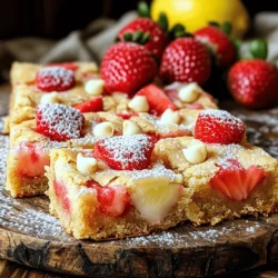 - 1 cup unsalted butter, melted - 1 ½ cups brown sugar, packed - 2 large eggs - 2 teaspoons vanilla extract - 2 cups all-purpose flour For strawberry lemon blondies, the essential ingredients form the base. Start with melted butter for a rich flavor. Brown sugar adds sweetness and moisture. The eggs bind everything together, while vanilla extract gives a warm aroma. All-purpose flour provides the structure. - ½ teaspoon baking powder - ½ teaspoon baking soda - ½ teaspoon salt Baking powder and baking soda help the blondies rise. Salt balances the sweetness. Together, these baking essentials ensure a perfect texture. - Zest of 1 lemon - 1 tablespoon lemon juice - 1 cup fresh strawberries, diced - ½ cup white chocolate chips (optional) Lemon zest and juice add bright flavors. Fresh strawberries give a fruity burst. If you like, add white chocolate chips for sweetness. These flavor enhancements make the blondies truly delightful. You can find the full recipe above to get started on this tasty treat! - Preheat your oven to 350°F (175°C). - Prepare a 9x9 inch baking pan by greasing it or lining it with parchment paper. - In a large bowl, mix melted butter, brown sugar, eggs, and vanilla until smooth. - In a separate bowl, combine flour, baking powder, baking soda, and salt. - Gradually fold the dry mix into the wet mix. Be careful not to overmix. - Gently fold in lemon zest, lemon juice, diced strawberries, and white chocolate chips if you want. - Pour the batter into the prepared pan and smooth the top with a spatula. - Bake for 25-30 minutes. Check for doneness with a toothpick; it should come out with moist crumbs. - Let the blondies cool in the pan for about 10 minutes. Then lift them out using the parchment paper. Cool completely on a wire rack before cutting. For the full recipe, refer back to the ingredients section. To make perfect strawberry lemon blondies, follow a few key tips. First, avoid overmixing the batter. Overmixing can make the blondies tough. Mix just until the flour blends in. This keeps them soft and chewy. Second, ensure even baking by leveling the batter before it goes into the oven. Use a spatula to smooth the top. This helps them bake evenly, giving you that perfect texture. Your blondies deserve a beautiful presentation. Serve them on a decorative platter to impress your guests. A simple white plate or a colorful one can both work well. To add charm, garnish with fresh strawberries and a dusting of powdered sugar. This little touch makes them look extra special. It also adds a hint of sweetness to each bite. Want to mix things up? You can add a splash of almond extract for a unique twist. It pairs well with the lemon and strawberries. If you're feeling adventurous, try using other fruits. Raspberries or blueberries work great in this recipe. They bring a different taste and color, making your blondies fun and exciting! For the full recipe, check out the earlier section. {{image_2}} You can mix up the flavors with different fruits. Try making raspberry lemon blondies. Just swap the strawberries for fresh raspberries. The tartness of the raspberries pairs well with the lemon. You can also make blueberry lemon blondies. Use fresh blueberries instead, and enjoy a sweet twist. For gluten-free blondies, use almond flour instead of all-purpose flour. This change gives a nutty flavor and keeps the blondies moist. If you want a vegan option, replace the eggs with applesauce or flaxseed meal. This keeps the texture light and fluffy. If you love chocolate, try dark chocolate chips instead of white chocolate. The rich taste of dark chocolate adds depth. You can also drizzle melted chocolate on top. This adds a beautiful finish and extra flavor. For the full recipe, check the details above. Enjoy your baking adventure! To keep your strawberry lemon blondies fresh, you need the right storage. First, let the blondies cool completely. Once cool, cut them into squares. Use an airtight container; this helps keep them soft. You can also layer them with parchment paper to prevent sticking. Store them at room temperature for best taste. If you want to save some blondies for later, freezing is a great option. Wrap each square in plastic wrap. Then, place them in a freezer-safe bag. Label the bag with the date. They can last up to three months in the freezer. When you want to eat them, move the blondies to the fridge overnight. You can also thaw them at room temperature for a few hours. At room temperature, strawberry lemon blondies stay fresh for about three days. After that, they might start to dry out. For longer storage, place them in the fridge, where they can last up to a week. Just remember to keep them in an airtight container to maintain their flavor and texture. What can I substitute for eggs in this blondie recipe? You can use flaxseed meal or applesauce. For flaxseed, mix 1 tablespoon with 3 tablespoons water. Let it sit for about 5 minutes. This will act like one egg. For applesauce, use 1/4 cup for each egg. Both options keep the blondies moist and tasty. Can I make this a dairy-free recipe? Yes, you can! Swap the butter with coconut oil or a dairy-free butter substitute. Make sure to use dairy-free chocolate chips if you add those. This change keeps the flavors bright and delicious. What should I do if my blondies are too dry? If your blondies turn out dry, they likely baked too long. Next time, check them a few minutes early. You want a toothpick to come out with some moist crumbs. Another way to add moisture is to mix in a little extra lemon juice or applesauce. Can I use frozen strawberries instead of fresh? Absolutely! Just remember to thaw and drain them first. This helps avoid excess moisture in your batter. Frozen strawberries may be softer, but they still taste great and add lovely flavor. What beverages pair well with strawberry lemon blondies? I love pairing these blondies with iced tea or lemonade. Their sweet and tangy flavors complement each other perfectly. For coffee lovers, a light roast coffee works well too. Ideas for serving blondies at gatherings or parties Serve your blondies on a pretty platter. Add fresh strawberries and a sprinkle of powdered sugar on top. Cut them into fun shapes for kids or serve them warm with vanilla ice cream for a special treat. For an added touch, drizzle some lemon glaze on top! These strawberry lemon blondies are simple and fun to make. We covered all the main steps, from choosing ingredients to baking perfectly. You can customize your blondies with fruits or flavors that you love. Remember, avoid overmixing to keep them soft and chewy. Store your treats properly to enjoy them longer. Whether you’re serving them at a party or enjoying them at home, these blondies will impress. Get creative and make your version today! Happy baking!