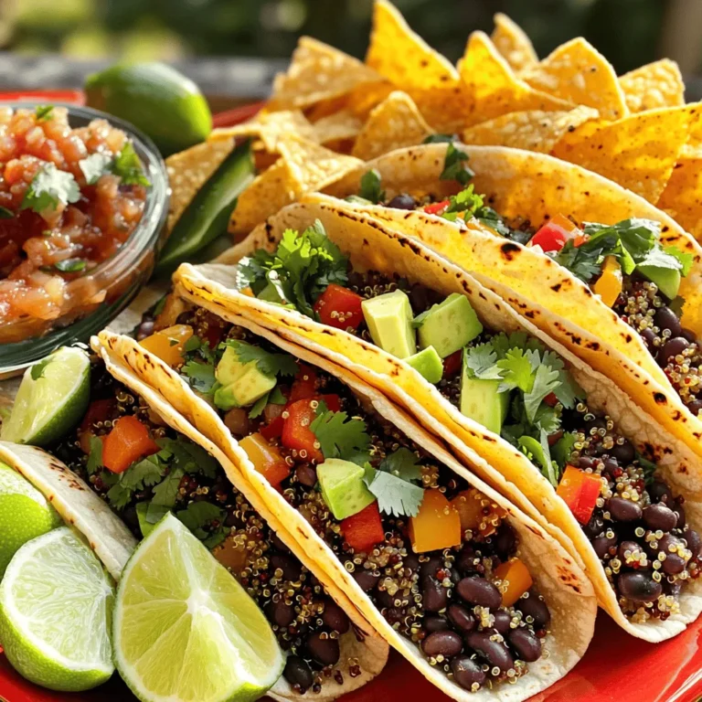 To make my spicy black bean quinoa tacos, you need a few key ingredients. Here’s what you'll gather: - 1 cup quinoa, rinsed - 2 cups vegetable broth - 1 can (15 oz) black beans, rinsed and drained - 1 bell pepper (any color), diced - 1 small red onion, diced - 2 cloves garlic, minced - 1 teaspoon cumin - 1 teaspoon smoked paprika - 1/2 teaspoon cayenne pepper (adjust to taste) - 1 tablespoon olive oil - Salt and pepper to taste - 8 small corn tortillas These ingredients work together to create a tasty and filling dish. Each bite packs a punch of flavor. You can dress up your tacos with fun toppings. Here are some ideas to make them even better: - Diced avocado - Chopped cilantro - Lime wedges - Salsa Adding these toppings gives your tacos extra freshness and crunch. Feel free to mix and match based on your taste! These tacos are not just delicious; they are also good for you. Here is a quick look at the nutrition: - Calories: About 300 per serving - Protein: 12g - Fiber: 10g - Fat: 8g They are loaded with protein and fiber, making them a great choice for a healthy meal. Enjoy the flavors and benefits of this easy, flavorful dish! For the full recipe, check out the link. To cook the quinoa, start by rinsing 1 cup of quinoa in cold water. This removes any bitter taste. In a medium saucepan, combine the rinsed quinoa with 2 cups of vegetable broth. Bring it to a boil. After it boils, reduce the heat to low. Cover the pot and let it simmer for about 15 minutes. The quinoa is done when all the liquid is absorbed. Fluff the quinoa with a fork and set it aside. Next, we’ll make the black bean mixture. In a skillet, heat 1 tablespoon of olive oil over medium heat. Add 1 diced red onion and 1 diced bell pepper. Sauté them for about 5 minutes until they are soft. Then, add 2 minced garlic cloves, 1 teaspoon of cumin, 1 teaspoon of smoked paprika, and 1/2 teaspoon of cayenne pepper. Stir these together for about a minute. This will bring out the flavors. Now, add 1 can of black beans, rinsed and drained. Cook for another 5 minutes to heat the beans and soak in the spices. Now comes the fun part—assembling the tacos! In a large bowl, mix the cooked quinoa with the black bean mixture. Stir well to combine. Then, warm 8 small corn tortillas in a dry skillet over low heat for about 30 seconds on each side. To build each taco, spoon a good amount of the quinoa-black bean mix onto a tortilla. Top it with diced avocado, chopped cilantro, a squeeze of lime, and your favorite salsa. Enjoy your tasty creation! Check the Full Recipe for more details! To cook quinoa perfectly, start with rinsing it. Rinsing removes the bitter saponins. Use a 2:1 ratio of vegetable broth to quinoa. Bring it to a boil, then lower the heat. Cover it and let it simmer for about 15 minutes. After the time, fluff it with a fork. This keeps it light and airy. You can boost the flavor of your quinoa mix easily. Add more spices, like garlic or cumin, to suit your taste. If you like heat, increase the cayenne pepper. For a smoky flavor, add a bit more smoked paprika. Taste as you go. Adjust until it’s just right for you. To make your tacos look great, use a colorful platter. Place the tacos neatly on the dish. Garnish with lime wedges and cilantro. This adds color and freshness. You can also serve tortilla chips on the side. This gives a nice crunch and makes the meal more fun. For the complete recipe, check out the Full Recipe. {{image_2}} To make these tacos vegan, simply stick with the ingredients listed. The recipe is already dairy-free, so you can enjoy it guilt-free! For gluten-free options, use corn tortillas as the base. They pair perfectly with the filling. Always check the labels on your tortillas to ensure they are gluten-free. While black beans are the star here, feel free to swap them out. You can use pinto beans, kidney beans, or even chickpeas. Each bean brings its own flavor and texture. Experimenting with beans can change the taste of your tacos and add fun twists. Want to jazz up your tacos? Adding veggies is a great idea! Consider corn, zucchini, or spinach. These add more color and nutrients. If you want extra protein, shredded chicken or tofu also works well. Just cook them with the spices to blend the flavors. For the full recipe, check out the Spicy Black Bean Quinoa Tacos. Enjoy crafting your delicious variations! To store leftover tacos, place them in an airtight container. Keep them in the fridge for up to three days. If you have extra filling, store it separately. This keeps the tortillas from getting soggy. For reheating, use a skillet. Heat over medium heat, and warm the tacos for about 2-3 minutes. This keeps the tortillas crispy. You can also microwave them. Place a damp paper towel over the tacos and heat for about 30 seconds. Check to see if they are warm enough. You can freeze the black bean quinoa filling. Allow it to cool completely first. Then, place it in a freezer-safe bag or container. It will last up to three months in the freezer. When ready to eat, thaw it in the fridge overnight. Reheat it in a skillet before serving with fresh tortillas. For the best taste, do not freeze the assembled tacos. Yes, you can! Brown rice or farro works well. Both add nice texture. You can also try millet or couscous for a different feel. Just make sure to adjust the cooking times. Each grain has its own needs. If you use rice, follow the package directions for water. The goal is to have a fluffy base for the tacos. To turn up the heat, add more cayenne pepper. You can also toss in some diced jalapeños. Fresh or pickled jalapeños add a nice crunch too. Another option is to use a spicy salsa as a topping. If you like heat, try a drizzle of hot sauce. Just be careful—add spice slowly to avoid overwhelming flavors. Tacos pair well with many sides. Consider serving them with tortilla chips and salsa. A fresh salad with lime dressing is also nice. You might enjoy some roasted vegetables for a hearty side. For a cool touch, a side of guacamole works great too. Each side adds its own flair to your meal. These Spicy Black Bean Quinoa Tacos are easy to make and tasty. We talked about key ingredients, cooking steps, and added tips for perfect tacos. You can try different versions, too, like vegan or gluten-free. Don’t forget how to store leftovers for later use. These tacos are versatile and can fit any taste. I hope you have as much fun making them as I did. Enjoy your cooking adventure!