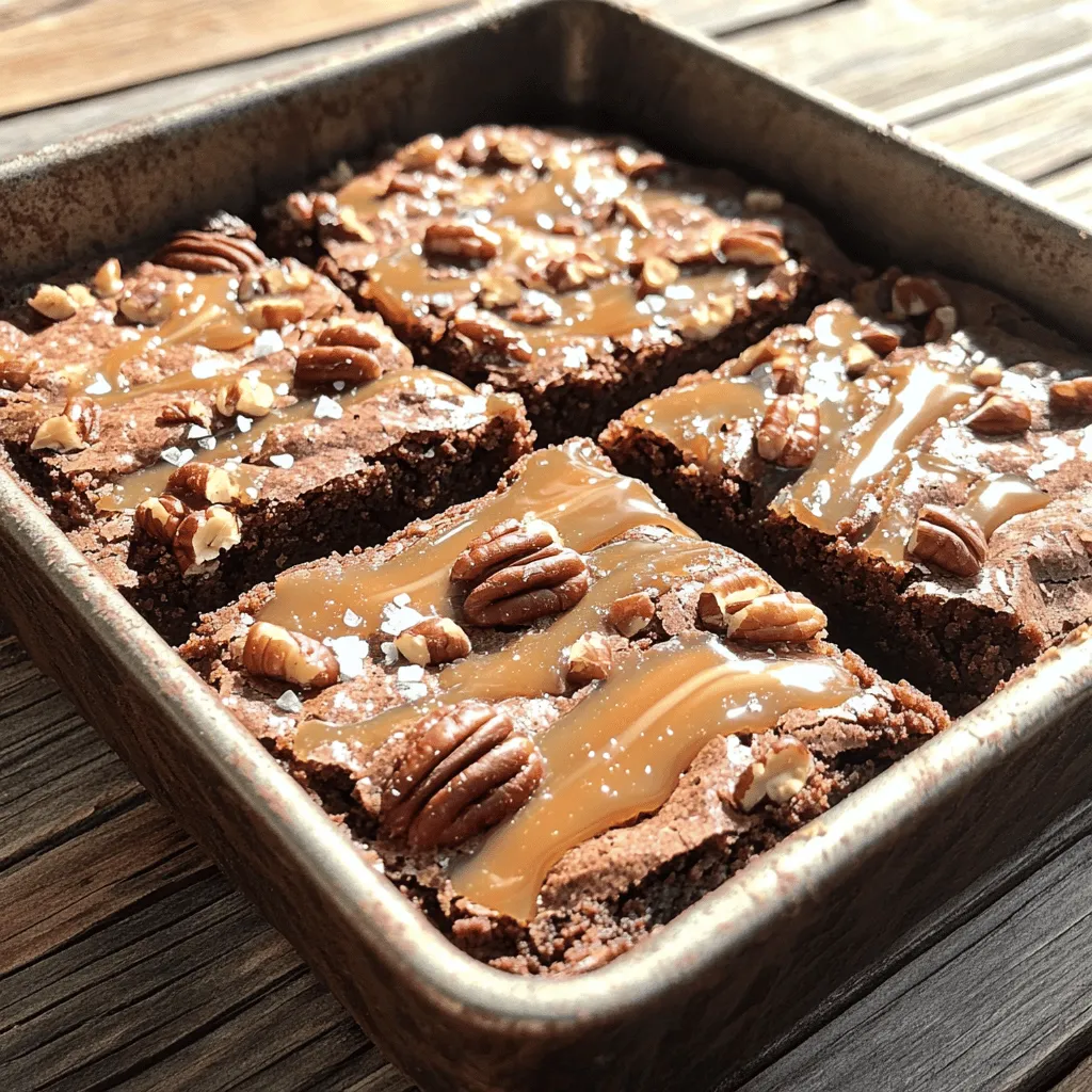 To make Caramel Pecan Turtle Brownies, you need the following ingredients: - 1 cup unsalted butter (two sticks) - 2 cups granulated sugar - 4 large eggs - 1 tablespoon vanilla extract - 1 cup all-purpose flour - 1 cup cocoa powder - 1 teaspoon baking powder - 1/2 teaspoon salt - 1 cup pecans, chopped - 1 cup caramel sauce (store-bought or homemade) - Sea salt flakes for garnish Choosing the right ingredients can make a big difference. I recommend using high-quality unsalted butter like Kerrygold for a rich flavor. Use pure vanilla extract, not imitation, for the best taste. For the sugar, regular granulated sugar works well. For cocoa powder, I prefer Dutch-processed cocoa like Ghirardelli for a deep chocolate taste. Select fresh pecans, as they add crunch and flavor. If you make your own caramel sauce, ensure it’s thick enough to hold its shape when swirled into the brownies. You can swap some ingredients if you need to. If you want a dairy-free version, use a vegan butter substitute. You can replace granulated sugar with coconut sugar for a lower glycemic index. If you don't have eggs, consider using flaxseed meal mixed with water as a binder. For the flour, gluten-free all-purpose flour can work, but check that it has a binding agent. If you don’t like pecans, walnuts or almonds can be great substitutes. Start by gathering all your ingredients. This makes cooking easier and faster. You will need butter, sugar, eggs, vanilla, flour, cocoa powder, baking powder, salt, chopped pecans, caramel sauce, and sea salt flakes. Preheat your oven to 350°F (175°C). Grease a 9x13 inch baking pan and line it with parchment paper. This helps the brownies come out easily. Melt the butter in a pan over medium heat. When it is melted, mix in the granulated sugar. Stir well until you combine them fully. Next, add the eggs one by one. Mix well after each egg. Then, add the vanilla extract to the batter. In another bowl, mix the flour, cocoa powder, baking powder, and salt. Gradually add these dry ingredients to the wet mix. Be careful not to overmix. Once combined, fold in the chopped pecans. Pour half of this batter into the prepared pan. Spread it evenly. Drizzle half of the caramel sauce over this layer. Then, add the rest of the batter on top. Use a knife to swirl in the remaining caramel sauce for a fun look. Bake for 30 to 35 minutes. Use a toothpick to check for doneness. It should come out with a few moist crumbs. For chewy brownies, avoid overmixing your batter. This helps keep them soft. Make sure to let the brownies cool before cutting. This helps them set and makes cutting easier. If you like a little crunch, toast the pecans before adding them to the batter. This adds a nice flavor. For added flavor, sprinkle sea salt flakes on top before serving. For the full recipe, check back to ensure you follow every step correctly. You can boost the flavor of your caramel pecan turtle brownies in simple ways. Try adding a bit of espresso powder to the batter. This will deepen the chocolate taste. You can also mix in some dark chocolate chips for a richer flavor. If you love salt, sprinkle a bit more sea salt on top before baking. This adds a nice contrast to the sweetness. Watch out for overmixing the batter. This can make your brownies tough. You want them soft and chewy, not dry. Another mistake is baking for too long. Keep an eye on them. A toothpick should come out with a few moist crumbs, not clean. Finally, make sure you let them cool before cutting. This helps them set and makes them easier to slice. Using the right tools helps ensure your brownies turn out great. A good quality 9x13 inch baking pan is key. It helps the brownies bake evenly. Use parchment paper to line your pan. This makes removing the brownies easy. A mixing bowl, whisk, and rubber spatula make mixing the batter simple. Lastly, a toothpick is handy to test for doneness. For the full recipe, check the recipe section above. {{image_2}} If you want to switch things up, consider using different nuts. Walnuts add a nice crunch. Almonds give a sweet flavor. Pecans are classic, but you can experiment. Each nut will offer a unique twist to your brownies. Just chop them coarsely and mix them into the batter. You can easily make these brownies gluten-free. Use a 1:1 gluten-free flour mix instead of all-purpose flour. For a vegan version, replace eggs with flax eggs. Use 1 tablespoon of flaxseed meal mixed with 2.5 tablespoons of water for each egg. Also, choose a vegan caramel sauce. It’s simple and just as tasty! Want more chocolate? Add chocolate chips to the batter. Dark chocolate chips give a rich taste, while milk chocolate adds sweetness. You can also mix in peanut butter chips for a fun twist. Just fold them in with the pecans. This will create a delightful blend of flavors in every bite. For more ideas, check the Full Recipe! To keep your Caramel Pecan Turtle Brownies fresh, store them in an airtight container. This helps prevent them from drying out. You can layer the brownies with parchment paper to avoid sticking. If you want to keep them longer, consider wrapping them tightly in plastic wrap before placing them in the container. When stored properly, these brownies can last for about a week at room temperature. If you place them in the fridge, they can stay good for up to two weeks. For even longer storage, you can freeze them for up to three months. Just make sure to thaw them in the fridge before enjoying. If you prefer warm brownies, reheat them in the microwave. Place a brownie on a plate and heat for about 15-20 seconds. This brings back the gooey texture. You can also warm them in the oven. Set the oven to 350°F (175°C) and heat them for about 5-10 minutes. This works well if you want to serve them with ice cream. For the full recipe, check out the Caramel Pecan Turtle Brownies recipe above. Yes, you can make these brownies ahead of time. Let them cool completely first. Once cooled, wrap them tightly in plastic wrap. You can store them at room temperature for up to three days. For longer storage, keep them in the fridge for up to one week. You can also freeze them for up to three months. Just thaw them in the fridge overnight before serving. To cut brownies neatly, first, let them cool completely. Use a sharp knife for cutting. For the best results, run the knife under hot water and dry it before each cut. This helps create clean edges. You can also use a ruler to measure equal squares if you want them to look perfect. You can tell if your brownies are done by using a toothpick. Insert it into the center of the brownies. If it comes out with a few moist crumbs, they are done. If it has wet batter on it, they need more time. Keep an eye on them, as baking times may vary based on your oven. For this recipe, aim for 30-35 minutes in the oven. For the full recipe, check the earlier section with all the steps and details. We covered the key ingredients and steps for making tasty brownies. I shared tips for texture and flavor, plus suggested substitutes. We also explored fun variations, like gluten-free or vegan options. Finally, I explained how to store brownies and answered common questions. Baking can be fun and rewarding. I hope this guide helps you create the best brownies ever! Enjoy the process and share your treats with friends. Happy baking!