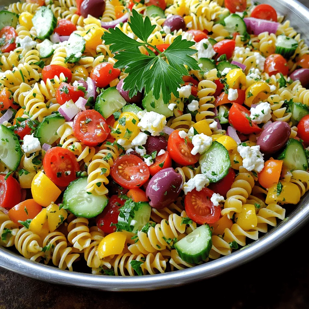 For a vibrant Greek pasta salad, you need these fresh ingredients: - 2 cups rotini pasta - 1 cup cherry tomatoes, halved - 1 cucumber, diced - 1/2 cup red bell pepper, diced - 1/4 cup red onion, finely chopped - 1/2 cup Kalamata olives, pitted and halved - 1 cup crumbled feta cheese - 1/4 cup fresh parsley, chopped - 3 tablespoons olive oil - 2 tablespoons lemon juice - 1 teaspoon dried oregano - Salt and pepper to taste These ingredients come together for a delightful dish. You will enjoy the mix of flavors and textures. You can change some ingredients based on your taste or what you have. For instance: - Use fusilli or penne instead of rotini for different pasta shapes. - Swap cherry tomatoes for grape tomatoes if you prefer. - If you dislike red onion, try using green onions for a milder flavor. - Substitute feta with goat cheese for a creamier taste. - Kalamata olives can be replaced with green olives if you like. These swaps still keep the spirit of the dish while letting you personalize it. Using seasonal ingredients can enhance your salad. For example: - In summer, fresh tomatoes and cucumbers are at their best. - In spring, you might find extra sweet peas to add a pop of color. - If it's fall, consider adding roasted butternut squash for warmth. - In winter, try using sun-dried tomatoes to keep that flavor alive. Choosing seasonal ingredients not only boosts flavor but also supports local farmers. Enjoy this Greek pasta salad with fresh, bright flavors year-round! First, bring a large pot of salted water to a boil. Add 2 cups of rotini pasta. Cook it according to the package instructions until al dente, or firm to the bite. This usually takes about 8 to 10 minutes. Once done, drain the pasta and rinse it under cold water. This step cools the pasta quickly and prevents it from getting mushy. While the pasta cooks, chop your vegetables. Cut 1 cup of cherry tomatoes in half. Dice 1 cucumber and 1/2 cup of red bell pepper. Then, finely chop 1/4 cup of red onion. Lastly, halve 1/2 cup of Kalamata olives. You want all the pieces to be bite-sized for easy eating. In a small bowl, combine 3 tablespoons of olive oil and 2 tablespoons of lemon juice. Add 1 teaspoon of dried oregano, salt, and pepper to taste. Whisk these ingredients together until they blend well. This dressing adds a zesty kick to your salad. In a large mixing bowl, mix the cooled pasta with all the chopped vegetables. Add 1 cup of crumbled feta cheese and 1/4 cup of fresh parsley. Pour the dressing over the top. Gently stir everything together until well mixed. Let the salad sit for at least 15 minutes. This helps the flavors meld. Serve it chilled or at room temperature for the best taste. For the full recipe, check out Greek Bliss Pasta Salad. Cooking pasta right is key for a great salad. Start with a big pot of water. Add salt to help flavor the pasta. Bring the water to a boil before adding the rotini. Cook it until it is just firm, or al dente. This usually takes about 8 to 10 minutes. Once done, drain the pasta and rinse it under cold water. This stops the cooking and cools it fast. Perfect pasta should have a slight bite to it. To make your Greek pasta salad shine, layer in flavors. Use fresh herbs like parsley for bright notes. Kalamata olives add a salty touch. Feta cheese brings creaminess and tang. For a zesty kick, use lemon juice. Olive oil binds everything together and adds richness. Don’t forget the oregano! It gives a classic Greek taste. Taste as you go, and adjust salt and pepper to fit your liking. A beautiful salad is fun to eat! Serve it in a large, shallow dish. This lets all the colors pop. Top it with extra olives and crumbled feta for flair. A sprig of parsley adds a fresh touch. Arrange the ingredients nicely for eye appeal. You can also serve it in small bowls for individual portions. For the best look, let it chill before serving. This will help the flavors blend. For the full recipe, check out Greek Bliss Pasta Salad. {{image_2}} You can easily add protein to your Greek pasta salad. Grilled chicken is a great choice. It adds a nice texture and flavor. You can also use shrimp or chickpeas. Both options pack a protein punch. Just cook them first and chop them into bite-sized pieces. Mix them in with the pasta, and your salad will be more filling. If you're looking for vegetarian choices, you are in luck! The base of this salad is already veggie-friendly. To make it vegan, skip the feta cheese. You can use a vegan feta or just leave it out. You can also add more veggies, like artichokes or spinach. They will add extra flavor and nutrients without the cheese. Feel free to swap ingredients based on what you have. Instead of rotini, you can use penne or farfalle pasta. If you can’t find Kalamata olives, green olives work too. You can even swap out the feta for goat cheese if you like that flavor better. Each swap brings a new twist to the dish. Get creative and make it your own! For the full recipe, check out the details above. To keep your Greek pasta salad fresh, store it in an airtight container. This helps prevent the salad from drying out and keeps flavors intact. If you have leftovers, make sure to cover the container tightly. Avoid leaving it out at room temperature for too long. When stored properly, Greek pasta salad can last in the fridge for about 3 to 5 days. The flavors get better as they sit, but some veggies may lose their crunch. If the salad looks or smells off, it’s best to toss it. You don’t need to heat this salad. Instead, you can refresh it. Add a splash of olive oil or lemon juice before serving. This will bring back some of the flavors. If you want, toss in some fresh veggies or feta to make it even better. Enjoy your Greek pasta salad with feta in a new way! For the full recipe, check out the Full Recipe. Yes, you can make Greek Pasta Salad in advance. I often prepare it a day ahead. This helps the flavors blend better. Just store it in the fridge. Keep it in an airtight container to stay fresh. When ready to serve, give it a quick stir. If it seems dry, add a bit more olive oil or lemon juice. Greek Pasta Salad pairs well with many dishes. You can serve it with grilled chicken or fish. It also goes great with pita bread and hummus. For a lighter option, enjoy it with a fresh fruit salad. If you want to serve it at a party, add some skewered meats or veggies for variety. To store leftovers, place them in a clean, airtight container. Make sure to cool the salad to room temperature first. This helps avoid condensation inside the container. Store it in the fridge for up to three days. If you notice the pasta is dry, add a splash of dressing when you eat it. You can also check out the Full Recipe for more tips on keeping it fresh. In this blog, we covered how to make a fantastic Greek pasta salad. We explored the ingredients needed, including substitutions and seasonal options. I shared step-by-step instructions, tips for perfecting texture and flavor, and fun variations to customize your salad. Finally, we addressed storage tips and common questions to help you enjoy this dish. Remember, a great pasta salad is easy to make and fun to tweak. Enjoy creating your version!