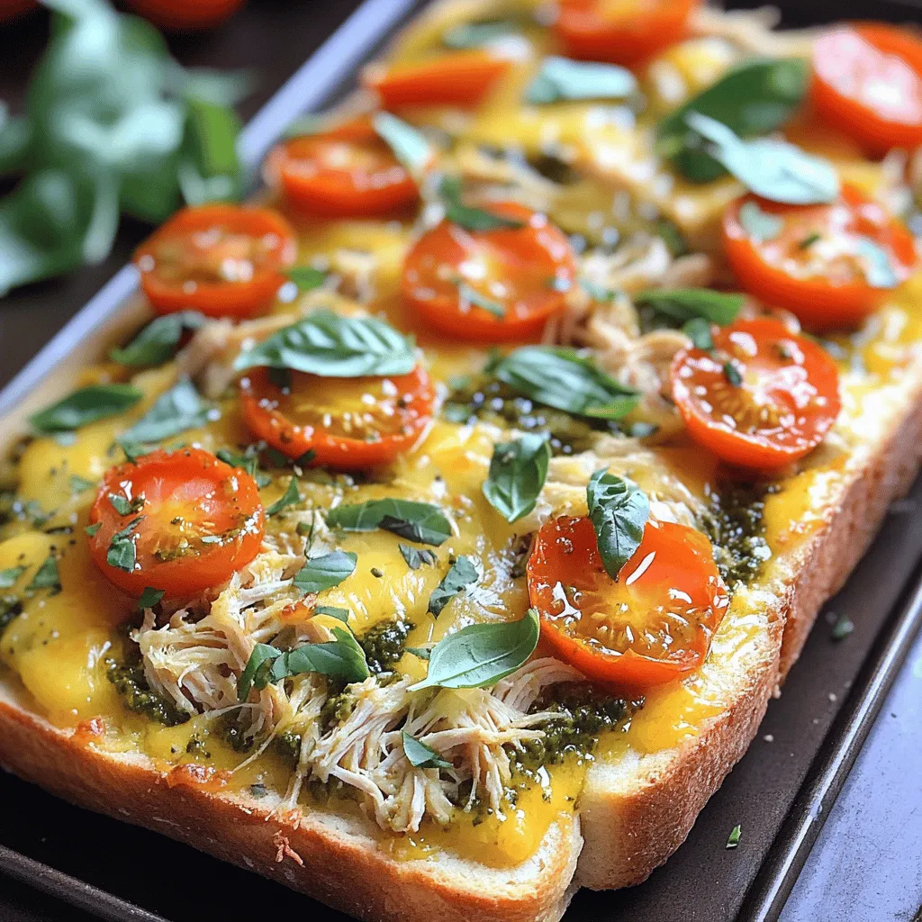 To make this tasty pizza, gather these main ingredients: - 1 large French bread loaf - 1 cup cooked chicken breast, shredded - 1/2 cup basil pesto - 1 cup mozzarella cheese, shredded - 1/2 cup cherry tomatoes, halved - 1/4 cup Parmesan cheese, grated - 2 tablespoons olive oil - 1 teaspoon garlic powder - Salt and pepper to taste - Fresh basil leaves for garnish These ingredients work together to create a flavor-packed dish. The French bread serves as a sturdy base. The chicken adds protein and heartiness. The pesto brings a burst of fresh basil flavor. Cheese melts into a gooey topping that’s simply irresistible. You can customize your pizza with fun toppings. Try these options: - Sliced olives for a briny kick - Spinach for added greens - Red onion for a sweet crunch - Bell peppers for a colorful twist - Feta cheese for extra creaminess Feel free to mix and match! Adding your favorite toppings makes the dish even more exciting. For this recipe, you need a few simple tools: - Baking sheet to hold your pizza - Sharp knife for slicing the bread - Mixing bowl for combining ingredients - Brush for applying olive oil Having the right tools helps make the cooking process smooth. You can focus on creating a delicious meal without any fuss. Don't forget to check out the Full Recipe for step-by-step guidance! Before you start, gather all your ingredients. You need: - 1 large French bread loaf - 1 cup cooked chicken breast, shredded - 1/2 cup basil pesto - 1 cup mozzarella cheese, shredded - 1/2 cup cherry tomatoes, halved - 1/4 cup Parmesan cheese, grated - 2 tablespoons olive oil - 1 teaspoon garlic powder - Salt and pepper to taste - Fresh basil leaves for garnish Next, preheat your oven to 375°F (190°C). This makes sure your pizza cooks evenly. Slice the French bread in half lengthwise. Place the halves cut-side up on a baking sheet. This lets the heat reach the bread better. Brush the cut sides of the bread with olive oil. This adds flavor and helps it crisp. Then, sprinkle garlic powder, salt, and pepper over the bread. Spread a thick layer of basil pesto on each half. This is the key to great flavor! Now, take your cooked chicken. Mix it with a pinch of salt and pepper in a bowl. Spread this chicken evenly over the pesto. Next, scatter the halved cherry tomatoes on top. They add freshness and color. Finish by sprinkling mozzarella and Parmesan cheese over everything. The cheese melts beautifully and creates a tasty crust. Now it's time to bake! Place your pizza in the oven. Bake for 15-20 minutes, or until the cheese is bubbly and golden. Keep an eye on it to avoid burning. Once done, remove it from the oven and let it cool for a few minutes. This makes slicing easier. Then slice into portions. Garnish with fresh basil leaves for a nice touch. Enjoy your Pesto Chicken French Bread Pizza! For more details, check the Full Recipe. To get a great crust on your pesto chicken French bread pizza, start with fresh bread. A large French bread loaf gives you a nice balance of soft inside and crispy outside. Brush the cut sides with olive oil. This keeps the bread moist and adds flavor. Bake it until the cheese is bubbly, about 15-20 minutes. Keep an eye on it to prevent burning. If you want a crunchier crust, toast the bread for a few minutes before adding toppings. You can change the recipe to fit your taste. Add different cheeses like provolone or gouda for a unique flavor. Use grilled vegetables or spinach for extra nutrients. If you like some heat, sprinkle red pepper flakes on top. You can even swap the chicken for turkey or Italian sausage. The options are endless, so feel free to get creative! One common mistake is adding too many toppings. Too much can make the bread soggy. Stick to the suggested amounts for the best results. Also, make sure to spread the pesto evenly. This helps all the flavors mix well. Lastly, remember to let the pizza cool for a few minutes before slicing. This helps the cheese set and makes it easier to cut. Check out the Full Recipe for more tips! {{image_2}} For a veggie twist, swap the chicken for your favorite vegetables. You can use bell peppers, mushrooms, or spinach. Just sauté them lightly before adding to the pizza. The basil pesto still shines, and the cheese melts beautifully. This makes a great option for meatless nights. Want some heat? Add red pepper flakes or sliced jalapeños to your chicken mix. You can also use a spicy pesto if you find one. This adds a nice kick to your pizza. Your taste buds will thank you for this fiery upgrade. If you need a gluten-free option, you have choices! Look for gluten-free French bread or pizza crusts. Many brands offer tasty alternatives that hold up well. Just follow the same cooking steps with your gluten-free bread. You won't miss a beat with this pizza. Check out the Full Recipe for all the details! To keep your pesto chicken French bread pizza fresh, wrap it tightly. Use plastic wrap or aluminum foil. Then, place it in an airtight container. Store it in the fridge. This way, it stays tasty for up to three days. When you're ready to eat the leftovers, preheat your oven to 350°F (175°C). Place the pizza on a baking sheet. Cover it with foil to keep it moist. Heat for about 10 to 15 minutes, or until warm. This method helps keep the crust from getting soggy. If you want to save some for later, you can freeze it. First, let the pizza cool completely. Wrap each piece in plastic wrap, then in foil. Store in a freezer-safe bag. It stays good for up to three months. When you're ready to enjoy, thaw it in the fridge overnight and reheat as above. The best bread for French bread pizza is a large, crusty French bread loaf. You want bread that has a firm outside and soft inside. This helps hold the toppings well. Look for a loaf that is fresh and not too airy. A thicker slice gives you more space for toppings. You can also try ciabatta or a whole grain loaf for a fun twist. Yes, you can use store-bought pesto for your pizza. It saves time and still gives a great taste. Many brands offer fresh and tasty options. Just check the ingredients to find one that fits your tastes. If you have time, making your own pesto is fun and adds a personal touch. To make this recipe healthier, you can use whole grain bread. This adds fiber and nutrients. You can also reduce cheese or use low-fat cheese. Adding more veggies, like spinach or bell peppers, boosts health. For protein, consider using grilled chicken or chickpeas. These swaps keep the dish tasty while making it a bit lighter. For the full recipe, check out the details above! Pesto Chicken French Bread Pizza is easy and fun to make. You learned about key ingredients, cooking tools, and step-by-step instructions. Tips for a perfect crust and options for customization can enhance your dish. We also covered variations like vegetarian and gluten-free options. Don't forget how to store leftovers and reheat them later. In the end, this recipe offers flexibility and flavor. Try it yourself, and enjoy your cooking adventure!