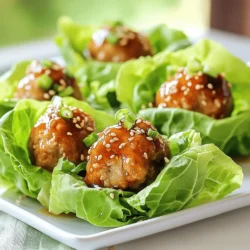 - 1 lb ground chicken (or turkey) - 1/4 cup breadcrumbs - 1/4 cup green onions, finely chopped - 1 tablespoon ginger, minced - 2 cloves garlic, minced The main ingredients bring rich flavors to your meatballs. Ground chicken or turkey works well because it absorbs the sauces nicely. Breadcrumbs keep the meatballs tender and juicy. Green onions add a fresh crunch, while ginger and garlic provide warmth and depth. - 1 tablespoon soy sauce - 1 tablespoon sesame oil - 1 tablespoon honey - 1/4 teaspoon black pepper - 1/4 teaspoon red pepper flakes (optional for heat) These sauces and seasonings create that sticky glaze we love. Soy sauce adds saltiness and umami. Sesame oil gives a nutty aroma. Honey balances the salt with sweetness, while black pepper and red pepper flakes add a gentle kick. - 1 head of butter lettuce (or iceberg lettuce), leaves separated - Sesame seeds for garnish - Additional green onions for garnish Butter lettuce is perfect for cups. Its soft leaves cradle the meatballs well. Iceberg also works if you prefer a crunchier texture. For garnishes, sesame seeds add a nice touch, and extra green onions boost freshness. For the full recipe, visit [Full Recipe]. To make the meatball mixture, start by putting all the ingredients in a large bowl. This includes the ground chicken, breadcrumbs, green onions, ginger, garlic, soy sauce, sesame oil, honey, black pepper, and red pepper flakes if you want some heat. Use your hands to mix everything. Make sure to mix gently. If you mix too hard, the meatballs may become tough. Next, preheat your oven to 400°F (200°C). While the oven heats up, line a baking sheet with parchment paper. This will help with easy cleanup. Shape the meat mixture into small balls, about one inch wide. Place the meatballs on the prepared sheet. Make sure to leave some space between each meatball. This helps them cook evenly. While the meatballs are baking, prepare your lettuce leaves. Wash them gently and pat them dry with a towel. Once the meatballs are done, take them out of the oven and let them cool for a few minutes. To assemble, take a lettuce leaf and add a few meatballs inside. You can drizzle some extra honey or a bit of soy sauce on top. Finally, sprinkle sesame seeds and more green onions to make them look nice. Enjoy your Sticky Asian Meatball Lettuce Cups right away for the best taste. For the full recipe, check out the complete guide. To make great meatballs, cook them evenly. Start by shaping them into uniform sizes. This helps them cook at the same rate. Aim for about one inch in diameter. When baking, keep space between each meatball. This allows hot air to circulate. Use a meat thermometer to check doneness. Insert it into the center of a meatball. It should read 165°F (74°C) for safety. This ensures they are cooked through and juicy. Serve your Sticky Asian Meatball Lettuce Cups with tasty sauces. A drizzle of soy sauce adds flavor. You can also try a sweet chili sauce for extra zing. Pair them with crunchy sides like cucumber slices or radishes. These add freshness and texture. For presentation, arrange the filled lettuce cups on a large platter. Garnish with more sesame seeds and green onions. This makes the dish look appealing and colorful. To store leftovers, place meatballs in an airtight container. They can last up to three days in the fridge. Make sure to separate the meatballs from the lettuce. Store the lettuce in a different container to keep it fresh. When reheating, use the oven for best results. Preheat it to 350°F (175°C) and bake for about 10 minutes. This helps maintain the meatballs’ texture. You can also microwave them for a quick option, but be careful not to overheat. {{image_2}} You can change the protein in Sticky Asian Meatball Lettuce Cups. Ground beef or pork works well. Both add rich flavor and texture. If you prefer a veggie option, try plant-based proteins. You can use lentils or chickpeas. They give a great taste and keep it healthy. Feel free to play with the flavor! You can adjust the spice levels. If you like more heat, add extra red pepper flakes. For a milder dish, skip them altogether. You can also explore different sauces. Try hoisin sauce for a sweeter taste or sriracha for a kick. Toppings like crushed peanuts or fresh herbs can also change the vibe. While butter lettuce is fantastic, other lettuce types can work too. Crisp iceberg gives a nice crunch. You can even use romaine for a sturdy cup. If you want something different, consider wrappers. Rice paper is a fun choice, adding a chewy texture. Tortillas can also hold everything together nicely. Each option brings its own flavor and feel to the meal. You can keep your meatballs in the fridge for up to four days. Store them in an airtight container. This will help keep them fresh and tasty for your next meal. To freeze the meatballs, let them cool completely. Place them in a single layer on a baking sheet. Once frozen, move them to a freezer bag. For cooked meatballs, you can reheat them directly from the freezer. Just pop them in the oven at 350°F for about 20 minutes. For raw meatballs, thaw them in the fridge overnight before cooking. Check for signs of spoilage before eating. If the meatballs smell sour or look discolored, it's time to toss them. To extend their shelf life, always store them in airtight containers and keep them at a steady temperature. This way, you can enjoy your Sticky Asian Meatball Lettuce Cups longer. For the full recipe, you can refer back to the earlier sections. To make these meatball cups healthier, you can try a few simple swaps: - Use lean ground turkey instead of ground chicken. - Replace breadcrumbs with oats for added fiber. - Use low-sodium soy sauce to cut down on salt. - Add more veggies, like grated carrots or chopped bell peppers, to the meatball mix. These changes will help reduce calories and fat while keeping the flavor strong. Yes, you can prepare these meatball cups ahead of time. Here are some tips: - Make the meatball mixture and shape them into balls. - Store the unbaked meatballs in the fridge for up to a day. - Bake them just before serving for the best taste and texture. You can also bake the meatballs and store them in the fridge. Reheat them before serving. Some great side dishes to pair with Sticky Asian Meatball Lettuce Cups include: - Steamed jasmine rice or brown rice for a hearty touch. - Sliced cucumbers or a fresh salad for crunch. - Edamame for a protein-packed snack. These sides balance the meal and add variety to your plate. Absolutely! Here are some tasty options for sauce alternatives: - Teriyaki sauce for a sweeter flavor. - Hoisin sauce for a rich, savory taste. - Sweet chili sauce for a spicy kick. Choose any sauce you enjoy to customize the flavor of your meatball cups. For the full recipe, refer to the main article. In this post, we covered ground chicken meatballs, tasty sauces, and fresh lettuce cups. You learned how to mix, bake, and serve these delicious bites. I shared tips for perfect meatballs, the best storage methods, and fun flavor variations. Remember, cooking can be fun and easy. Experiment with ingredients and enjoy your meals.