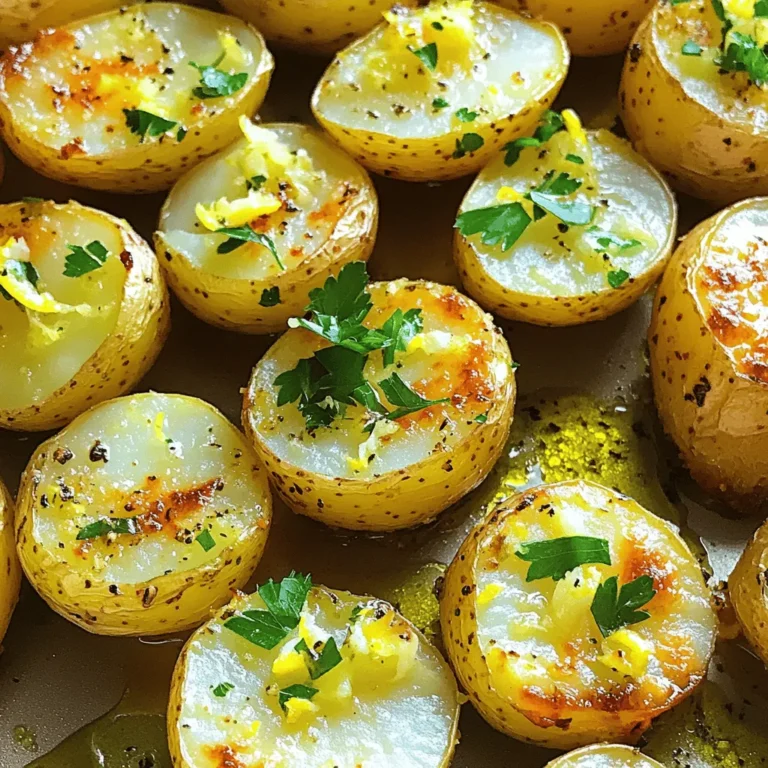 - 2 pounds baby potatoes, halved - 4 cloves garlic, minced - 3 tablespoons olive oil The main stars of this recipe are the baby potatoes. They cook fast and get crispy. I love using garlic because it adds a strong flavor. Olive oil helps the potatoes get golden and crispy. - Juice and zest of 1 large lemon - 1 teaspoon dried oregano - 1 teaspoon paprika - Salt and pepper, to taste Lemon juice and zest bring a bright taste. The dried oregano adds a nice herbal note. Paprika gives a subtle warmth. Salt and pepper balance all the flavors. - Fresh parsley, chopped (for garnish) Fresh parsley adds color and a hint of freshness. It makes the dish look pretty too. You can skip it, but I highly recommend it. For the full recipe with instructions, check out the [Full Recipe]. Enjoy your cooking! - Preheat your oven to 425°F (220°C). This helps the potatoes cook evenly. - Line a large baking sheet with parchment paper. This makes cleanup easy. - In a large mixing bowl, add 2 pounds of halved baby potatoes. - Add 4 cloves of minced garlic to the bowl. Garlic gives great flavor. - Pour in 3 tablespoons of olive oil to coat the potatoes. - Squeeze the juice and add the zest of 1 large lemon. This adds zest. - Sprinkle in 1 teaspoon of dried oregano and 1 teaspoon of paprika. - Season with salt and pepper to taste. Mix all ingredients well. - Spread the potatoes in a single layer on the baking sheet. This helps them roast. - Make sure they are spaced apart for even cooking. - Roast in the preheated oven for 25-30 minutes. - Halfway through, turn the potatoes to ensure they brown evenly. - They should be golden brown and crispy on the outside when done. - Once cooked, remove the baking sheet from the oven. - Let the potatoes cool slightly for a few minutes. - Transfer the potatoes to a serving dish. - Garnish with freshly chopped parsley for color and flavor. Follow these steps for a delicious side dish! For the full recipe, check out the [Full Recipe]. For lemon garlic roasted potatoes, baby potatoes are my favorite. They roast well and stay tender inside. Look for firm, smooth potatoes without blemishes. If you can't find baby potatoes, use small Yukon Gold or red potatoes. Halve them for even cooking. The size matters since smaller pieces cook faster and more evenly. Spacing is key to getting crispy potatoes. When you spread them out, make sure there is space between each piece. This helps them roast and brown nicely. If they are too close, they may steam instead of crisp up. Keep an eye on the time, too. I usually roast them for 25 to 30 minutes. Flip them halfway through for even browning. Want to change the flavor? It's easy! You can add fresh herbs like rosemary or thyme. They add a nice touch. If you want a stronger lemon taste, add more zest or juice. Just remember to adjust the garlic too. Too much can overpower the dish. Be creative and make it your own! Check the full recipe to get started. {{image_2}} You can easily change the flavor of your lemon garlic roasted potatoes. One way is to add herbs like rosemary or thyme. These herbs give a nice earthy taste. Just chop them up and mix them in with the other ingredients. You can also try different spice blends. For instance, adding cumin or chili powder can give a warm kick to the dish. Roasting other vegetables with your potatoes is a fun way to mix things up. Try adding bell peppers, zucchini, or carrots. These veggies roast well and add color and flavor. You can also pair potatoes with seasonal produce. For example, sweet potatoes or butternut squash work well in the fall. Just ensure all veggies cook evenly. If you need to make your lemon garlic roasted potatoes gluten-free, don't worry! The recipe is already gluten-free as it stands. If you want it vegan, just stick to the basic ingredients. You can also look for low-carb alternatives. Instead of potatoes, consider using cauliflower. It will give you a similar texture with fewer carbs. For the full recipe, check the mentioned section above. Store leftover lemon garlic roasted potatoes in the fridge. Let them cool first. Place them in an airtight container. This will keep them fresh and tasty. You can use glass or plastic containers. Just make sure they seal well. You can freeze roasted potatoes for later. Cool them completely before freezing. Spread them in a single layer on a baking sheet. Freeze until solid, then transfer to a freezer bag. This helps keep their shape. When you reheat, use the oven. This makes them crisp again. Avoid the microwave, as it may make them soggy. Roasted potatoes last about 3 to 5 days in the fridge. If they smell bad or look slimy, throw them away. Always check for signs of spoilage before eating. Fresh potatoes will have a firm texture and a nice scent. If you follow these tips, you can enjoy your lemon garlic roasted potatoes longer. For the full recipe, visit [Full Recipe]. Yes, you can use various potatoes for this recipe. - Yukon Gold: These potatoes are creamy and buttery. - Red Potatoes: They hold their shape well and add color. - Fingerling Potatoes: They have a unique shape and taste great. Each type gives a different flavor and texture, so feel free to experiment! You can use other oils if you want a different flavor. - Avocado Oil: This oil has a mild taste and is healthy. - Canola Oil: This oil is neutral and works well for roasting. - Butter: Melted butter adds rich flavor but may not be vegan. Choose what fits your diet or taste best. Look for signs to tell when your potatoes are ready. - Color: They should turn golden brown and crispy. - Texture: A fork should easily pierce the potatoes. - Time: Roasting takes about 25-30 minutes at 425°F. To test, poke a potato with a fork. If it feels soft inside, they are done! This guide covered how to make delicious roasted baby potatoes. We looked at key ingredients, flavor boosters, and optional garnishes. I shared steps to prepare, cook, and finish your dish. You learned tips for choosing the right potatoes and ways to customize flavors. Variations include adding herbs or different veggies. Finally, I explained how to store leftovers properly. Enjoy making and sharing this simple recipe. It’s a great way to savor good food!