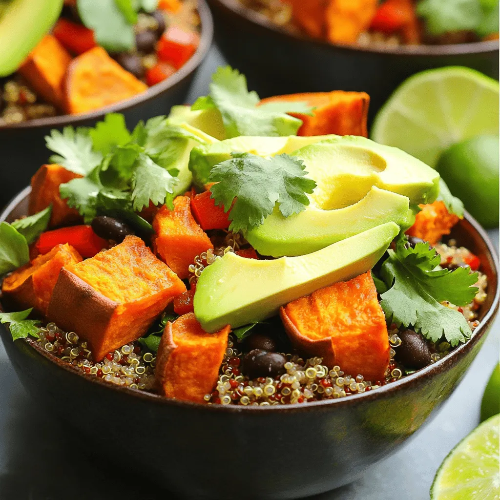 To make Roasted Sweet Potato Quinoa Bowls, gather these items: - 2 medium sweet potatoes, peeled and cubed - 1 cup quinoa, rinsed - 2 cups vegetable broth or water - 1 can (15 oz) black beans, drained and rinsed - 1 red bell pepper, diced - 1 avocado, sliced - 1 cup baby spinach - 2 tablespoons olive oil - 1 teaspoon paprika - 1 teaspoon ground cumin - Salt and pepper to taste - Fresh cilantro, chopped (for garnish) - Lime wedges (for serving) To boost the flavor, consider these optional items: - Feta cheese or goat cheese for creaminess - Roasted corn for sweetness - Chopped nuts like walnuts or almonds for crunch - Hot sauce for a spicy kick This dish is not only tasty but also healthy. Here’s a quick look at its nutrition: - Calories: Approximately 400 per serving - Protein: About 15 grams from quinoa and beans - Fiber: High in fiber due to sweet potatoes and beans - Vitamins: Rich in vitamins A and C from sweet potatoes and peppers - Healthy Fats: Avocado adds good fats These bowls are great for meal prep. They are filling and packed with nutrients. You can find the full recipe at the beginning of the article. Enjoy cooking! Start by gathering your ingredients. You will need 15 minutes to prep. Preheat your oven to 425°F (220°C). This high heat helps the sweet potatoes cook quickly and get crispy. Take two medium sweet potatoes. Peel and cube them into bite-sized pieces. In a large bowl, toss the sweet potatoes with one tablespoon of olive oil, paprika, ground cumin, salt, and pepper. Spread them evenly on a baking sheet. Roast in the oven for 25-30 minutes. Flip them halfway to ensure even cooking. They should be golden brown and tender when done. While the sweet potatoes roast, rinse one cup of quinoa under cold water. In a medium saucepan, combine the rinsed quinoa with two cups of vegetable broth or water. Bring this to a boil over medium-high heat. Once boiling, reduce the heat to low, cover, and let it simmer for 15 minutes. After cooking, fluff the quinoa with a fork and set it aside. In a large mixing bowl, combine the cooked quinoa, one can of drained and rinsed black beans, and one diced red bell pepper. Drizzle with the remaining tablespoon of olive oil and season with salt and pepper. To build your bowls, start with a base of the quinoa mixture. Top it with roasted sweet potatoes, fresh baby spinach, and avocado slices. Finish with fresh cilantro for garnish. Serve with lime wedges on the side for extra flavor. For the full recipe, check the earlier section. To make sweet potatoes perfect, start with fresh ones. Choose firm, blemish-free sweet potatoes. Cut them into even cubes to ensure they cook evenly. Toss the cubes in olive oil, paprika, cumin, salt, and pepper. Use enough oil but not too much. Spread them out on a baking sheet. They should not touch; this helps them crisp up. Roast at 425°F for 25-30 minutes. Flip them halfway through for a golden finish. Make your quinoa bowls unique by mixing in different ingredients. You can try other beans, like kidney or chickpeas. For extra crunch, add nuts or seeds. If you want more color, use yellow or orange bell peppers. You can also switch the spinach for kale or arugula. Try adding some feta cheese or a dollop of yogurt for creaminess. These small changes can make your meal exciting and fun. Meal prep is easy with roasted sweet potato quinoa bowls. Cook a big batch of quinoa and sweet potatoes at once. Store them in airtight containers in the fridge. This way, you can grab them for quick meals. Pack the ingredients separately to keep them fresh. When you’re ready to eat, just mix them together. Add fresh toppings like avocado or cilantro right before serving. It makes for a tasty and healthy meal any day. For the complete cooking process and more tips, check the Full Recipe. {{image_2}} You can boost the protein in your roasted sweet potato quinoa bowls. Try adding grilled chicken, shrimp, or tofu. Each option adds a different taste and texture. For a plant-based choice, chickpeas are a great match too. They mix well with the quinoa and sweet potatoes. You can even add a scoop of Greek yogurt on top for creaminess. Switching up the veggies keeps it fresh and fun. You can use broccoli, zucchini, or kale. Roasted Brussels sprouts bring a nice crunch. If you like a bit of heat, add some jalapeños or roasted red peppers. These veggies not only add color but also a range of nutrients. Sauces can change the whole dish. A simple lemon-tahini sauce adds a zesty flavor. For a spicy kick, drizzle sriracha or chili sauce on top. You might also enjoy a balsamic glaze for sweetness. Mixing in a citrus vinaigrette can brighten up the flavors. Experiment with these options to find your favorite. Check out the Full Recipe for more ideas. Store your roasted sweet potato quinoa bowls in an airtight container. This keeps them fresh and tasty. Make sure to let them cool down before sealing. Leftovers can last up to four days in the fridge. I recommend labeling the container with the date. This way, you’ll know when to eat them. When you are ready to eat, you can reheat your bowls. The microwave is a quick option. Place your bowl in the microwave, cover it with a lid or a paper towel, and heat for about 1-2 minutes. Stir halfway through to make sure everything warms evenly. You can also use a skillet on medium heat if you want a crispy texture. Just add a splash of olive oil and stir until heated through. You can freeze these bowls, too! Just make sure to store them in freezer-safe containers. Let the bowls cool completely before freezing. They can last up to three months in the freezer. When you are ready to eat, thaw them overnight in the fridge. Reheat as mentioned above. Enjoy the fresh flavors even after freezing! For the full recipe, check the section above. You can use several grains instead of quinoa. Brown rice is a great choice. It has a nice texture and flavor. Another option is farro, which adds a chewy bite. You can also try millet or bulgur. Each grain will give a unique taste to your bowl. Roasted sweet potatoes last for about 5 days in the fridge. Make sure to store them in an airtight container. This keeps them fresh and tasty. If you notice any changes in color or smell, it’s best to toss them. Yes, this recipe is already vegetarian. To make it vegan, simply check the broth label. Use vegetable broth to ensure it’s vegan-friendly. The rest of the ingredients fit well with a vegan diet. Feel free to add more veggies or plant-based proteins for extra nutrition. For the complete recipe, check out the Full Recipe section. You’ll find all the details needed to create these tasty bowls. Enjoy the burst of flavors and healthy ingredients in each bite! This post covers the key steps to create delicious roasted sweet potato quinoa bowls. You learned how to gather the right ingredients, prepare them, and cook the dish perfectly. I shared tips to customize the bowls and store leftovers effectively. Remember, you can switch up flavors and add proteins as you like. Enjoy creating your own version of this healthy meal! It’s simple, tasty, and a great way to explore new flavors.
