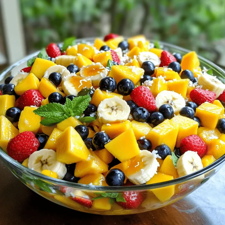 For a vibrant tropical fruit salad, use these fresh fruits: - 1 ripe mango, peeled and diced - 1 pineapple, peeled, cored, and diced - 1 papaya, peeled and diced - 1 cup strawberries, hulled and halved - 1 cup blueberries - 1 banana, sliced These fruits bring a range of colors and flavors. The mango adds sweetness, while the pineapple brings a delicious tartness. Papaya offers a soft texture that complements the crunch of strawberries and blueberries. Bananas add creaminess, tying the salad together. You can enhance your salad with some fun add-ins: - 1/2 cup shredded coconut (unsweetened) - Fresh mint leaves for garnish Adding shredded coconut gives a chewy texture and tropical feel. Fresh mint leaves not only look pretty but also add a refreshing aroma. You can also try adding nuts for crunch or seeds for extra nutrition. For a simple dressing, you need: - 1 lime, juiced - 2 tablespoons honey (or agave syrup) This dressing is light and bright. The lime juice adds a zesty kick, balancing the sweetness of the fruits. Honey or agave syrup brings a touch of sweetness, enhancing the fruits’ natural flavors. Make sure to mix the lime juice and honey well. This will ensure every bite is packed with flavor. Want the full recipe? Check out the Full Recipe for all steps. First, gather all your fruits. You need a ripe mango, pineapple, papaya, strawberries, blueberries, and a banana. Peel and dice the mango, pineapple, and papaya. Make sure to slice the banana. Hull and halve the strawberries, and rinse the blueberries. This keeps them fresh and clean. Next, take a large mixing bowl. Add all your diced fruits: mango, pineapple, papaya, strawberries, blueberries, and banana. In a small bowl, mix the lime juice and honey. Stir until well mixed. If you want it sweeter, add more honey. Pour this mixture over the fruit. Gently toss everything together until all the fruit is coated. Finally, sprinkle shredded coconut on top. Let your salad sit for about 10 minutes. This helps all the flavors blend. Serve it in a big glass bowl for a beautiful display. For a fun touch, add a lime slice on the edge of each bowl. You can find the full recipe [here]. Enjoy your fresh tropical fruit salad! To make the best tropical fruit salad, pick your fruits wisely. Look for mangoes that have a slight give when you press them. They should smell sweet near the stem. Choose pineapples that feel heavy for their size and have a sweet scent. Papayas should be mostly yellow and slightly soft. Strawberries should be bright red with green tops, while blueberries should be plump and firm. Bananas should have a few brown spots, showing ripeness. To boost the flavor, add a splash of lime juice. It adds a nice tang. You can also mix in a bit of honey for sweetness. If you like crunch, try adding nuts like almonds or cashews. Chopped mint leaves give a fresh taste. You could also include a sprinkle of chili powder for some heat. These touches make the fruit salad even more exciting. Presentation matters when serving fruit salad. Use a large glass bowl to show off the colors. Layer the fruits for a striking look. You can add a slice of lime on the edge of each bowl. Fresh mint leaves make a great garnish, adding color and aroma. For a fun twist, serve in individual cups. This makes it easy for guests to grab their own. These tips will help your tropical fruit salad shine at any gathering. For the complete recipe, check out the Tropical Paradise Fruit Salad. {{image_2}} Adding citrus fruits brings a bright twist. You can use oranges, limes, or grapefruits. Their juice adds a zesty taste. I love using oranges for sweetness. Just peel and segment them. Mix these citrus pieces with your tropical fruits. It adds flavor and makes your salad juicy. Want extra texture? Try adding nuts or seeds. Chopped almonds or walnuts work great. Sunflower seeds add a unique crunch, too. Just sprinkle a handful over the top. This makes each bite more exciting. Plus, it gives you healthy fats and proteins. You can make your salad suit your diet. For a vegan dressing, skip honey. Use agave syrup or maple syrup instead. If you want a sugar-free option, try lime juice alone. It’s tangy and refreshing. Mix it with fresh herbs like mint for added flavor. These options keep your salad fresh and tasty. For the complete recipe, check out the Full Recipe section. If you have leftover tropical fruit salad, store it in an airtight container. Keep it in the fridge. This helps keep the fruit fresh for about two days. Avoid adding the dressing until you're ready to eat it. This keeps the fruit crunchy and tasty. To keep your fruit salad fresh, follow these tips: - Wash and dry fruit before cutting. - Cut fruit just before mixing for the best taste. - Use fresh fruits that are ripe but firm. - Keep leftover salad cool to prevent spoilage. - Use lime juice to help slow browning on fruits like bananas and apples. You can freeze tropical fruits for later use. Here’s how: 1. Peel and chop the fruit as needed. 2. Lay the pieces flat on a baking sheet. 3. Freeze them for about two hours. 4. Once frozen, transfer the fruit into a zip-top bag. 5. Label the bag with the date and type of fruit. You can use frozen fruits in smoothies or as toppings. Enjoy the tropical taste all year long! You can use many fruits in your tropical fruit salad. Here are some great choices: - Mango - Pineapple - Papaya - Strawberries - Blueberries - Bananas - Shredded coconut You can also try other fruits like kiwi, passion fruit, or dragon fruit. The key is to pick ripe, fresh fruits. Mix different colors and textures for a beautiful salad. Yes, you can prepare the salad ahead of time. However, fresh fruit tastes best. If you want to make it in advance, do this: - Cut the fruits and store them in an airtight container. - Add the dressing just before serving. This keeps the fruits from getting mushy. You can make it a few hours ahead and still enjoy its freshness. A simple lime and honey dressing works wonders. Here’s how to make it: - Mix fresh lime juice with honey or agave syrup. - Adjust the sweetness to your liking. This dressing brightens the fruits and enhances their flavors. You can also try coconut yogurt or a splash of orange juice for a twist. Check out the Full Recipe for more ideas! In this blog post, I covered how to make a delicious tropical fruit salad. We explored fresh fruits, optional add-ins, and dressing ingredients. I shared easy steps for prep and serving. Tips on selecting ripe fruits help boost flavor and presentation. Variations let you customize the salad to your taste. Lastly, I explained storage methods to keep your salad fresh. Tropical fruit salad is fun and easy to make. It brings a taste of summer to your table. Enjoy trying different fruits and flavors!
