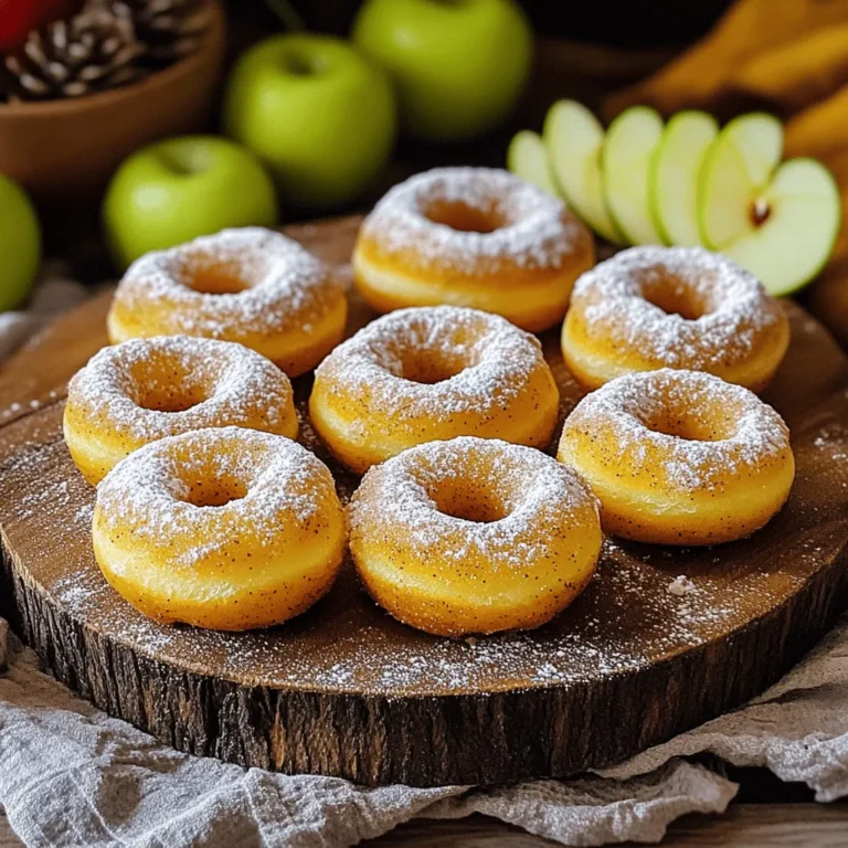 To make spiced apple cider donuts, you need fresh ingredients. Here’s what you need: - 2 cups apple cider - 2 ½ cups all-purpose flour - 1 cup granulated sugar - ½ cup brown sugar, packed - 2 teaspoons baking powder - 1 teaspoon baking soda - 1 teaspoon ground cinnamon - ½ teaspoon ground nutmeg - ½ teaspoon ground allspice - ½ teaspoon salt - 2 large eggs - ½ cup unsalted butter, melted - 1 teaspoon vanilla extract - ¼ cup granulated sugar (for coating) - 1 teaspoon ground cinnamon (for coating) Each ingredient plays a key role in flavor and texture. The apple cider gives the donuts a warm, sweet taste that is perfect for fall. The spices add depth and warmth. The sugars help create a tender crumb while the butter adds richness. For a full recipe and tips on how to make these donuts, check the [Full Recipe]. Enjoy! - Reducing Apple Cider Start by pouring 2 cups of apple cider into a small saucepan. Heat it until it boils. Then, lower the heat and let it simmer. You want to reduce it by half, which takes about 15 to 20 minutes. Once done, set it aside to cool completely. - Mixing Dry Ingredients In a large bowl, add 2 ½ cups of all-purpose flour, 1 cup of granulated sugar, and ½ cup of packed brown sugar. Next, mix in 2 teaspoons of baking powder, 1 teaspoon of baking soda, 1 teaspoon of ground cinnamon, ½ teaspoon of ground nutmeg, ½ teaspoon of ground allspice, and ½ teaspoon of salt. Whisk everything together until well combined. - Combining Wet Ingredients In another bowl, crack 2 large eggs. Beat them well. Then, add ½ cup of melted unsalted butter, the cooled apple cider, and 1 teaspoon of vanilla extract. Mix until smooth. - Filling the Donut Pan Gradually add the wet ingredients to the dry mix. Stir gently until just combined; it’s okay if there are a few lumps. Grease your donut pan or use a silicone mold. Spoon the batter into each cavity, filling about ¾ full. - Baking Instructions Preheat your oven to 350°F (175°C). Place the filled donut pan in the oven and bake for about 12 to 15 minutes. Check if they are done by inserting a toothpick; it should come out clean. - Cooling Tips Once baked, let the donuts cool in the pan for about 5 minutes. Then, gently remove them and place them on a wire rack to cool completely. - Coating the Donuts While the donuts cool, mix ¼ cup of granulated sugar with 1 teaspoon of ground cinnamon in a shallow bowl. Roll each warm donut in this mixture. This gives them a sweet and spicy coating that you’ll love! Now, you have your delicious Spiced Apple Cider Donuts ready to enjoy. For more detailed instructions, check out the Full Recipe. - Avoiding Overmixing: Mix your batter gently. If you overmix, your donuts can turn out tough. Aim for a few small lumps in the batter. This keeps them light and fluffy. - Measuring Flour Correctly: Use the spoon-and-level method. Spoon flour into your measuring cup, then level it off with a knife. Too much flour can make your donuts dry. Accurate measuring is key for great results. - Ensuring Proper Donut Pan Use: Grease your pan well to avoid sticking. You can also use a silicone mold. This helps the donuts pop out easily after baking. - Presentation Tips: Arrange the donuts on a platter. Dust them with powdered sugar for a pretty look. Add thin slices of fresh apples on the side for color and flair. - Pairing with Beverages: Enjoy your donuts with warm apple cider or coffee. The flavors blend well and enhance your treat. You can also serve with hot chocolate for a cozy touch. For a complete guide on making these delicious treats, check out the Full Recipe. {{image_2}} Adding a twist to your spiced apple cider donuts can make them even more fun. Here are a couple of ideas to try: - Chocolate or Caramel Drizzle: After baking, melt some chocolate or caramel. Drizzle it over your warm donuts for a rich, sweet touch. This adds a nice contrast to the spices. It makes each bite extra special. - Nut or Fruit Add-ins: Consider adding chopped nuts or dried fruits to the batter. Walnuts or pecans can give a nice crunch. Diced apples or raisins add even more flavor. These additions can enhance the texture and taste. If you need gluten-free donuts, there are easy ways to adapt the recipe: - Alternative Flours: Use gluten-free flour blends instead of all-purpose flour. Look for a blend that works for baking. This will keep your donuts light and fluffy. - Adjusting the Recipe: When using gluten-free flour, you might need to add more moisture. Consider adding a little extra apple cider or an egg. This helps keep the donuts from being too dry. For the full recipe, check out the original guide. Enjoy experimenting with these variations! To keep your spiced apple cider donuts fresh, store them properly. - Room Temperature Storage: Place the donuts in an airtight container. Keep them at room temperature. They stay fresh for about 2 days. If you live in a humid area, eat them sooner. - Refrigeration Tips: If you want to keep them longer, store them in the fridge. Use a sealed container to prevent them from drying out. They can last up to a week this way. Freezing is a great option if you want to save some donuts for later. - How to Freeze Donuts: Let the donuts cool completely. Wrap each one in plastic wrap, then place them in a freezer bag. This keeps them fresh for up to 3 months. - Thawing Properly: When you're ready to eat them, take the donuts out of the freezer. Leave them in the fridge overnight or at room temperature for a few hours. You can also warm them in the oven for a few minutes to bring back their soft texture. For the full recipe, check out the complete guide to making these delightful treats! What are Spiced Apple Cider Donuts? Spiced apple cider donuts are soft, sweet treats made with apple cider and warm spices. They are baked, not fried, which gives them a light texture. These donuts have a cozy flavor that reminds you of autumn. How can I make these donuts vegan? To make these donuts vegan, replace the eggs with unsweetened applesauce or flaxseed meal mixed with water. Use plant-based butter instead of regular butter. Also, opt for non-dairy milk instead of eggs for moisture. How do I reheat leftover donuts? Reheat leftover donuts in the microwave for about 10-15 seconds. You can also warm them in an oven at 350°F for about 5 minutes. This helps restore their soft texture. Can I make the batter ahead of time? Yes, you can make the batter ahead of time. Store it in the fridge for up to 24 hours. When ready to bake, just stir and fill the donut pan as usual. What can I serve with Spiced Apple Cider Donuts? These donuts pair well with a hot cup of coffee or tea. You can serve them with a drizzle of caramel sauce or a scoop of vanilla ice cream for a sweet treat. Is there a difference between cake and fried donuts? Yes, there is a difference. Cake donuts use a batter that is denser and more cake-like. Fried donuts are lighter and have a crisp exterior from frying. Both are delicious in their own way! What are some other seasonal donut flavors? Some other seasonal flavors include pumpkin spice, maple pecan, and cranberry orange. These flavors celebrate the tastes of fall and winter, adding variety to your donut collection. Overview of Nutritional Content Spiced apple cider donuts are a tasty treat, but they do contain sugar and fat. Each donut has around 200 calories, depending on the size. They provide some carbohydrates and a bit of protein from the eggs and flour. Allergy Information These donuts contain gluten, dairy, and eggs. If you have allergies, be sure to use substitutes. Always check labels for cross-contamination if you have severe allergies. In this post, we explored how to make spiced apple cider donuts. We covered everything from ingredients to baking tips. You learned how to reduce apple cider and mix dry and wet ingredients. Remember, measuring accurately is key for success. You can try fun variations like adding chocolate or nuts. For storage, keep your donuts fresh at room temperature or freeze them. I hope you feel ready to bake delicious donuts that everyone will love. Enjoy your baking journey!