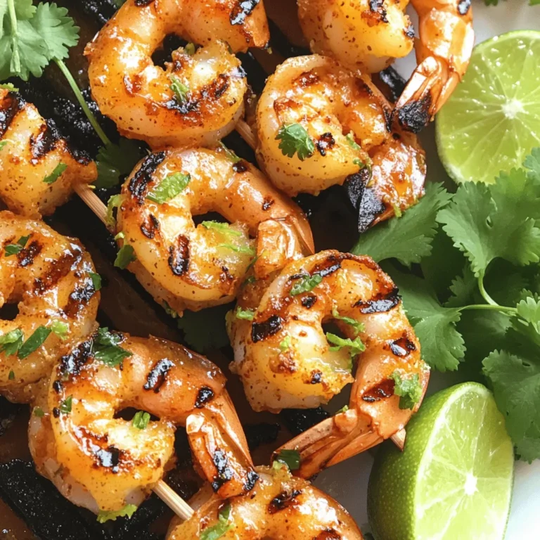 To make chili lime grilled shrimp, you need the following items: - 1 lb large shrimp, peeled and deveined - 2 tablespoons olive oil - Juice of 2 limes - Zest of 1 lime - 2 cloves garlic, minced - 1 teaspoon chili powder - 1/2 teaspoon cumin - 1/4 teaspoon smoked paprika - Salt and pepper to taste - Fresh cilantro, chopped (for garnish) - Lime wedges (for serving) These ingredients come together to create a bright, zesty flavor that makes this dish a summer favorite. The shrimp soak up the lime and spices, offering a refreshing taste. When picking shrimp, freshness is key. Look for shrimp that smell like the ocean, not fishy. The shells should be shiny and firm. If you can, buy shrimp that are wild-caught. They often have better flavor and texture than farmed shrimp. If buying frozen, ensure they are not icy or have freezer burn. To add more depth to your grilled shrimp, consider these add-ins: - Fresh jalapeños for heat - A dash of hot sauce for extra spice - Pineapple chunks for sweetness - Avocado for creaminess These add-ins can spice up the dish and make it even more exciting. Feel free to explore and find your favorite mix! For the full recipe, check the details above. Start by gathering your ingredients for this tasty dish. You will need: - 1 lb large shrimp, peeled and deveined - 2 tablespoons olive oil - Juice of 2 limes - Zest of 1 lime - 2 cloves garlic, minced - 1 teaspoon chili powder - 1/2 teaspoon cumin - 1/4 teaspoon smoked paprika - Salt and pepper to taste - Fresh cilantro, chopped (for garnish) - Lime wedges (for serving) In a medium bowl, mix the olive oil, lime juice, lime zest, minced garlic, chili powder, cumin, smoked paprika, salt, and pepper. Whisk until everything blends well. Next, add the shrimp and toss to coat them fully in the marinade. Cover the bowl and let it chill in the fridge for at least 30 minutes. If you have time, let it marinate for up to 2 hours for a more intense flavor. Preheat your grill to medium-high heat. If you use wooden skewers, soak them in water for about 15 minutes. This helps stop them from burning on the grill. Once ready, thread the marinated shrimp onto the skewers. Leave a little space between each shrimp for even cooking. Place the skewers on the grill and cook for 2-3 minutes on each side. The shrimp should turn opaque and develop those lovely grill marks. Once done, take them off the heat and let them rest for a minute. To serve, place the grilled shrimp on a plate. Sprinkle chopped fresh cilantro on top for a burst of color and flavor. Add lime wedges on the side for squeezing over the shrimp. This dish pairs well with a fresh salad or grilled veggies. For the full recipe, you can refer to the earlier section. Enjoy your flavorful summer delight! To make your shrimp shine, focus on the marinade. Use fresh lime juice and zest for a bright taste. Marinate the shrimp for at least 30 minutes. This helps the flavors soak in well. If you have time, go up to 2 hours for even more flavor. When you grill, use medium-high heat. This ensures a good sear on the shrimp. Avoid overcrowding on the grill. Give each shrimp space to cook evenly. Cook for just 2-3 minutes per side. They should turn opaque and have nice grill marks. One common mistake is overcooking shrimp. Watch the clock closely. If you cook too long, they can turn rubbery. Another mistake is not marinating long enough. Quick marinades may not give you the bold flavor you want. Also, don’t forget to soak wooden skewers if you use them. This prevents burning and keeps your shrimp intact while grilling. Lastly, avoid using too much salt in the marinade. You can always add more later, but you can't take it out. To boost flavor, try adding herbs or spices. Fresh cilantro works great as a garnish. You can also add a pinch of cayenne for heat. For a sweet touch, consider a bit of honey in the marinade. Pair your shrimp with lime wedges. The extra squeeze of lime right before eating elevates the dish. If you try the Full Recipe, consider serving it with a cool salad or rice. This complements the shrimp and adds a nice balance. {{image_2}} You can mix up the marinade for chili lime grilled shrimp. To add heat, try using fresh jalapeños or crushed red pepper flakes. You can also swap lime juice for lemon juice for a different taste. If you want a sweet touch, add some honey or agave syrup. These small changes can make the dish unique and fun. Sauces can elevate your grilled shrimp. A creamy avocado sauce pairs well with the spicy shrimp. You can blend ripe avocados, lime juice, and a pinch of salt. Another great choice is a zesty cilantro lime sauce made with fresh cilantro, garlic, and yogurt. These sauces add flavor and creaminess that balance the heat. If you want to swap shrimp, consider chicken or firm tofu. These options soak up the marinade well. For a plant-based meal, try using tempeh or jackfruit. Both can take on the chili lime flavor nicely. Adjust the cooking time as needed to ensure everything cooks through. To store leftover chili lime grilled shrimp, let it cool first. Place the shrimp in an airtight container. Refrigerate them within two hours of cooking. The shrimp will stay fresh for up to three days. If you want to save more, make sure they are sealed well. This helps keep the flavor intact. When you reheat shrimp, do it gently. You can use a skillet on low heat. Add a splash of water to keep them moist. Stir often to avoid overcooking. You can also use a microwave. Heat in short bursts of 30 seconds. Check the shrimp often to ensure they don’t become tough. If you want to keep the shrimp longer, freezing is a great option. Place cooked shrimp in a single layer on a baking sheet. Freeze them until solid, then transfer to a freezer bag. Remove as much air as possible. Frozen shrimp can last for up to three months. When you're ready to eat, thaw them overnight in the fridge. You can then reheat them as mentioned earlier. You can tell shrimp are cooked when they turn pink and opaque. The flesh will also curl into a C shape. If they look gray or translucent, they need more time. Cooking shrimp takes about 2-3 minutes on each side on the grill. Keep an eye on them, as overcooked shrimp can get tough. Always trust your eyes and check the color. Yes, you can make chili lime grilled shrimp in the oven. Preheat your oven to 400°F (200°C). Place the marinated shrimp on a baking sheet lined with foil. Bake for about 8-10 minutes or until they turn pink and opaque. This method is great if you don’t have a grill. You still get tasty shrimp with lots of flavor. Grilled shrimp pair well with many side dishes. Here are a few ideas: - Rice: Fluffy white rice or cilantro-lime rice. - Salad: A fresh green salad with a light dressing. - Vegetables: Grilled or roasted veggies like zucchini or bell peppers. - Tacos: Use the shrimp in soft or crispy tacos for a fun twist. These sides add color and balance to your meal. For the full recipe, check the details above. In this post, we covered how to make great grilled shrimp. We looked at the best ingredients, including shrimp and add-ins, and I shared tips for cooking them perfectly. You learned step-by-step instructions, helpful tips, and tasty variations for your recipe. Remember, fresh shrimp and good prep lead to great meals. Enjoy your grilling and try different flavors to make your dish unique. Happy cooking!