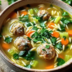 - 1 cup uncooked orzo pasta - 1 tablespoon olive oil - 1 small onion, finely chopped - 2 cloves garlic, minced - 1 medium carrot, diced - 1 celery stalk, diced - 6 cups chicken broth - 1 cup baby spinach, chopped - 1 teaspoon dried oregano - 1 cup cooked meatballs (store-bought or homemade) - ¼ cup grated Parmesan cheese - Fresh parsley for garnish Italian Wedding Soup combines simple ingredients for great flavor. The orzo pasta adds a nice bite. The olive oil gives the soup a rich base. Onions and garlic bring depth. Carrots and celery add sweetness and crunch. Chicken broth is the heart of the dish, making it warm and comforting. Baby spinach brings color and nutrients. Dried oregano adds a hint of earthiness. Meatballs, either store-bought or homemade, provide protein and heartiness. Finally, Parmesan cheese gives a savory finish. - Alternative greens (kale, Swiss chard) - Different types of meatballs (turkey, beef) - Gluten-free pasta options If you want to mix things up, try adding different greens like kale or Swiss chard. You can also switch up the meatballs. Turkey or beef works great too. For those needing gluten-free options, choose gluten-free pasta. Each variation adds its own twist while keeping the soul of the dish intact. For the full recipe, check out the instructions and start cooking this delightful soup. - Heat 1 tablespoon of olive oil in a large pot over medium heat. - Add 1 small, finely chopped onion. Sauté it until soft, about 3-4 minutes. - Next, stir in 2 minced garlic cloves, 1 diced carrot, and 1 diced celery stalk. Cook for about 5 minutes. The veggies should start to soften. - Pour in 6 cups of chicken broth and bring it to a boil. - Once boiling, add 1 cup of uncooked orzo pasta and 1 teaspoon of dried oregano. Cook for 8-10 minutes, or until the pasta is al dente. - Reduce the heat, then mix in 1 cup of cooked meatballs and 1 cup of chopped baby spinach. Stir until the spinach wilts, about 2-3 minutes. - Season the soup with salt and pepper to your taste. - Stir in ¼ cup of grated Parmesan cheese until it melts. For the full recipe, check out the details earlier in this article. To make your Italian Wedding Soup truly shine, try these tips: - Use homemade chicken broth for a richer taste. - Adjust seasoning to your liking with fresh or dried herbs. This can really enhance the flavor. Preventing your orzo from turning mushy is key. Here’s how: - Add orzo to the pot only when the broth is boiling. This helps keep it firm. - Stir the pasta gently while it cooks. This keeps it from sticking together. For sautéing vegetables evenly: - Cut your vegetables to the same size. This ensures they cook at the same rate. - Sauté on medium heat and stir often. This helps them soften without burning. Pair your Italian Wedding Soup with these ideas: - Serve with warm garlic bread for a nice crunch. - Add a side salad to balance the meal. For a great presentation: - Ladle the soup into bowls and sprinkle with fresh parsley. - Dust with extra Parmesan cheese for a touch of elegance. You can find the Full Recipe to explore all these tips in detail! {{image_2}} Italian Wedding Soup has many traditional twists. In Southern Italy, cooks use unique herbs. They might add fresh basil or parsley for a bright touch. You can find other regional takes too, like using escarole instead of spinach. Each area brings its own flair, making the soup special. For those looking for lighter options, you can make vegetarian or vegan versions. Simply swap out the meatballs for plant-based ones. Use vegetable broth in place of chicken broth. To make it low-carb, skip the orzo. You can add zucchini noodles or simply enjoy the broth with veggies. Let your creativity shine with this soup! Try fusion ideas by adding Asian flavors like ginger and bok choy. Or, make seasonal variations by using fresh vegetables. In summer, add zucchini and tomatoes. In winter, root veggies like parsnips can add warmth. The possibilities are endless, so have fun with it! To keep your Italian Wedding Soup fresh, cool it down first. Store it in a sealed container. Place it in the fridge. It stays good for about three days. If you want to save it longer, freeze it! Use airtight containers or freezer bags. It can last for up to three months in the freezer. When reheating, avoid high heat. Use a pot over medium heat to warm it gently. This keeps the flavors intact. You can also use the microwave. Just heat it in short bursts to avoid overcooking. To boost flavor, add fresh spinach or herbs when you reheat. A sprinkle of Parmesan cheese can also add richness. Enjoy the warmth and comfort of your soup again! For the full recipe, check out the instructions above. Italian Wedding Soup has roots in the Italian-American community. The name can confuse some. It does not come from actual weddings. Instead, it refers to the marriage of flavors. The soup mixes greens and meat. Traditionally, it features small meatballs and leafy greens, often escarole or spinach. This dish is a comfort food favorite in many homes. Yes, you can use different types of pasta. Orzo is common, but small shapes work well too. Try ditalini, acini di pepe, or even small shells. Each type adds a unique texture. Just cook the pasta according to the package. This keeps the flavor strong and the dish hearty. Italian Wedding Soup lasts about 3 to 4 days in the fridge. Store it in an airtight container. This helps maintain its fresh taste. If you notice any changes in smell or color, it's best to toss it. Always check before reheating. Yes, making this soup in advance is a great idea. You can prepare it a day or two ahead. Just store it in the fridge. If you want to freeze it, leave out the pasta. Freezing cooked pasta can make it mushy. When ready to eat, add fresh pasta to the heated soup. This keeps the dish fresh and delicious. For the full recipe, check out the Italian Wedding Soup section. Italian Wedding Soup is a true comfort dish. You learned about key ingredients like orzo, meatballs, and fresh greens. We covered how to cook it perfectly and shared tips to boost flavor. Variations cater to different diets, ensuring everyone can enjoy this hearty meal. Remember, proper storage can help you enjoy leftovers too. Embrace the creativity in making this soup your own, and enjoy every spoonful. Dive into this recipe, and you’ll have a warm bowl of happiness.