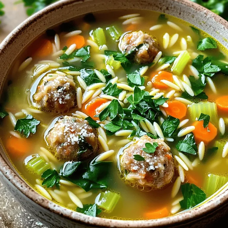 - 1 cup uncooked orzo pasta - 1 tablespoon olive oil - 1 small onion, finely chopped - 2 cloves garlic, minced - 1 medium carrot, diced - 1 celery stalk, diced - 6 cups chicken broth - 1 cup baby spinach, chopped - 1 teaspoon dried oregano - 1 cup cooked meatballs (store-bought or homemade) - ¼ cup grated Parmesan cheese - Fresh parsley for garnish Italian Wedding Soup combines simple ingredients for great flavor. The orzo pasta adds a nice bite. The olive oil gives the soup a rich base. Onions and garlic bring depth. Carrots and celery add sweetness and crunch. Chicken broth is the heart of the dish, making it warm and comforting. Baby spinach brings color and nutrients. Dried oregano adds a hint of earthiness. Meatballs, either store-bought or homemade, provide protein and heartiness. Finally, Parmesan cheese gives a savory finish. - Alternative greens (kale, Swiss chard) - Different types of meatballs (turkey, beef) - Gluten-free pasta options If you want to mix things up, try adding different greens like kale or Swiss chard. You can also switch up the meatballs. Turkey or beef works great too. For those needing gluten-free options, choose gluten-free pasta. Each variation adds its own twist while keeping the soul of the dish intact. For the full recipe, check out the instructions and start cooking this delightful soup. - Heat 1 tablespoon of olive oil in a large pot over medium heat. - Add 1 small, finely chopped onion. Sauté it until soft, about 3-4 minutes. - Next, stir in 2 minced garlic cloves, 1 diced carrot, and 1 diced celery stalk. Cook for about 5 minutes. The veggies should start to soften. - Pour in 6 cups of chicken broth and bring it to a boil. - Once boiling, add 1 cup of uncooked orzo pasta and 1 teaspoon of dried oregano. Cook for 8-10 minutes, or until the pasta is al dente. - Reduce the heat, then mix in 1 cup of cooked meatballs and 1 cup of chopped baby spinach. Stir until the spinach wilts, about 2-3 minutes. - Season the soup with salt and pepper to your taste. - Stir in ¼ cup of grated Parmesan cheese until it melts. For the full recipe, check out the details earlier in this article. To make your Italian Wedding Soup truly shine, try these tips: - Use homemade chicken broth for a richer taste. - Adjust seasoning to your liking with fresh or dried herbs. This can really enhance the flavor. Preventing your orzo from turning mushy is key. Here’s how: - Add orzo to the pot only when the broth is boiling. This helps keep it firm. - Stir the pasta gently while it cooks. This keeps it from sticking together. For sautéing vegetables evenly: - Cut your vegetables to the same size. This ensures they cook at the same rate. - Sauté on medium heat and stir often. This helps them soften without burning. Pair your Italian Wedding Soup with these ideas: - Serve with warm garlic bread for a nice crunch. - Add a side salad to balance the meal. For a great presentation: - Ladle the soup into bowls and sprinkle with fresh parsley. - Dust with extra Parmesan cheese for a touch of elegance. You can find the Full Recipe to explore all these tips in detail! {{image_2}} Italian Wedding Soup has many traditional twists. In Southern Italy, cooks use unique herbs. They might add fresh basil or parsley for a bright touch. You can find other regional takes too, like using escarole instead of spinach. Each area brings its own flair, making the soup special. For those looking for lighter options, you can make vegetarian or vegan versions. Simply swap out the meatballs for plant-based ones. Use vegetable broth in place of chicken broth. To make it low-carb, skip the orzo. You can add zucchini noodles or simply enjoy the broth with veggies. Let your creativity shine with this soup! Try fusion ideas by adding Asian flavors like ginger and bok choy. Or, make seasonal variations by using fresh vegetables. In summer, add zucchini and tomatoes. In winter, root veggies like parsnips can add warmth. The possibilities are endless, so have fun with it! To keep your Italian Wedding Soup fresh, cool it down first. Store it in a sealed container. Place it in the fridge. It stays good for about three days. If you want to save it longer, freeze it! Use airtight containers or freezer bags. It can last for up to three months in the freezer. When reheating, avoid high heat. Use a pot over medium heat to warm it gently. This keeps the flavors intact. You can also use the microwave. Just heat it in short bursts to avoid overcooking. To boost flavor, add fresh spinach or herbs when you reheat. A sprinkle of Parmesan cheese can also add richness. Enjoy the warmth and comfort of your soup again! For the full recipe, check out the instructions above. Italian Wedding Soup has roots in the Italian-American community. The name can confuse some. It does not come from actual weddings. Instead, it refers to the marriage of flavors. The soup mixes greens and meat. Traditionally, it features small meatballs and leafy greens, often escarole or spinach. This dish is a comfort food favorite in many homes. Yes, you can use different types of pasta. Orzo is common, but small shapes work well too. Try ditalini, acini di pepe, or even small shells. Each type adds a unique texture. Just cook the pasta according to the package. This keeps the flavor strong and the dish hearty. Italian Wedding Soup lasts about 3 to 4 days in the fridge. Store it in an airtight container. This helps maintain its fresh taste. If you notice any changes in smell or color, it's best to toss it. Always check before reheating. Yes, making this soup in advance is a great idea. You can prepare it a day or two ahead. Just store it in the fridge. If you want to freeze it, leave out the pasta. Freezing cooked pasta can make it mushy. When ready to eat, add fresh pasta to the heated soup. This keeps the dish fresh and delicious. For the full recipe, check out the Italian Wedding Soup section. Italian Wedding Soup is a true comfort dish. You learned about key ingredients like orzo, meatballs, and fresh greens. We covered how to cook it perfectly and shared tips to boost flavor. Variations cater to different diets, ensuring everyone can enjoy this hearty meal. Remember, proper storage can help you enjoy leftovers too. Embrace the creativity in making this soup your own, and enjoy every spoonful. Dive into this recipe, and you’ll have a warm bowl of happiness.