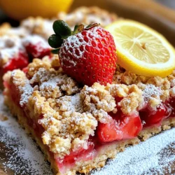 - Key Ingredients: Flour, Oats, Brown Sugar, and More - 1 cup all-purpose flour - 1/2 cup rolled oats - 1/3 cup brown sugar - 1/2 teaspoon baking powder - 1/4 teaspoon salt - 1/2 cup cold butter, cubed - 1/4 cup granulated sugar - 1 tablespoon lemon zest - 2 tablespoons lemon juice - 2 cups fresh strawberries, hulled and chopped - 1 tablespoon cornstarch - 1 teaspoon vanilla extract The key ingredients in these bars create a lovely balance of flavors. The flour and oats form a sturdy base. Brown sugar adds a rich sweetness. The baking powder and salt help the crust rise. Cold butter gives the crumble its flaky texture. - Optional Ingredients for Added Flavor - A pinch of cinnamon for warmth - A handful of chopped nuts for crunch You can add a pinch of cinnamon to enhance the flavor. Chopped nuts can add great texture and taste. Feel free to mix and match as you like! The Full Recipe has all the details you need to create these delightful bars. - Preheating Oven and Preparing the Baking Dish First, preheat your oven to 350°F (175°C). This step is key to getting the bars just right. Next, grease an 8x8-inch baking dish or line it with parchment paper. Lining makes it easy to remove the bars later. - Mixing Dry Ingredients and Preparing the Crust In a medium bowl, mix together the flour, rolled oats, brown sugar, baking powder, and salt. This mixture forms the base for your crust. Then, add the cold butter. Use your fingers or a pastry cutter to blend until the mixture looks crumbly. Set aside about 1/2 cup of this mixture for the topping. - Making the Strawberry Filling In another bowl, combine the chopped strawberries, granulated sugar, lemon zest, lemon juice, cornstarch, and vanilla extract. Toss gently to coat the strawberries. This mixture will add a bright flavor to your bars. - Assembling the Crumble Bars Press the remaining crust mixture firmly into the bottom of your prepared dish. Make sure it’s even. Bake this crust for 10-12 minutes until it is lightly golden. - Baking Time and Techniques After removing the crust from the oven, spread the strawberry mixture evenly over it. Then, sprinkle the reserved crumble mixture on top of the strawberries. This will create a delicious topping. Return to the oven and bake for another 25-30 minutes, or until the topping is golden and the strawberry filling is bubbly. - Cooling Tips for Best Results Once baked, allow the bars to cool completely in the dish. This helps them set and makes slicing easier. It’s hard to wait, but this step is important for the best texture. - Ensuring the Right Texture: To get a perfect crust, use cold butter. Cold butter helps create a crumbly texture. When mixing, don’t overwork the dough. Just blend until it looks sandy. For the topping, make sure to reserve half of the mixture. This adds a nice crunchy layer on top. - How to Get the Perfect Strawberry Filling: Use fresh strawberries for the best flavor. Make sure to chop them into small pieces. This helps them cook evenly. Mixing them with sugar and lemon juice brings out their natural sweetness. The cornstarch thickens the filling, so it doesn’t run. - Overmixing or Undermixing Ingredients: Be careful not to mix too much. Overmixing can make the crust tough. If you under-mix, the crust may break apart. Aim for a crumbly texture that holds together but feels light. - Baking Time: How to Know When They’re Done: Keep an eye on the color. The topping should turn golden brown. You can also check for bubbling around the edges. This means the filling is hot and ready. Let the bars cool completely before slicing. This helps them hold their shape. For the full recipe, don’t forget to check the recipe section above! {{image_2}} You can have fun by adding other fruits to your crumble bars. Raspberries, blueberries, or peaches will work great. Each fruit adds a new twist to the flavor. Raspberries give a nice tartness. Blueberries add sweetness, while peaches bring a juicy touch. You can also try different citrus flavors. Think about lime or orange instead of lemon. Each choice will change the taste. Lime will add a bright, zesty kick. Orange will bring a sweeter, floral note. Mixing and matching flavors keeps things interesting and fun. If you need gluten-free options, you can easily switch the flour. Use a gluten-free flour blend to replace all-purpose flour. This keeps the texture nice without gluten. You can also use oats that are certified gluten-free. For vegan bars, replace the butter with coconut oil or vegan butter. This keeps the bars rich and tasty. You can also use flaxseed meal mixed with water instead of eggs, if needed. Looking for healthier bars? You can swap out sugar for natural sweeteners. Try using maple syrup, honey, or agave. They can lower the refined sugar in your recipe. You will still get a sweet taste without the guilt. These easy adjustments make the bars suit different diets. Enjoy experimenting with flavors and ingredients! To keep your Strawberry Lemonade Crumble Bars fresh, store them in an airtight container. This will help maintain their taste and texture. You can store them at room temperature for up to three days. If you want to keep them longer, refrigerate them. They will last about a week in the fridge. For longer storage, freezing is a great option. Wrap each bar tightly in plastic wrap. Then, place them in a freezer-safe bag or container. This way, they can last for up to three months. To eat, simply thaw them in the fridge overnight. To enjoy your bars at their best, reheat them gently. Preheat your oven to 350°F (175°C). Place the bars on a baking sheet. Heat for about 10 minutes. This method keeps the crust crisp and the filling warm. After storage, serve the bars with a dusting of powdered sugar. A slice of lemon or a fresh strawberry on top adds a nice touch. You can also pair them with a scoop of vanilla ice cream for extra indulgence. How can I adjust the sweetness of the bars? You can easily change the sweetness by adding more or less sugar. If you want a sweeter bar, increase the granulated sugar in the filling. For a less sweet option, reduce the sugar in both the filling and crust. Taste the strawberry mixture before baking to find your perfect balance. Can I use frozen strawberries instead of fresh ones? Yes, you can use frozen strawberries! Just thaw them first and drain any excess juice. This will keep the filling from becoming too watery. Frozen berries work well, but fresh strawberries usually taste better in this recipe. How do I know when the crumble bars are fully baked? Look for a golden topping and bubbling filling. The edges should pull away from the pan slightly. A toothpick inserted in the center should come out clean or with a few crumbs. If you see any liquid, give it a few more minutes in the oven. What is the best way to serve these bars? Serve them chilled or at room temperature. Dust with powdered sugar for a pretty touch. You can also add a slice of lemon or a fresh strawberry on top for extra flair. Can I make these bars ahead of time? Absolutely! These bars keep well in the fridge for up to five days. Just store them in an airtight container. They also freeze well, so you can make a batch for later. What other desserts pair well with Strawberry Lemonade Crumble Bars? These bars go great with vanilla ice cream or whipped cream. You could also serve them with a light fruit salad or a refreshing sorbet. They complement summer desserts beautifully! For a detailed guide on the recipe, check out the Full Recipe. This blog post explored making Strawberry Lemonade Crumble Bars. We discussed the key ingredients, steps for preparation, and how to achieve the perfect texture. You learned tips to avoid common mistakes and tried various flavor combinations through easy substitutions. Knowing how to store and reheat these bars helps keep them fresh. These delightful treats are flexible, letting you create your own twist. Now, you can enjoy these tasty bars any time by following the guidance shared. Happy baking!