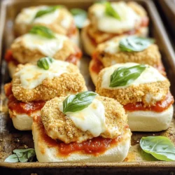 - 1 lb boneless, skinless chicken breasts - 1 cup breadcrumbs (Italian seasoned) - 1/2 cup grated Parmesan cheese - 1 teaspoon garlic powder - 1 teaspoon dried oregano - 1/2 teaspoon salt - 1/4 teaspoon black pepper - 2 large eggs - 1 cup marinara sauce - 1 1/2 cups shredded mozzarella cheese - 12 slider buns - Fresh basil leaves for garnish - Olive oil for frying This dish starts with fresh chicken. I prefer boneless, skinless chicken breasts for easy slicing. You will need breadcrumbs for a crispy coating. Italian-seasoned breadcrumbs add flavor. Grated Parmesan cheese gives a rich taste. Garlic powder and dried oregano boost the dish's aroma. Salt and black pepper bring out the flavors. Eggs help the breadcrumbs stick to the chicken. Marinara sauce adds moisture and taste to the sliders. Shredded mozzarella cheese melts beautifully on top. Slider buns hold everything together. Fresh basil leaves add a nice touch. Use olive oil for frying to achieve a golden crust. Each ingredient plays a key role in creating tasty Chicken Parmesan Sliders. You can find the full recipe for step-by-step guidance. - Caloric content per slider: Around 250 calories - Macronutrients breakdown: - Proteins: 18g - Fats: 12g - Carbohydrates: 20g - Dietary considerations: Gluten-free breadcrumbs are available. You can make low-carb options using zucchini slices instead of buns. This information helps you make informed choices about your meal. Enjoy these sliders without worry about your diet! First, preheat your oven to 375°F (190°C). This heat ensures your sliders bake evenly. Next, grab a baking sheet and lightly grease it with cooking spray or olive oil. This prevents sticking and helps with easy cleanup. Now, let’s prepare the chicken. Take the boneless, skinless chicken breasts and slice them in half horizontally. This makes thinner cutlets that fit perfectly in the slider buns. Next, for the coating, mix breadcrumbs, grated Parmesan cheese, garlic powder, oregano, salt, and pepper in a bowl. This blend adds flavor and crunch. In another bowl, beat the two large eggs. Take each chicken cutlet and dip it first in the eggs. After that, coat it in the breadcrumb mix. Make sure each piece is fully covered for that crispy texture. In a large skillet, heat olive oil over medium-high heat. Once hot, add the coated chicken cutlets. Fry them for about 3-4 minutes on each side until they turn golden brown and are cooked through. After frying, place them on the prepared baking sheet. Now comes the fun part! Spoon marinara sauce over each fried chicken piece. Then, top each with shredded mozzarella cheese. This creates a melty topping that’s hard to resist. Bake the chicken for about 10 minutes, or until the cheese is bubbly and golden. While the chicken bakes, lightly toast the slider buns in the same skillet. This adds a nice crunch. Finally, assemble your sliders! Place each chicken cutlet on the bottom half of a toasted slider bun. Add a few fresh basil leaves for extra flavor before topping it with the other half. Enjoy your tasty Chicken Parmesan Sliders! For the full recipe, check out the provided instructions. To make great sliders, you need to fry the chicken at the right temperature. Aim for about 350°F (175°C). This temperature helps the chicken cook evenly and stay juicy. If the oil is too hot, the outside burns, but the inside stays raw. To avoid soggy buns, toast them lightly in the skillet. This step creates a barrier that keeps moisture from the chicken and sauce. You can also use sturdy slider buns, which hold up better against the toppings. To boost the flavor, try adding spices. A pinch of paprika or a little cayenne can add warmth. Fresh herbs like thyme or rosemary can also make a big difference. Mix these herbs into the breadcrumb coating for extra flavor with each bite. You can customize your marinara sauce too. Add sautéed onions or bell peppers for a sweet touch. A dash of red pepper flakes gives it a nice kick. If you prefer creamy sauce, mix in a little heavy cream for a rich taste. For sides, consider a crisp salad or some roasted veggies. A light side balances the richness of the sliders. You could also serve sweet potato fries for a tasty twist. When it comes to drinks, pair your sliders with a light beer or a crisp white wine. Sparkling water with lemon is a refreshing non-alcoholic option. These choices help cut through the cheese and sauce, making every bite enjoyable. For the full recipe, check [Full Recipe]. {{image_2}} You can switch up the main protein. Use turkey instead of chicken for a leaner option. Tofu works great too if you want a vegetarian meal. Both options taste delicious and are easy to prepare. For those who need gluten-free options, try using gluten-free breadcrumbs. They provide the same crispy texture without the gluten. Want to spice things up? Make spicy Chicken Parmesan sliders by adding red pepper flakes to the breadcrumb mix. This gives a nice kick! Another fun idea is to create a Caprese-inspired slider. Just add fresh tomatoes and pesto to your chicken. This adds a fresh and vibrant twist to the classic flavors. If you're hosting a party, consider making mini sliders. They are perfect as appetizers and easy for guests to grab. Alternatively, you can use larger buns for a full sandwich. This makes a heartier meal if you're feeling extra hungry. Either way, these variations keep your Chicken Parmesan sliders fresh and exciting! To keep your Chicken Parmesan Sliders fresh, store any leftovers in the fridge. Place them in an airtight container. This helps keep moisture in and prevents them from drying out. You can also wrap them tightly in plastic wrap. Make sure to eat them within three days for the best taste. If you want to save sliders for later, freezing is a great option. First, let the cooked sliders cool completely. Then, wrap each one in foil or plastic wrap. Place them in a freezer-safe bag or container. This way, they can stay fresh for up to three months. When you are ready to eat them, thaw in the fridge overnight. Reheat in the oven at 350°F (175°C) until warm. In the fridge, Chicken Parmesan Sliders last about three days. After this time, the sliders may not taste as good. Look for signs of spoilage like a strange smell or mold. If you notice these, toss them out. Keeping an eye on freshness helps you enjoy this dish at its best. Chicken Parmesan sliders are tasty sandwiches made with breaded chicken. They have marinara sauce and melted cheese. The sliders use small buns that are easy to hold. Each slider is packed with flavor and comfort. The key ingredients include: - 1 lb boneless, skinless chicken breasts - 1 cup breadcrumbs (Italian seasoned) - 1/2 cup grated Parmesan cheese - 1 teaspoon garlic powder - 1 teaspoon dried oregano - 1/2 teaspoon salt - 1/4 teaspoon black pepper - 2 large eggs - 1 cup marinara sauce - 1 1/2 cups shredded mozzarella cheese - 12 slider buns - Fresh basil leaves for garnish - Olive oil for frying These sliders are fun for parties or family dinners. They bring the classic taste of Chicken Parmesan in a new form. Yes, you can prepare these sliders ahead of time. You can bread the chicken and store it in the fridge. Cook the chicken just before serving for the best taste. If you want to make them even earlier, cook the sliders fully, store them in the fridge, and reheat them later. Ensure you keep them in an airtight container to stay fresh. To add more sauce to your sliders, use extra marinara sauce. Pour a bit more sauce on each piece of chicken before adding the cheese. You can also mix in some herbs or spices into the sauce for added flavor. Try using roasted garlic or red pepper flakes for a kick. This will keep the sliders moist and tasty. These sliders pair well with many side dishes. Here are some good options: - Crispy French fries - A fresh salad - Steamed vegetables - Garlic bread You can also serve dipping sauces like ranch or extra marinara on the side. Fresh basil leaves as a garnish add a nice touch too. You can easily make these sliders your own. Here are some ideas: - Use turkey or tofu instead of chicken. - Add spicy pepper jack cheese for a kick. - Sprinkle on some fresh herbs like parsley or thyme. - Swap marinara for pesto for a twist. Feel free to get creative and mix flavors! For the complete recipe, check out the [Full Recipe]. In this blog post, we explored how to make Chicken Parmesan Sliders from scratch. We covered the ingredients needed, step-by-step instructions, and tips to achieve the perfect sliders. We also discussed variations, storage tips, and answered common questions to make your cooking easier. These sliders are not just tasty; they are adaptable and quick to make. I hope you enjoy trying out these recipes and sharing them with friends and family. Happy cooking!