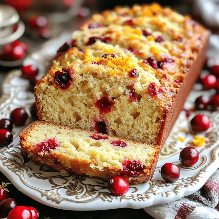 - 2 cups all-purpose flour - 1 teaspoon baking powder - 1/2 teaspoon baking soda - 1/2 teaspoon salt - 1/2 cup unsalted butter, softened - 1 cup granulated sugar - 2 large eggs - 1 tablespoon grated orange zest - 1/2 cup fresh orange juice - 1 teaspoon vanilla extract - 1 cup fresh or frozen cranberries, roughly chopped - 1/4 cup chopped walnuts or pecans (optional) Measuring ingredients accurately is key. Use dry measuring cups for flour and sugar. For liquids, use a liquid measuring cup. Level off dry ingredients with a knife. This ensures your bread rises well and tastes great. You can swap some ingredients if needed. Use whole wheat flour for a healthier option. Greek yogurt can replace butter for lower fat. If you want a nut-free bread, skip the walnuts or pecans. For sweetness, you can use honey or maple syrup. 1. First, preheat the oven to 350°F (175°C). 2. Grease a 9x5 inch loaf pan. Set it aside. 3. In a medium bowl, whisk together: - 2 cups all-purpose flour - 1 teaspoon baking powder - 1/2 teaspoon baking soda - 1/2 teaspoon salt This dry mix is key. It helps the bread rise well. 1. In a large bowl, cream together: - 1/2 cup unsalted butter, softened - 1 cup granulated sugar Beat until light and fluffy, about 3-4 minutes. 2. Add in 2 large eggs, one by one. Mix well after each egg. 3. Next, mix in: - 1 tablespoon grated orange zest - 1/2 cup fresh orange juice - 1 teaspoon vanilla extract Stir until everything is well combined. 4. Gradually add the dry mix to the wet ingredients. Stir until just combined. Do not overmix! 5. Gently fold in: - 1 cup fresh or frozen cranberries, roughly chopped - 1/4 cup chopped walnuts or pecans (optional) 1. Pour the batter into the prepared loaf pan. Smooth the top with a spatula. 2. Bake in the preheated oven for 55-65 minutes. 3. Check for doneness by inserting a toothpick into the center. It should come out clean. 4. Let the bread cool in the pan for about 10 minutes. Then transfer to a wire rack to cool completely. Follow these steps from the Full Recipe, and you’ll create a delightful Cranberry Orange Bread! To get the best texture, do not overmix the batter. Overmixing can make your bread tough. Mix just until the dry ingredients blend in. This keeps the bread light and fluffy. When using cranberries, fresh ones are best. They add a bright, tart flavor. If you use frozen cranberries, do not thaw them. This helps them keep their shape while baking. You can make this bread even better. Try adding spices like cinnamon or nutmeg. Just a pinch can bring warmth and depth. You can also use different nuts or dried fruits. Walnuts add a crunch. Pecans give a rich taste. Dried apricots or raisins could add sweetness and texture. Once your bread cools, slice it and serve on a nice platter. For a pop of color, sprinkle extra orange zest or chopped cranberries on top. Wrap the loaf in parchment paper and tie it with twine. This makes a lovely gift. It adds a personal touch that friends and family will love. For the full recipe, check out the complete guide, and enjoy your baking journey! {{image_2}} You can change the flavor of your cranberry orange bread by using other citruses. Try using lemon or lime. Replace the orange juice with fresh lemon or lime juice. Add zest from the same fruit to enhance the taste. Lemon gives a bright and fresh flavor. Lime adds a nice twist and pairs well with cranberries. These options can change the bread's character while keeping it delicious. If you need a gluten-free option, it’s easy to adjust the recipe. Use gluten-free flour instead of all-purpose flour. Make sure the blend you choose has a good texture. You may also need to add a little xanthan gum to help with structure. This small change keeps your bread light and fluffy. For a healthier version, you can reduce the sugar. Try using a sugar substitute like honey or maple syrup. This will change the flavor slightly but still tastes great. You can also cut the sugar in half for a less sweet bread. Using applesauce in place of some butter can also make it lighter. Each of these changes can help you enjoy this treat without the guilt while keeping its delightful taste. To keep your Cranberry Orange Bread fresh, store it in an airtight container. This method locks in moisture and keeps the bread soft. Place a piece of parchment paper between the bread and the lid to absorb excess moisture. If you want to save the bread for later, freezing is an excellent option. Wrap the cooled loaf tightly in plastic wrap, then place it in a freezer bag. This method will protect it from freezer burn. You can freeze slices too, allowing you to enjoy a piece whenever you crave it. When stored properly, your Cranberry Orange Bread stays fresh for about 3 to 4 days at room temperature. If you store it in the fridge, it can last up to a week. Freezing extends its life to about 3 months. Just remember to thaw it in the fridge overnight or at room temperature when you're ready to enjoy it again. For the best taste, consume it within this time frame. To freeze Cranberry Orange Bread, first cool it completely. Wrap it tightly in plastic wrap. Then, put the wrapped bread in a freezer bag. This helps keep it fresh. Label the bag with the date. You can freeze it for up to three months. When ready to eat, thaw it in the fridge overnight. Yes, you can use dried cranberries! They will add sweetness to the bread. Use the same amount as fresh cranberries. So, if the recipe calls for 1 cup of fresh cranberries, use 1 cup of dried. Dried cranberries may make the bread a bit denser. To check if the bread is done, use a toothpick. Insert it into the center of the bread. If it comes out clean, the bread is ready. If you see batter on the toothpick, bake for a few more minutes. The edges should be golden brown too. Cranberry Orange Bread is great on its own. But you can add toppings for fun! Try spreading butter or cream cheese on warm slices. You can also use honey or orange marmalade. For a twist, sprinkle some walnuts or pecans on top for crunch. This article covered how to make delicious Cranberry Orange Bread. We looked at the key ingredients and how to measure them correctly. I explained step-by-step baking instructions. We discussed tips for achieving the best texture and flavor. You can even try variations like gluten-free or different citrus fruits. Remember, this recipe is not just about baking; it's about creating something special. Enjoy your baking!