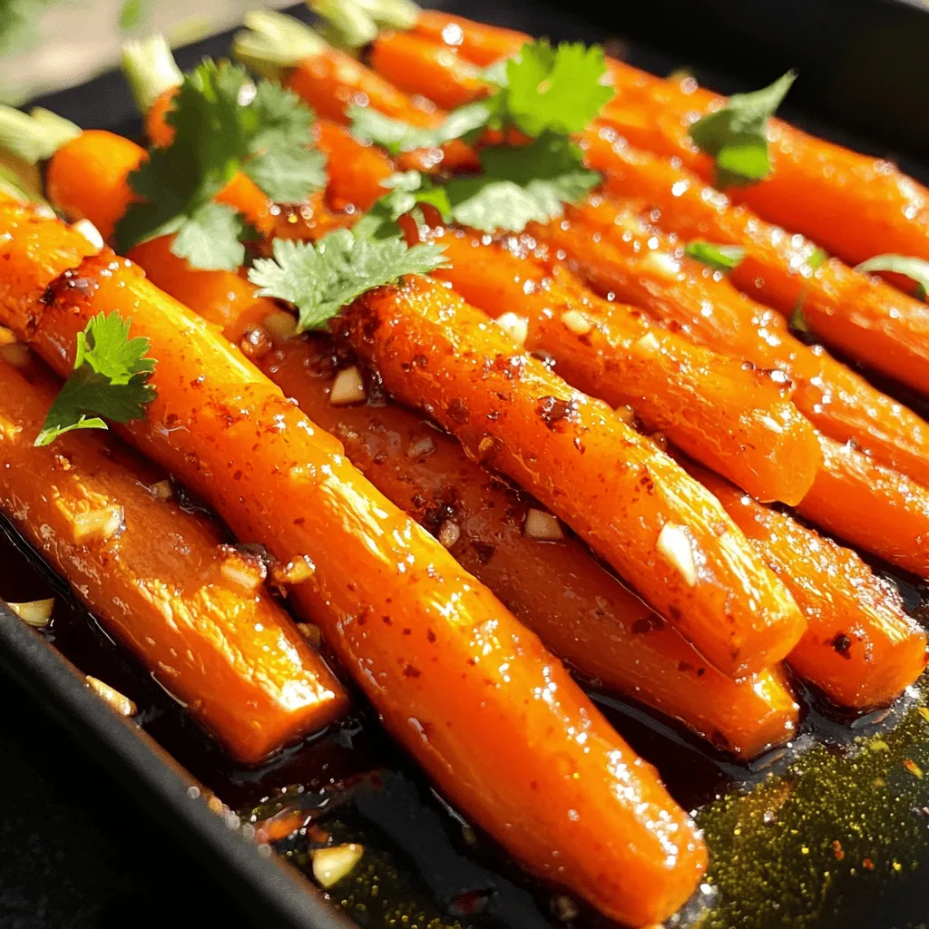 When making Honey Sriracha Roasted Carrots, you need a few key ingredients. Each one plays an important role in creating the dish's unique flavor. - Baby carrots or regular carrots - Honey and Sriracha sauce - Olive oil, garlic powder, and smoked paprika - Salt and pepper, and garnish options You can use baby carrots or regular carrots. If you pick regular carrots, peel them and cut them into sticks. The honey will add sweetness, while Sriracha gives a spicy kick. Olive oil helps everything roast evenly. Garlic powder adds depth, and smoked paprika brings a warm, smoky flavor. Don't forget salt and pepper to enhance the taste. Fresh cilantro makes a great garnish, adding a pop of color and freshness. For the full recipe, check out the complete details. Remember, using fresh ingredients makes a big difference in flavor. Each bite will burst with sweet and spicy goodness, making it a perfect side dish for any meal! First, preheat your oven to 400°F (200°C). This temperature helps the carrots roast nicely and caramelize. While the oven warms up, get your carrots ready. If you use baby carrots, you can leave them whole. If you use regular carrots, peel and cut them into sticks. Aim for even sizes, so they cook at the same rate. In a large mixing bowl, combine 2 tablespoons of honey and 1 tablespoon of Sriracha sauce. You can adjust the Sriracha based on how spicy you want your dish. Next, add 2 tablespoons of olive oil, 1 teaspoon of garlic powder, and 1 teaspoon of smoked paprika. Season with salt and pepper to taste. Whisk these ingredients together until the mixture is smooth and well combined. Use a steady wrist action to blend everything evenly. Now, add your carrots to the bowl. Toss them in the honey-Sriracha mixture until they are fully coated. Next, spread the carrots out evenly on a baking sheet lined with parchment paper. This step helps prevent sticking. Roast them in the preheated oven for about 25-30 minutes. Stir the carrots halfway through to ensure they cook evenly. Check for doneness by piercing them with a fork; they should be tender and caramelized. Once done, take them out and let them cool slightly before serving. Enjoy your Honey Sriracha Roasted Carrots from the Full Recipe! To make your Honey Sriracha Roasted Carrots just right, play with the spice level. Start with one tablespoon of Sriracha. If you want more heat, add a little more. You can also try mixing in different spices. A pinch of cumin or coriander can add depth. Fresh herbs like thyme or rosemary can give a nice twist. These simple changes can elevate your dish. Baking and roasting sound similar, but there are key differences. Roasting cooks at a higher heat. It helps the carrots caramelize, making them sweet and tasty. For the best results, spread the carrots in a single layer. This way, they cook evenly. To get that perfect caramelization, turn them halfway through cooking. This ensures all sides get that nice, golden color. Pair these carrots with a main dish for a complete meal. They work well with grilled chicken, fish, or even tofu. For a pop of color, consider serving them on a white plate. This contrast makes the bright orange carrots stand out. You can also sprinkle some fresh cilantro on top for a fresh touch. For the full recipe, check the recipe section above. {{image_2}} You can change the flavor of your Honey Sriracha Roasted Carrots with different carrots. Try using purple, yellow, or even rainbow carrots. They add color and a bit of sweetness to your dish. Regular carrots work well too. Just peel and cut them into sticks. If you want to switch up the sweetener, maple syrup is a great option. It has a nice depth of flavor. You can also use agave nectar for a lighter taste. For sauces, consider adding soy sauce or teriyaki sauce for a different twist. This can make the dish more savory. You can cook these carrots in several ways. The oven gives a nice roast, but an air fryer works quickly. In the air fryer, cook them at 375°F for about 15 minutes. Shake the basket halfway through for even cooking. Grilling is another fun method. Toss the carrots in the honey-Sriracha mix, then skew them. Grill for about 10-15 minutes. This method adds a smoky flavor that pairs well with the sauce. If you want a vegan dish, replace honey with maple syrup. This keeps the sweetness and is also plant-based. For low-sugar options, try using a sugar-free sweetener. Look for alternatives like stevia or monk fruit. You can adjust the Sriracha to keep it flavorful without the added sugar. Exploring these variations can help you enjoy Honey Sriracha Roasted Carrots in new ways. For the full recipe, check the complete guide above. To store leftover Honey Sriracha Roasted Carrots, first let them cool completely. Place the carrots in an airtight container. This helps keep them fresh and tasty. You can store them in the fridge for up to 4 days. If you have a lot of leftovers, think about using smaller containers. This way, you can grab a portion easily. To reheat your roasted carrots, you have a few options. You can use the oven, microwave, or even a skillet. If using the oven, preheat it to 350°F (175°C). Spread the carrots on a baking sheet and heat for about 10-15 minutes. This method helps keep the carrots crisp and flavorful. In the microwave, place the carrots in a microwave-safe dish. Cover them with a damp paper towel to keep moisture in. Heat in short bursts of 30 seconds. Stir after each burst to ensure even heating. For the skillet method, heat a bit of olive oil over medium heat. Add the carrots and stir occasionally until heated through. This method can add a nice touch of freshness. To maintain texture and flavor, avoid overheating. Carrots can turn mushy if cooked too long. Enjoy your flavorful side dish again! For the complete recipe, please refer to the Full Recipe. Honey Sriracha roasted carrots last about 4 to 5 days in the fridge. Store them in an airtight container. This keeps them fresh and ready to eat. When you are ready to enjoy them again, just reheat. They still taste great even after a few days. You can use frozen carrots, but fresh ones are better. Frozen carrots may lose some crunch. If you choose to use frozen carrots, thaw them first. Pat them dry to remove excess moisture. This helps the honey and Sriracha stick better. To make your dish spicier, add more Sriracha. Start with a small amount and taste as you go. You can also add red pepper flakes or cayenne pepper. These will give your carrots an extra kick. If you like heat, don’t be shy to experiment! Roasting Honey Sriracha Carrots is simple and rewarding. You learned the key ingredients, tips, and variations to make this dish shine. From preparing your oven to enhancing flavors, each step brings out the best in those carrots. Don't forget to store leftovers properly for future meals. Now, it's your turn to try this tasty recipe. Enjoy the balance of sweet and spicy and share your experience!
