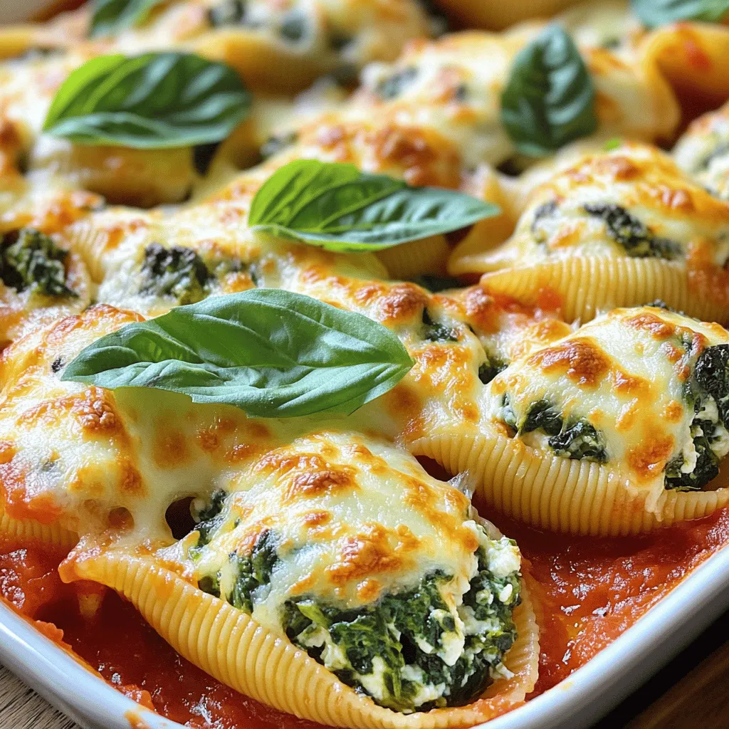 To make tasty spinach ricotta stuffed shells, gather these main ingredients: - 20 jumbo pasta shells - 2 cups ricotta cheese - 1 cup fresh spinach, chopped - 1/2 cup grated Parmesan cheese - 1 cup shredded mozzarella cheese, divided - 1 large egg - 1 teaspoon garlic powder - 1 teaspoon Italian seasoning - Salt and pepper to taste - 3 cups marinara sauce - Fresh basil for garnish These ingredients create a creamy, flavorful filling that pairs perfectly with the sauce. You can enhance your dish with some optional ingredients. Consider adding: - Red pepper flakes for heat - Lemon zest for brightness - Fresh herbs like parsley or thyme - Sautéed mushrooms or zucchini for extra veggies These add-ins can boost the flavors and customize your dish to your taste. To make this recipe easier, have these tools on hand: - A large pot for boiling pasta - A mixing bowl for the filling - A baking dish for cooking - A spoon for stuffing shells - Aluminum foil to cover the dish Using the right tools helps keep the cooking process smooth and fun. For the full recipe, follow the steps to create your delicious meal! Start by boiling water in a large pot. Add salt to the water for flavor. Once the water boils, add the jumbo pasta shells. Cook them according to the package instructions until they are al dente. This usually takes about 10 to 12 minutes. Drain the shells and let them cool slightly in a colander. Cooling helps you handle them without burning your hands. In a mixing bowl, combine 2 cups of ricotta cheese and 1 cup of chopped fresh spinach. Add 1/2 cup of grated Parmesan cheese, and half of the shredded mozzarella cheese. Crack 1 large egg into the bowl. Then, sprinkle in 1 teaspoon of garlic powder and 1 teaspoon of Italian seasoning. Finally, add salt and pepper to taste. Mix everything together until it is well blended. This filling is creamy and full of flavor. Take a cooled pasta shell and fill it with about 2 tablespoons of the ricotta filling. Use a spoon to pack the filling inside the shell. Place the stuffed shells in a greased baking dish. Make sure they are close but not touching. After all shells are filled, pour 3 cups of marinara sauce evenly over the top. This sauce will keep the shells moist while baking. Sprinkle the remaining mozzarella cheese on top for a cheesy finish. Preheat your oven to 375°F (190°C). Cover the baking dish with aluminum foil to keep the moisture in. Bake the shells for 25 minutes. After that, remove the foil and bake for another 15 minutes. This will make the cheese golden and bubbly. Once done, take it out and let it cool for about 5 minutes. Garnish with fresh basil before you serve. For the complete experience, check out the Full Recipe. To cook the pasta shells just right, follow these steps. Use plenty of water and salt. This makes the shells tasty. Boil the shells until they are al dente. This means they should be firm when you bite into them. Drain them well and let them cool for a bit. This helps prevent sticking. You can also drizzle a little olive oil on them if you want. You can mix things up with the filling. Add cooked ground meat for extra protein. You can also use different cheeses, like feta or goat cheese. For a spicy kick, toss in some red pepper flakes. Want more veggies? Try adding mushrooms or bell peppers. You can even use herbs like parsley or dill for extra flavor. Just think about what you like most! The sauce you choose can change the whole dish. Marinara sauce is classic and works well. You can also use a creamy Alfredo or pesto for a twist. Try adding fresh herbs as a topping. Basil or parsley can brighten up the dish. A sprinkle of extra cheese on top before baking makes it even better. You can even add crushed garlic or onion for more depth. For the full recipe, check out the Spinach & Ricotta Delight Shells . {{image_2}} If you love meat, add some ground beef or sausage to your filling. Cook the meat in a pan until browned. Mix it with the ricotta and spinach. This makes the dish heartier and adds great flavor. You can also sprinkle cooked bacon on top before baking for a smoky twist. This variation really satisfies meat lovers. You can easily make this dish vegan. Substitute ricotta with blended tofu, nutritional yeast, and lemon juice. This gives a creamy texture and a cheesy flavor without dairy. Use gluten-free pasta if you want to keep it plant-based. You will still enjoy the delicious taste of stuffed shells without animal products. For a gluten-free version, choose gluten-free jumbo pasta shells. Many brands make great alternatives that taste wonderful. Ensure that your marinara sauce is also gluten-free. This way, everyone can enjoy this dish, even those with dietary restrictions. You still get all the creamy, cheesy goodness in every bite. For the full recipe, check out the detailed steps above! After enjoying your stuffed shells, store any leftovers in an airtight container. Place them in the fridge. They will stay fresh for up to three days. Make sure to cover them well to keep them moist. If you want to keep them longer, freezing is a great option. When you are ready to eat your leftovers, preheat your oven to 350°F (175°C). Place the shells in a baking dish. Add a little marinara sauce to keep them moist. Cover the dish with foil to help heat evenly. Bake for about 20 minutes, or until they are hot throughout. This method keeps the cheese gooey and delicious. To freeze your stuffed shells, first let them cool completely. Arrange them in a single layer on a baking sheet. Make sure they are not touching. Freeze for about an hour until firm. Then, transfer them to a freezer-safe bag or container. They can last for up to three months. When you want to enjoy them, thaw them in the fridge overnight and bake as usual. If you need the full recipe, check out the Spinach & Ricotta Delight Shells. Yes, you can prepare Spinach Ricotta Stuffed Shells ahead of time. Just follow the recipe steps until you bake them. Cover the dish tightly with plastic wrap or foil. You can store it in the fridge for one day before baking. If you want to store it longer, freeze it for up to three months. Just remember to thaw it overnight in the fridge before baking. If you need a ricotta cheese substitute, you have options. Cottage cheese is a great choice. It has a similar texture but is slightly firmer. You can blend it for a creamier feel. Cream cheese is another option; mix it with a bit of milk to soften it. Tofu works too, especially for a vegan option. Blend silken tofu to make it smooth and creamy. To check if the stuffed shells are done, look for a bubbly cheese topping. The cheese should be golden brown. You can also insert a knife into the center of the dish. If it feels hot and the filling is warm, they are ready. Let them cool for a few minutes before serving. Absolutely! You can use a mix of cheeses to change the flavor. Mascarpone adds creaminess, while feta gives a tangy kick. Cheddar cheese can add sharpness, too. Feel free to experiment based on what you like or have on hand. Spinach ricotta stuffed shells are tasty and filling. We covered key ingredients, tips for cooking, and how to customize the dish. You can even make variations like vegan or gluten-free options. Remember to store leftovers properly and reheat them for the best taste. With these steps, you can enjoy a delicious meal any day. Try making them your way, and I hope you love it!