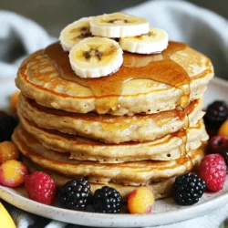 - 1 cup rolled oats - 1 ripe banana, mashed - 1 cup almond milk (or any milk of choice) - 1 teaspoon baking powder - 1 teaspoon vanilla extract - 1/2 teaspoon ground cinnamon - Pinch of salt - 2 tablespoons maple syrup (optional, for sweetness) - Coconut oil or cooking spray for the pan Benefits of oats: Oats are a great source of fiber. They help keep you full longer and support digestion. They also provide essential vitamins and minerals. Advantages of bananas: Bananas are rich in potassium. They give you energy and help with muscle function. They also add natural sweetness to the pancakes. Health aspects of almond milk: Almond milk is low in calories and dairy-free. It contains healthy fats and is a good source of vitamin E. This makes it a great choice for those with lactose intolerance. Alternative sweeteners: You can use honey or agave syrup instead of maple syrup. This gives you options depending on your taste and diet. Dairy-free options: If you prefer, you can use soy milk or oat milk in place of almond milk. These options keep your pancakes tasty and creamy. Gluten-free flour options: If you need gluten-free pancakes, try using gluten-free oats or almond flour. These will still give you a great texture and flavor. For the full recipe, check out the Healthy Banana Oat Pancakes section. First, take your rolled oats. Place them in a blender. Blend them until they turn into a fine flour. This step is key because it gives the pancakes a smooth texture. Oat flour is also gluten-free, making it a great option for many diets. Next, add the other ingredients to the blender. You will need: - 1 ripe banana, mashed - 1 cup almond milk (or any milk of choice) - 1 teaspoon baking powder - 1 teaspoon vanilla extract - 1/2 teaspoon ground cinnamon - A pinch of salt - 2 tablespoons maple syrup (optional) Blend all these ingredients until the mixture is smooth. Let the batter sit for about 5 to 10 minutes. This resting time helps the batter thicken. It should have a nice pancake batter consistency. Now, heat your skillet over medium heat. Add a small amount of coconut oil or use cooking spray. When the skillet is hot, pour about 1/4 cup of batter for each pancake. Cook for 2 to 3 minutes. Watch for bubbles to form on the surface. This is your sign to flip the pancake. Cook for another 2 to 3 minutes until they are golden brown. Repeat with the remaining batter. Enjoy these pancakes warm with your favorite toppings. For a full recipe, check out the Healthy Banana Oat Pancakes section. To achieve fluffiness in your pancakes, let the batter rest for 5-10 minutes. This helps the oats absorb moisture and makes them light. I recommend using a non-stick skillet to prevent sticking. Preheat your skillet over medium heat. - Use coconut oil or cooking spray for the best results. - Pour about 1/4 cup of batter for each pancake. Look for bubbles on the surface before flipping. This tells you they are ready. Toppings can elevate your pancakes. Fresh fruit like sliced bananas or berries adds flavor and color. You might drizzle maple syrup for sweetness, or use Greek yogurt for creaminess. For sides, consider serving with scrambled eggs or turkey bacon. These options add protein and round out the meal. To reduce sugar, you can skip the maple syrup or use a fruit puree. Applesauce can be a great substitute. If you want to add protein, consider mixing in some Greek yogurt or protein powder. This makes your pancakes even more filling and nutritious. {{image_2}} You can boost your pancakes with fun add-ins. Try adding nuts and seeds for extra crunch. Walnuts or almonds work well. They add healthy fats and protein. Seeds like flax or chia are great too. Chocolate chips are another tasty option. They make the pancakes sweet and fun. Use dark chocolate for a healthier choice. Just mix them into the batter before cooking. You can switch up the flour for different diets. Whole wheat flour is a great option. It adds fiber and a nutty taste. Gluten-free flours like almond or oat flour work well too. They keep the pancakes soft and tasty. Experiment with different flours to find your favorite. Each type gives the pancakes a unique flavor and texture. Using seasonal ingredients makes pancakes even better. In spring and summer, add fresh berries. Strawberries, blueberries, and raspberries brighten your dish. They add a burst of flavor and color. In fall, try pumpkin puree. It gives the pancakes a cozy, warm taste. Spice it up with more cinnamon or nutmeg. This makes your meal feel special and seasonal. Explore these variations to create new favorites. You can find the full recipe for Healthy Banana Oat Pancakes in the earlier section. Enjoy the process of making these pancakes your own! To keep your pancakes fresh, store them in the refrigerator. Place pancakes in an airtight container. You can layer them with parchment paper to prevent sticking. They will stay good for about 3 to 4 days. If you want to store pancakes for a longer time, freezing is a great option. Freezing instructions: - Let pancakes cool completely. - Place them in a single layer on a baking sheet. - Freeze for about 1 hour until firm. - Transfer to a freezer-safe bag or container. - Label and date the bag. They will last for about 2 to 3 months in the freezer. Reheating pancakes is easy and quick. You can use several methods to warm them up. - Microwave: Place a pancake on a microwave-safe plate. Heat for about 20-30 seconds. Check if it’s warm enough. If not, heat in 10-second bursts. - Skillet: Heat a non-stick skillet over low heat. Add a tiny bit of oil or cooking spray. Warm pancakes for about 1 to 2 minutes on each side. - Toaster: If the pancakes are not too thick, you can toast them. Place them in the toaster for a crispy finish. Healthy banana oat pancakes keep well in the fridge for about 3 to 4 days. When frozen, they can last for 2 to 3 months. Make sure to check for any freezer burn when you take them out. If they smell off or look discolored, it’s best to toss them. Enjoy your pancakes fresh, or savor them later! You can find the full recipe for these pancakes earlier in this article. You can easily make these pancakes vegan by omitting the egg. Instead of using an egg, try one of these options: - 1/4 cup unsweetened applesauce - 1/4 cup silken tofu, blended - 1 tablespoon ground flaxseed mixed with 2.5 tablespoons water (let it sit for a few minutes to thicken) Each of these options helps bind the ingredients without using eggs. They keep the pancakes moist and delicious. Yes, you can make the batter ahead of time! Store it in an airtight container in the fridge for up to 24 hours. If you notice the batter thickens, just add a splash of almond milk to loosen it before cooking. These pancakes are great on their own, but you can add many tasty sides! Here are some ideas: - Fresh fruit like berries, banana slices, or peaches - A drizzle of maple syrup or honey - A dollop of Greek yogurt or coconut yogurt - Toasted nuts or seeds for extra crunch - A side of nut butter for added protein Pairing these pancakes with your favorite beverage, like coffee or herbal tea, makes for a lovely breakfast! For the complete recipe, check out the Healthy Banana Oat Pancakes recipe [Full Recipe]. This blog post covered the ingredients, steps, and tips for making excellent banana oat pancakes. We explored the health benefits of rolled oats, bananas, and almond milk, along with smart substitutions. Proper preparation, cooking techniques, and storage tips ensure you have great pancakes every time. Incorporate your personal touch with add-ins or toppings. Enjoy exploring the variations. These pancakes are simple, tasty, and nutritious. Make them your favorite breakfast treat!