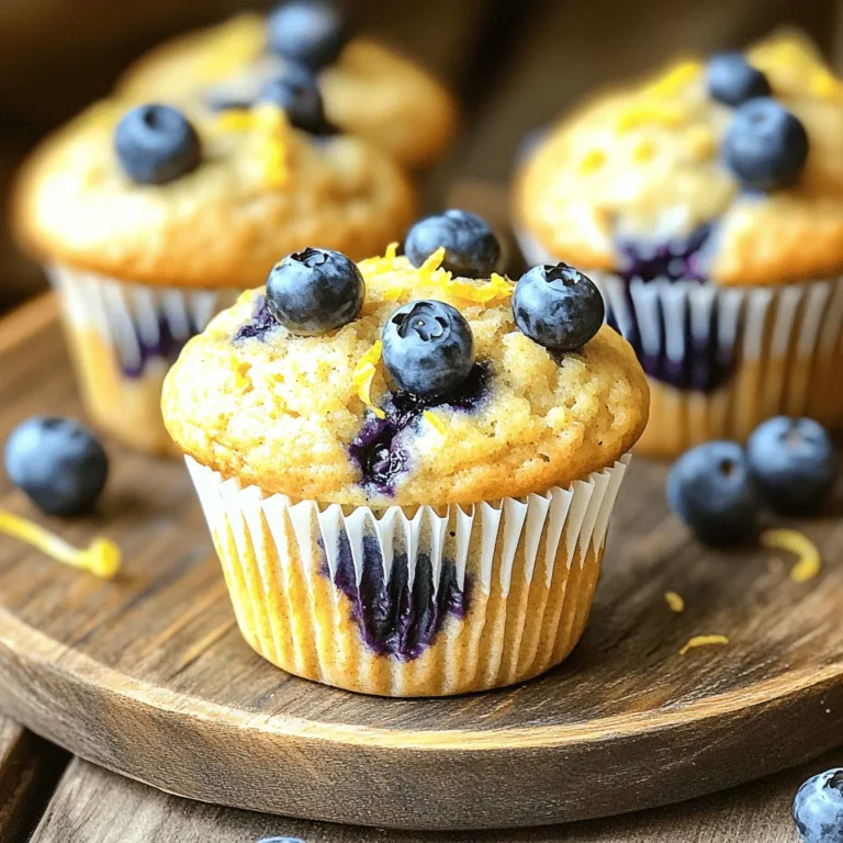 To make Blueberry Lemon Energy Muffins, you need the following key ingredients: - 1 cup whole wheat flour - 1 cup rolled oats - 1/2 cup almond flour - 1/2 cup honey or maple syrup - 1/2 cup unsweetened applesauce - 1/3 cup almond milk (or any milk of choice) - 1 large egg - 1 teaspoon vanilla extract - 2 teaspoons baking powder - 1/2 teaspoon baking soda - 1/4 teaspoon salt - Zest of 1 lemon - 1 cup fresh blueberries - 1 tablespoon lemon juice These muffins are not just tasty; they are also packed with nutrients. Each muffin provides a good amount of fiber from the oats and whole wheat flour. The blueberries add antioxidants, which help keep you healthy. Here’s a quick look at the nutritional benefits: - Whole wheat flour offers more fiber than white flour. - Almond flour adds healthy fats and protein. - Honey or maple syrup gives natural sweetness without refined sugar. You might need to swap some ingredients. Here are a few easy substitutions: - If you want a gluten-free option, use gluten-free flour in place of whole wheat flour. - For a vegan version, replace the egg with a flaxseed egg or a mashed banana. - Use coconut milk instead of almond milk for a different flavor. - If you don’t have blueberries, try raspberries or chopped strawberries instead. These tips and options help you create your perfect Blueberry Lemon Energy Muffins. You can find the full recipe [Full Recipe]. Start by preheating your oven to 350°F (175°C). This step is key for even baking. While the oven heats, prepare your muffin tin. You can line it with paper liners or lightly grease it with cooking spray. This helps the muffins pop out easily after baking. In a large mixing bowl, gather your dry ingredients. Combine 1 cup of whole wheat flour, 1 cup of rolled oats, and 1/2 cup of almond flour. Add 2 teaspoons of baking powder, 1/2 teaspoon of baking soda, and 1/4 teaspoon of salt. Mix these well until everything is evenly combined. This ensures that your muffins rise nicely. Now, take another bowl for the wet ingredients. Whisk together 1/2 cup of honey or maple syrup, 1/2 cup of unsweetened applesauce, and 1/3 cup of almond milk. Add in 1 large egg, 1 teaspoon of vanilla extract, the zest of 1 lemon, and 1 tablespoon of lemon juice. Mix until smooth. This mixture gives the muffins their moist texture and bright flavor. Pour the wet mixture into the dry ingredients. Stir gently until just combined. Be careful not to overmix; some lumps are okay. This helps keep your muffins light and fluffy. Next, fold in 1 cup of fresh blueberries. Make sure they are evenly distributed for bursts of flavor in every bite. Divide the batter among the muffin cups, filling them about 3/4 full. This allows room for rising. Place the muffin tin in the oven and bake for 18-20 minutes. They are done when golden brown and a toothpick inserted in the center comes out clean. The smell will be amazing! Once baked, let the muffins cool in the pan for 5 minutes. After that, transfer them to a wire rack to cool completely. Serve warm or at room temperature. For a fun touch, sprinkle some lemon zest or add a few fresh blueberries on top. Enjoy your tasty blueberry lemon energy muffins! For the complete recipe, check out [Full Recipe]. To make fluffy muffins, avoid overmixing your batter. Mix until just combined. Gently fold in the blueberries for a light texture. Use room temperature ingredients too. This helps the batter mix better and rise well. Store leftover muffins in an airtight container. Keep them at room temperature for up to three days. For longer storage, freeze them. Wrap each muffin in plastic wrap, then place them in a freezer bag. They can last up to three months. To enhance the flavor, try adding spices like cinnamon or nutmeg. You can also mix in chopped nuts for crunch. For a zestier kick, add more lemon juice or zest. Mix it up to find your perfect blend. {{image_2}} You can easily make gluten-free muffins. Use almond flour or gluten-free flour blends. These alternatives keep the texture light and fluffy. Just swap the whole wheat flour with your choice of gluten-free flour. The rest of the recipe stays the same. Enjoy the same great taste! To create vegan muffins, replace the egg with a flaxseed meal or chia seed mixture. Mix 1 tablespoon of flaxseed meal with 2.5 tablespoons of water. Let it sit for a few minutes until it thickens. You can also swap honey for maple syrup or agave nectar. This keeps the muffins sweet and plant-based. Feel free to mix in different fruits! Try raspberries, strawberries, or even chopped apples. Each fruit adds a unique flavor and texture. Keep the amount the same, about 1 cup of fruit. This little change can make your muffins exciting every time you bake them. For the full recipe, check back to the beginning. To keep your blueberry lemon energy muffins fresh, store them in an airtight container. Place a paper towel at the bottom to absorb moisture. This helps prevent sogginess. You can keep them at room temperature for up to three days. If you want them to last longer, consider refrigerating them. Freezing these muffins is a smart way to save some for later. Once they cool, wrap each muffin in plastic wrap. Then, place them in a freezer-safe bag. They can stay frozen for up to three months. When you're ready to eat, just take one out and let it thaw at room temperature. To enjoy your muffins warm, you can reheat them easily. Preheat your oven to 350°F (175°C). Place the muffin on a baking sheet for about 5-10 minutes. This will make them warm and soft again. You can also use a microwave. Heat for 10-15 seconds, but don't overdo it. Enjoy your muffin fresh! You can make these muffins healthier by swapping some ingredients. Use less honey or maple syrup. You can also add a bit of Greek yogurt for protein. Try replacing half the almond flour with more whole wheat flour. Add chia seeds for extra fiber. This will keep the muffins tasty and nutritious. Yes! You can use other fruits like raspberries, strawberries, or chopped apples. Each fruit will add its own flavor. Keep in mind that some fruits may change the moisture level. If you use a dry fruit, like apples, add a bit more applesauce. These muffins stay fresh for about 3 days at room temperature. To keep them longer, store them in the fridge for up to a week. You can also freeze them for 2 to 3 months. Just wrap them well to avoid freezer burn. Include nuts or seeds for healthy fats and protein. Almonds or walnuts work great. Adding a scoop of protein powder can also help. Finally, consider using whole grains like oats or barley. These changes will help keep your energy steady throughout the day. For the full recipe, check out the earlier section. You learned about the key ingredients, step-by-step baking, and storage tips. Muffins can be delicious and easy to make. Try different variations to keep things fun. You can add fruits or make them gluten-free. Store them well to enjoy later. Follow these tips, and you’ll make tasty muffins every time. Explore new flavors and enjoy your baking journey. Happy muffin making!