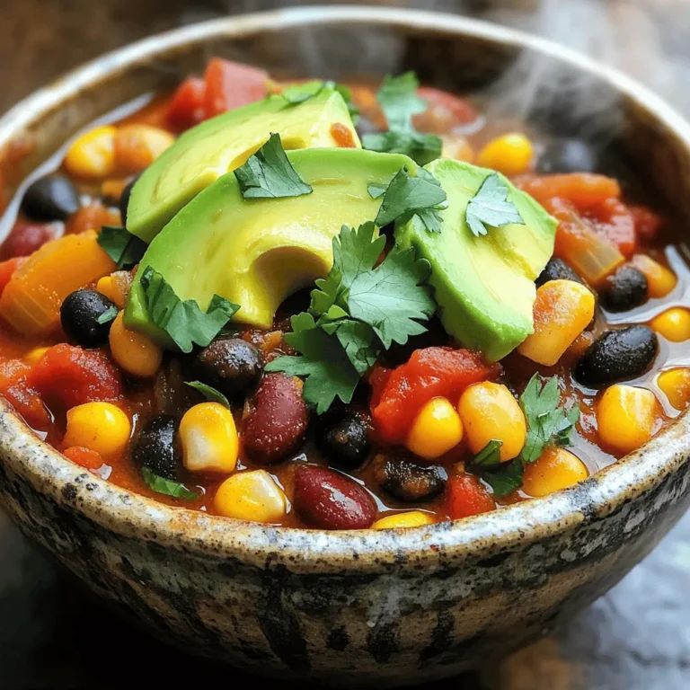 To make Easy Veggie Chili, you need a few key items. Here’s what you’ll want to gather: - 1 can (15 oz) black beans, drained and rinsed - 1 can (15 oz) kidney beans, drained and rinsed - 1 can (28 oz) diced tomatoes (with juice) - 1 medium bell pepper, chopped (any color) - 1 medium onion, diced - 2 cloves garlic, minced - 1 cup corn kernels (fresh or frozen) - 2 tablespoons chili powder - 1 teaspoon cumin - 1 teaspoon smoked paprika - ½ teaspoon cayenne pepper (adjust to taste) - Salt and pepper to taste - 2 tablespoons olive oil - Fresh cilantro for garnish (optional) - Avocado slices for topping (optional) These ingredients create a strong base for the chili. Each brings its own taste and health benefits. For example, beans are high in protein and fiber. Tomatoes add vitamins and antioxidants. Bell peppers give a nice crunch and color. You can also customize your chili with optional ingredients. Consider adding: - Zucchini or carrots for extra veggies - Jalapeños for more heat - Quinoa or rice for added texture These choices let you tailor the dish to your taste. Plus, they can boost the nutrition. By using fresh or canned ingredients, you can make this dish easy and quick. This recipe, from the Full Recipe section, ensures that you enjoy a delicious meal in no time! Start by chopping and measuring all your ingredients. This step makes cooking easy and fun. Take your time to dice the onion and bell pepper into small pieces. Use a sharp knife for clean cuts. Mince the garlic finely for the best flavor. Here are some tips for effective prep work: - Keep your workspace clean and organized. - Use a cutting board to protect your counter. - Always wash your veggies under cold water. Sautéing your veggies is important for flavor. Heat olive oil in a large pot over medium heat. Add the diced onion and bell pepper. Cook them for about 5 minutes until they soften. Stir in the minced garlic next. Cook for another minute until it smells great. This step brings out the sweet taste of the veggies. Now, let’s cook the chili. Keep the pot on medium heat. Add the spices next: chili powder, cumin, smoked paprika, and cayenne pepper. Stir well to coat the veggies. This step helps the spices release their full flavor. Then, pour in the diced tomatoes with their juice. Next, add the black beans, kidney beans, and corn. Mix everything together. Bring the mixture to a simmer, then reduce the heat to low. Cover the pot and let it simmer for 20-30 minutes. Stir occasionally. Check the taste and add salt and pepper as needed. If you want more heat, add extra cayenne pepper. Once your chili is ready, it’s time to serve. Ladle it into bowls for a beautiful presentation. Add a dollop of sour cream or Greek yogurt on top. Sprinkle fresh cilantro for a pop of color. For side dishes, serve it with cornbread or tortilla chips. These pair nicely with the chili. You can also add toppings like avocado slices, shredded cheese, or jalapeños. Get creative and enjoy your meal! For the full recipe, check the Full Recipe section. To make your veggie chili pop with flavor, start with the spices. - Adjust the heat by adding more cayenne pepper or chili powder if needed. - If you prefer milder chili, reduce the cayenne and use more cumin or smoked paprika. For herbs and seasonings: - Fresh cilantro adds a bright taste at serving. - Try adding a bay leaf while it simmers for depth. - You can also sprinkle some oregano for an earthy note. To enrich the chili: - Add one cup of diced zucchini or carrots for texture. - A splash of lime juice at the end can brighten the whole dish. - If you want a creamier texture, stir in some coconut milk. You can make veggie chili in many ways. Each method gives a unique taste. Slow Cooker Method: - Simply add all your ingredients to the slow cooker. - Set it on low for 6-8 hours or high for 3-4 hours. - This method deepens the flavors as it cooks slowly. Instant Pot Adaptation: - Use the sauté function to cook the onions and peppers first. - Then add all other ingredients and seal the lid. - Cook on high pressure for 10 minutes, then let it release naturally. Stovetop versus Oven Methods: - Cooking on the stovetop gives you more control over the heat. - If you want a baked chili, transfer it to a baking dish after cooking. - Bake at 350°F for 30 minutes for a nice crust on top. With these tips and tricks, you can make your veggie chili even better! For the full recipe, check out the detailed instructions. {{image_2}} You can make your veggie chili even better by trying some fun changes. Here are a few ideas: - Black bean and corn chili: Swap out some beans for extra black beans and add corn. This gives a sweet and hearty flavor. - Adding different vegetables: You can use veggies like zucchini or carrots. Chop them small and add them during cooking. They add nutrition and color. - Protein options: If you want more protein, try adding tofu or tempeh. These options make the chili filling and boost your energy. If you have special diet needs, you can still enjoy this chili: - Gluten-free alternatives: Most ingredients are gluten-free. Just check the chili powder and any toppings. - Vegan variations for toppings: Use avocado, fresh cilantro, or vegan sour cream. These toppings add creaminess without dairy. - Low-carb options: Swap beans for more veggies. Use cauliflower or mushrooms for a lower-carb dish. This keeps it light but still tasty. For the full recipe, check out the details above. These variations help you create a chili that suits your taste and diet. To keep your veggie chili fresh, store it in an airtight container. Place it in the fridge within two hours of cooking. This helps keep flavors intact. Use a container that fits your chili amount well to avoid excess air. If you want to save some for later, freezing works great. Divide the chili into smaller portions. Use freezer-safe bags or containers. Leave some space at the top of bags for expansion. Label each bag with the date. Chili can last up to three months in the freezer. When it’s time to eat your leftovers, reheat them on the stove or microwave. If using the stove, heat over medium heat until hot. Stir often to avoid sticking. In the microwave, cover the bowl with a lid or paper towel. Heat for 1-2 minutes, checking halfway through. Add a splash of water if it seems too thick. In the fridge, veggie chili stays fresh for about 4-5 days. In the freezer, you can keep it for up to three months. Always check for signs of spoilage. If you see mold or an off smell, it’s best to throw it away. A change in color or texture can also mean it’s time to discard. Keeping an eye on these details ensures you enjoy delicious meals every time! Can I substitute fresh ingredients with canned? Yes, you can use canned ingredients. Canned beans and tomatoes work well. They save time. Just rinse the beans to cut down on sodium. Use canned veggies if fresh ones aren’t available. How can I make this chili spicier? To add heat, use more cayenne pepper. You can also add diced jalapeños or spicy salsa. Taste as you go. This way, you control the spice level to fit your taste. What other beans can I use in this recipe? You can use pinto beans or black-eyed peas. Feel free to mix different beans. Each type adds a unique flavor and texture. How do I know when the chili is done? The chili is ready when it thickens and the flavors blend. You’ll see steam and the mixture bubbles. Stir it occasionally to check the texture. Can I make it a day in advance? Yes, you can make the chili ahead of time. It tastes even better the next day. Just store it in the fridge and heat it up when ready to serve. What should I serve with my veggie chili? Serve it with rice or cornbread for a filling meal. You can also add toppings like cheese, sour cream, or avocado. Fresh cilantro adds a nice touch, too. For the full recipe, check my earlier section! In this post, I shared how to make easy veggie chili. You learned about the essential ingredients and their benefits. I provided step-by-step cooking instructions and serving ideas. Tips to enhance flavor and variations for dietary needs add flexibility. Proper storage methods keep your chili fresh. Now, you can enjoy a delicious and healthy dish. Experiment with flavors and find your favorite twists. Happy cooking!