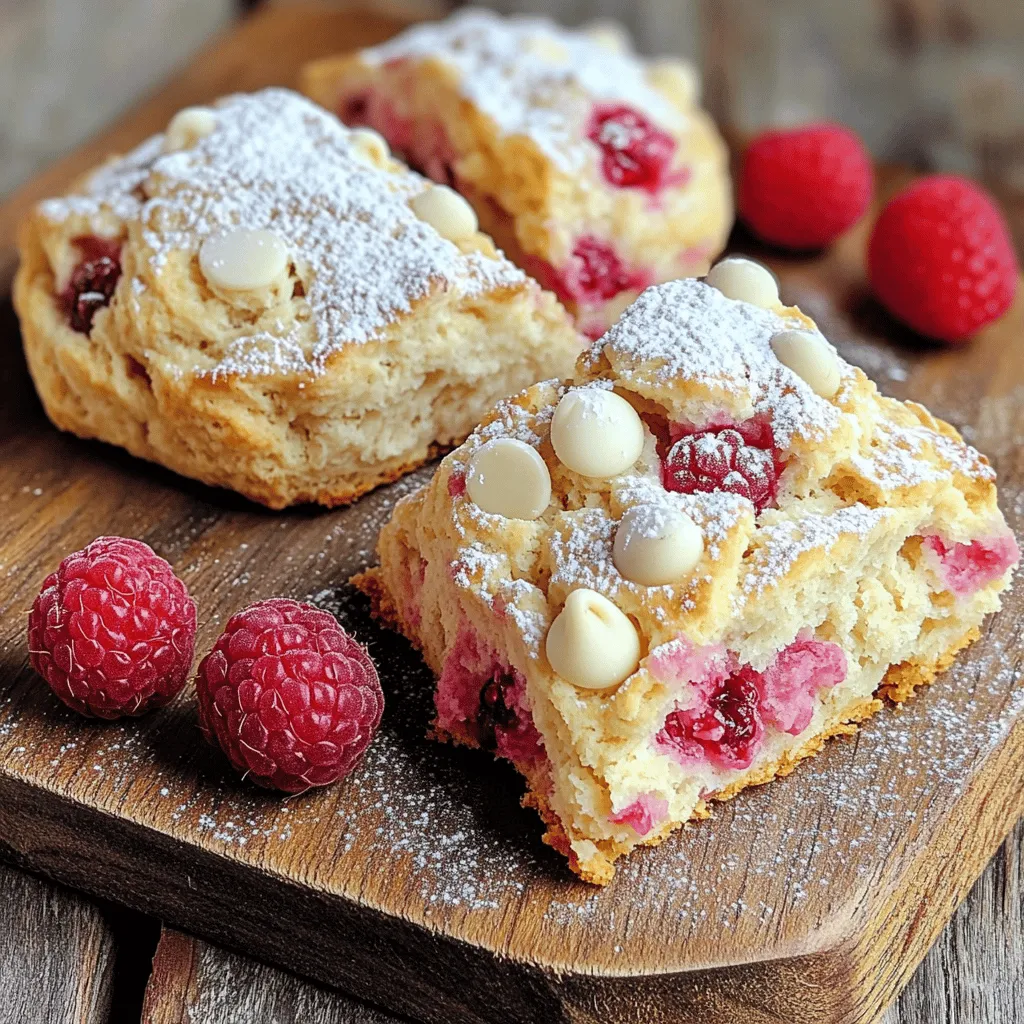 - 2 cups all-purpose flour - 1/3 cup granulated sugar - 1 tablespoon baking powder - 1/2 teaspoon salt - 1/2 cup unsalted butter, cold and cubed - 1/2 cup heavy cream - 1 large egg - 1 teaspoon vanilla extract - 1 cup fresh raspberries - 1/2 cup white chocolate chips - Extra sugar for sprinkling The ingredients for Raspberry White Chocolate Scones are simple and easy to find. You need flour, sugar, and baking powder to form the base. The butter gives the scones a rich flavor. Cold butter is key for the best texture. Heavy cream adds moisture to the dough. The egg binds everything together while the vanilla adds a lovely aroma. Fresh raspberries burst with flavor and add a tart note. The white chocolate chips bring sweetness that balances the tartness of the berries. If you need gluten-free options, you can use a gluten-free flour blend. For a dairy-free treat, swap the butter with coconut oil and use almond milk instead of heavy cream. Fresh raspberries work best, but frozen ones can work too. Just drain any extra juice before adding them to the dough. These substitutes keep your scones tasty and enjoyable for all. Always feel free to get creative with the ingredients. You can check the Full Recipe for more tips and ideas. - Preheat oven to 400°F (200°C). - Prepare a baking sheet with parchment paper. Start by setting your oven to the right temperature. This step ensures your scones bake evenly. Next, grab a baking sheet and line it with parchment paper. This helps with easy cleanup and prevents sticking. - Combine dry ingredients. - Incorporate cold butter. In a large mixing bowl, whisk together 2 cups of all-purpose flour, 1/3 cup of granulated sugar, 1 tablespoon of baking powder, and 1/2 teaspoon of salt. Mix well to blend the flavors. Then, add 1/2 cup of cold, cubed unsalted butter. Use a pastry cutter or your fingertips to mix until the mix looks like coarse crumbs. This part is key for a flaky texture. - Mix wet ingredients. - Gently combine dough and fold in raspberries and white chocolate. - Cut and shape scones for even baking. In another bowl, whisk together 1/2 cup of heavy cream, 1 large egg, and 1 teaspoon of vanilla extract. Pour this wet mix into your dry ingredients. Stir gently until they just combine. Be careful not to overmix. Now, fold in 1 cup of fresh raspberries and 1/2 cup of white chocolate chips. Turn the dough out onto a floured surface. Knead it gently a few times until it comes together. Pat the dough into a thick circle, about 1 inch high. Cut it into 8 wedges. Place the scones on your prepared baking sheet, leaving space between them. Brush the tops with a bit of cream and sprinkle some sugar on top. Now, bake for 15-20 minutes. Look for a golden brown color. Check with a toothpick to see if they are done. Enjoy the smell as they bake! For all the details, check the Full Recipe. Using cold ingredients is key. Cold butter and cream help create a flakier scone. When you mix cold butter into dry ingredients, it forms small pockets. This leads to a light, airy texture. Keep your butter in the fridge until you're ready to use it. Avoid overmixing your dough. Overmixing can lead to tough scones. Once you add the wet ingredients, mix gently. Stop as soon as the dough comes together. This keeps your scones fluffy and tender. To tell when your scones are done, look for golden tops. A toothpick should come out clean when inserted into the center. If the tops are brown but the insides are still wet, give them a few more minutes. For a golden crust, brush the tops with cream before baking. You can also sprinkle a bit of sugar on top. This adds a nice crunch and sweetness. Get creative with your presentation. Serve the scones warm on a pretty plate. You can dust them with powdered sugar. Add a few fresh raspberries on the side to brighten the dish. Pair these scones with your favorite drink. They go great with tea or coffee. A dollop of clotted cream or whipped cream adds extra indulgence. For the full recipe, check out the earlier section. {{image_2}} You can change up the flavor of your scones easily. Try using different berries. Strawberries and blueberries work great too! They add unique tastes and colors. Another fun idea is to add citrus zest. Zest from oranges or lemons gives a bright twist. It makes each bite fresh and lively! If you want to make vegan Raspberry White Chocolate Scones, it’s simple! Substitute the butter with coconut oil or vegan butter. Use a plant-based milk instead of heavy cream. For the egg, flaxseed meal mixed with water is a great choice. You can also make sugar-free scones. Use a sugar substitute like stevia or erythritol. These swaps let everyone enjoy your scones! For holidays, adapt your scone flavors! Add spices like cinnamon or nutmeg for cozy vibes. You can also make mini scones for events. Just cut the dough into smaller pieces before baking. Mini scones are perfect for sharing. They look adorable on any dessert table! Check out the Full Recipe for more ideas on making these tasty treats! To keep your Raspberry White Chocolate Scones fresh, follow these tips: - Cooling and storing at room temperature: Let the scones cool on a wire rack for about 10 minutes after baking. Once cool, place them in an airtight container. They stay good for up to 2 days. Keep them at room temperature, away from heat or sunlight. - Long-term storage options (freezing): If you want to save some for later, freeze them. Wrap each scone in plastic wrap, then place them in a freezer bag. They can last up to 3 months in the freezer. When you're ready to eat them, let them thaw in the fridge overnight. To enjoy your scones warm again, try these methods: - Best methods for refreshing scones: The oven is the best choice. Preheat it to 350°F (175°C). Place the scones on a baking sheet and heat for about 5-10 minutes. This keeps them crisp on the outside. - Tips for maintaining texture while reheating: If you use the microwave, do it in short bursts of 10-15 seconds. This method can make them soft but may lose some crispness. For best results, stick with the oven. Can I make the dough in advance? Yes, you can make the dough ahead of time. Wrap it tightly in plastic wrap and chill it in the fridge for up to 24 hours. When you're ready to bake, just cut and shape the scones as usual. How do I know if my scones are baked properly? Check for a golden color on top. Insert a toothpick in the center; it should come out clean. If it has damp dough on it, bake for a few more minutes. What can I substitute for white chocolate chips? You can use dark chocolate chips or milk chocolate chips. If you want a fruity touch, try dried cranberries or cherries instead. What to do if scones are too dry? If your scones turn out dry, add a splash of cream or milk to the dough. Mix gently to combine and avoid overworking it. You can also brush the scones with cream before baking for extra moisture. How to fix scones that spread too much while baking? To fix spreading scones, make sure your butter is very cold when mixing. You can also chill the dough for 30 minutes before baking. This helps the scones hold their shape. Caloric values per serving Each scone has about 250 calories. This can vary with different ingredients used. Nutritional breakdown of key ingredients - All-purpose flour: Provides carbs and energy. - Butter: Adds richness and flavor. - Raspberries: Offers vitamins and antioxidants. - White chocolate: Adds sweetness and creaminess. For the full recipe, be sure to check back! Making Raspberry White Chocolate Scones is simple and fun. We covered the key ingredients, how to mix the dough, and bake for perfect results. I shared tips for texture, baking techniques, and serving suggestions. You can even adapt the recipe for special diets or occasions. Try these scones for breakfast or a snack. You’ll impress your family and friends with your baking skills. Enjoy these tasty treats, and happy baking!