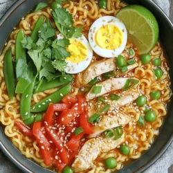 - 2 boneless, skinless chicken breasts - 2 packs of instant ramen noodles (discard seasoning packets) - 4 cups chicken broth The chicken breasts give this dish its protein and heartiness. The ramen noodles provide that familiar chewy texture. Chicken broth adds depth and warmth to your bowl. - 3 cloves garlic, minced - 1 tablespoon ginger, grated - 2 tablespoons soy sauce - 1 tablespoon chili paste (adjust for spice preference) - 1 red bell pepper, thinly sliced - 1 cup snap peas Garlic and ginger are key for flavor. They fill the kitchen with a tasty aroma. Soy sauce and chili paste bring umami and heat. The red bell pepper and snap peas add crunch and color, making your meal fresh and vibrant. - 2 soft-boiled eggs (optional) - 2 green onions, chopped - Fresh coriander for garnish - Sesame seeds and lime wedges Toppings can make your ramen bowl special. Soft-boiled eggs create creaminess. Green onions and coriander offer freshness. Sesame seeds add a nice crunch. A lime wedge gives a tangy kick when squeezed over your dish. For the full recipe, check out the [Full Recipe]. Start by seasoning your chicken breasts with salt and pepper. This boosts flavor. Heat 1 tablespoon of sesame oil in a large skillet over medium heat. When the oil is hot, place the chicken breasts in the skillet. Cook them for about 6-7 minutes per side. They should be fully cooked when you’re done. Take them out of the skillet and let them rest for 5 minutes. Resting helps keep the chicken juicy. After that, slice the chicken thinly for your bowls. In the same skillet, add the remaining tablespoon of sesame oil. Sauté the minced garlic and grated ginger for about 30 seconds. You want them fragrant, not burnt. Next, pour in 4 cups of chicken broth, 2 tablespoons of soy sauce, and 1 tablespoon of chili paste. Stir well and bring it to a gentle simmer. This step builds a rich, spicy flavor. Add the sliced red bell pepper and snap peas to the broth. Cook for 2-3 minutes until they are tender but still bright. While your broth simmers, boil a pot of water. Cook the ramen noodles according to the package instructions, usually about 3-4 minutes. Once cooked, drain them and set aside. This keeps them from getting mushy. To serve, place cooked noodles into bowls. Pour the spicy broth and veggies over the noodles. Top with the sliced chicken. If you like, add soft-boiled eggs for extra richness. Garnish with chopped green onions and fresh coriander for a pop of color and taste. For the full recipe, check out the detailed instructions above. Enjoy your flavorful and simple meal! To keep the chicken tender, start by seasoning it with salt and pepper. Cook it in a hot skillet with sesame oil. This method helps lock in moisture. Cook each side for about six to seven minutes. Let the chicken rest before slicing. This step makes a big difference in keeping it juicy. For perfect noodle texture, follow the package instructions closely. Ramen noodles usually take about three to four minutes to cook. Drain them right away and set aside. This prevents them from getting mushy in the broth. Adjust the spice level to fit your taste. If you want less heat, use less chili paste. You can also replace it with a milder sauce, like hoisin. Adding a touch of honey can balance the spice nicely. If you need a milder version, swap out the chili paste. Try using sweet soy sauce or teriyaki sauce instead. These options give great flavors without the heat. For a creative serving suggestion, use deep bowls for your ramen. This not only looks nice but also keeps the broth warm. Sprinkle sesame seeds on top for extra crunch. Add a lime wedge on the side. Squeezing fresh lime over the ramen adds brightness. Garnish with fresh coriander and green onions for a pop of color and flavor. {{image_2}} You can easily swap ingredients in spicy chicken ramen bowls. For proteins, try tofu or shrimp. Tofu absorbs flavor well and is a great vegetarian option. Shrimp cooks quickly and adds a nice texture. If you want more veggies, think about adding carrots, mushrooms, or broccoli. These choices boost nutrition and add color to your meal. You can use either homemade or store-bought broth for your ramen. Homemade broth tastes richer and gives you control over flavors. If you’re short on time, store-bought broth works well, too. For a vegan or vegetarian option, look for vegetable broth. It provides great taste without meat. You can even make your own veggie broth with scraps from fresh vegetables. How you serve your spicy chicken ramen bowls can change the vibe. You can use deep bowls for a classic look. For meal prep, use containers that seal well. This makes it easy to take your ramen on the go. If you're in the mood for something different, try cold noodle salads. Just chill the cooked noodles and mix them with the broth and veggies. This twist is refreshing on a hot day. For the full recipe, check out the complete guide above. To keep your Spicy Chicken Ramen Bowls fresh, store them in an airtight container. Place the noodles and broth in separate containers. This helps the noodles stay firm. You can refrigerate them for up to three days. After that, the taste may change. When you’re ready to eat, reheat the broth in a pot over medium heat. Add the noodles right before serving. This keeps them from getting mushy. If you want, you can microwave the broth for a quick reheat. Just make sure to stir it often. You can freeze the broth and chicken for later use. Just put them in freezer-safe bags. Remove as much air as possible before sealing. Noodles don’t freeze well, so skip those. When you’re ready to eat, thaw the broth in the fridge overnight. Reheat on the stove, and enjoy your meal! To make this dish vegetarian, you can swap the chicken for tofu or tempeh. Both options absorb flavor well and add protein. You can also use mushrooms for a hearty texture. For the broth, use vegetable broth instead of chicken broth. You can make your own by simmering vegetables like carrots, onions, and celery. Add herbs like thyme and bay leaves for extra taste. Yes, you can use other noodles! Udon and soba noodles are great choices. They offer unique textures and flavors. Rice noodles are also a good option. Cooking times vary, so check the package instructions. Generally, udon noodles take about 8-10 minutes, while soba noodles cook in 5-7 minutes. Just keep an eye on them to avoid overcooking. You can boost the broth's flavor by adding more spices. Try some red pepper flakes or a dash of sesame oil. You can also mix in miso paste for depth. For toppings, consider adding sliced radishes, jalapeños, or nori strips. These give a nice crunch and bright taste. Fresh herbs, like basil or mint, also add a lovely twist to your ramen! For the full recipe, check the section above. Spicy Chicken Ramen Bowls are easy to make and full of flavor. You learned the key ingredients, cooking steps, and tips to customize this dish. Whether you want to adjust spice levels or swap proteins, the possibilities are endless. Don't hesitate to get creative with toppings and serve this dish your way. Enjoy the process of making your own ramen bowl and impress friends or family with your delicious creation. Simple changes can make it uniquely yours. Dive into this tasty meal, and make it a new favorite.