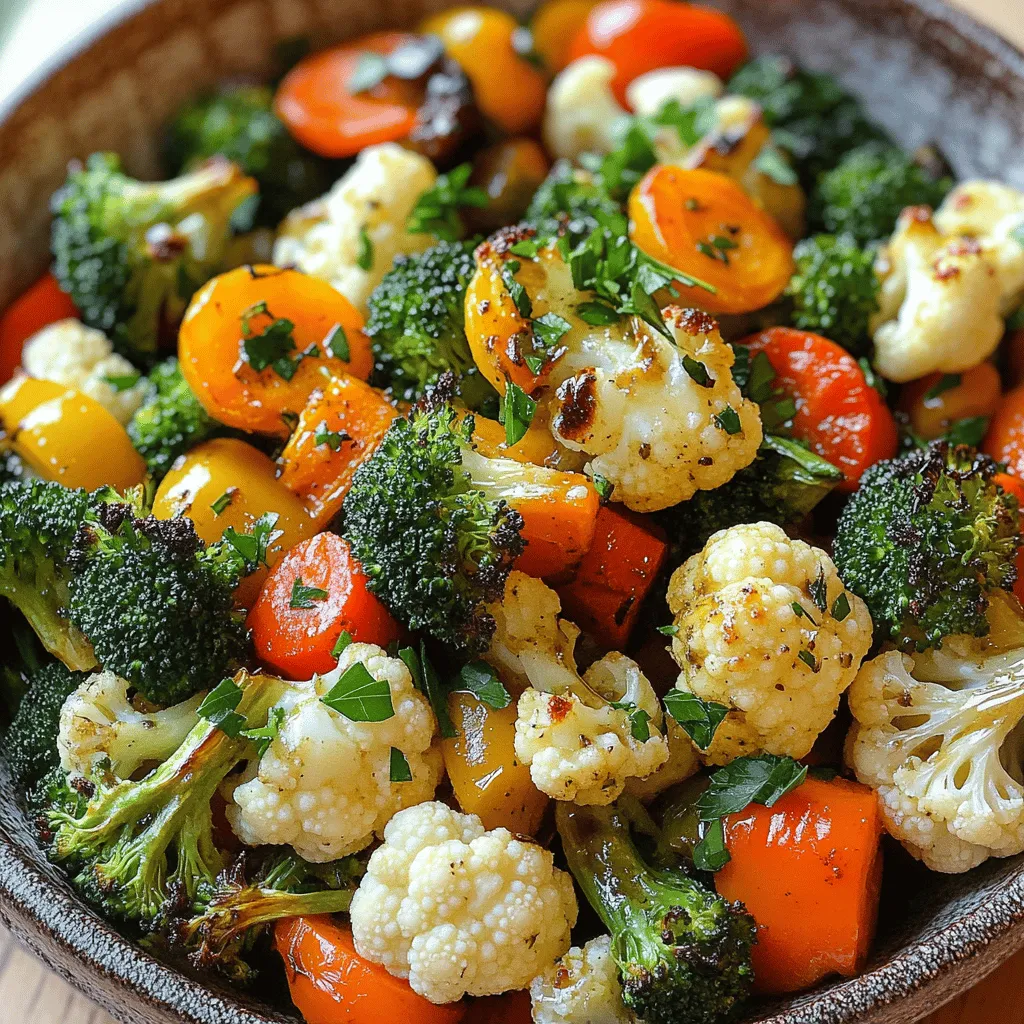 To make Garlic Herb Roasted Vegetables, gather these fresh veggies: - 2 cups broccoli florets - 2 cups cauliflower florets - 1 cup baby carrots, halved - 1 cup bell peppers, diced (mixed colors) These vegetables bring color and crunch to your dish. You can use other veggies too, like zucchini or Brussels sprouts. Just keep in mind that each vegetable has its own cooking time. Next, you need the right spices to boost flavor: - 4 cloves garlic, minced - 3 tablespoons olive oil - 1 teaspoon dried thyme - 1 teaspoon dried oregano - 1 teaspoon smoked paprika - Salt and pepper to taste - Fresh parsley, chopped (for garnish) These spices add depth and warmth. Garlic gives a nice punch, while smoked paprika adds a lovely smokiness. Having the right tools makes cooking easier. Here’s what you’ll need: - A large mixing bowl - A small bowl for mixing spices - A whisk or spoon for blending - A large baking sheet - Parchment paper The parchment paper keeps your veggies from sticking. It also makes cleaning up a breeze. You can find the full recipe in the article to help you get started on this delicious dish! First, wash all your vegetables well. Cut the broccoli and cauliflower into small florets. Halve the baby carrots for even cooking. Dice the bell peppers into small pieces. This way, they will roast nicely. It’s important to keep the sizes similar. This helps them cook evenly. Place all the chopped vegetables in a large mixing bowl. In a small bowl, add the olive oil. Mince the garlic and add that too. Then, sprinkle in the dried thyme, oregano, and smoked paprika. Don’t forget to season with salt and pepper. Whisk everything together until it blends well. This marinade will give the veggies a great flavor. Now, pour the marinade over the vegetables. Toss them gently to coat every piece well. Spread the seasoned vegetables on a baking sheet lined with parchment paper. Make sure they are in a single layer. Preheat your oven to 425°F (220°C) and roast for 25-30 minutes. Stir the veggies halfway through for even cooking. They should be tender and slightly caramelized when done. After roasting, let them cool for a minute. Transfer them to a serving platter and garnish with fresh parsley. For the full recipe, check out the link provided. To get the best roasted vegetables, cut them into even sizes. This helps them cook evenly. Use fresh, vibrant veggies for the best taste. Preheat your oven to 425°F (220°C) to ensure a nice caramelization. Spread the vegetables in a single layer on the baking sheet. This allows them to roast instead of steam. You can add more flavor by using different spices. Try adding chili flakes for heat or lemon zest for a bright touch. You can also mix in some cherry tomatoes or asparagus for variety. A splash of balsamic vinegar before serving adds a nice tang. Don’t forget to use the garlic herb marinade from the Full Recipe; it brings out the best in the veggies. Presentation makes your dish more inviting. Serve the roasted vegetables in a colorful bowl. Drizzle a touch of balsamic reduction on top for a fancy look. Garnish with fresh parsley to add a pop of color. Arrange the vegetables so they look vibrant and appealing. A well-presented dish makes everyone want to dig in! {{image_2}} You can mix up your vegetables for Garlic Herb Roasted Vegetables. Try adding zucchini, asparagus, or Brussels sprouts. Each vegetable brings its own flavor. This change can keep your meals exciting. You can also use seasonal veggies for freshness. Just remember to cut them into similar sizes for even cooking. Feel free to switch herbs based on what you have. Instead of thyme, you can use rosemary or basil. These herbs add unique tastes. You can also try fresh herbs if you prefer. Fresh herbs can give a bright flavor that dried herbs might lack. Just chop them finely and add them at the end of cooking. You can easily adjust this dish for different diets. If you need a vegan option, this recipe is already plant-based. For gluten-free eaters, no worries—this recipe has no gluten. If you want to add protein, consider adding chickpeas or tofu. Simply toss them in with the vegetables. Check the [Full Recipe] for more ideas on how to make it your own! To keep your garlic herb roasted vegetables fresh, let them cool first. Place them in an airtight container. Store in the fridge for up to four days. This way, you can enjoy them again! When you're ready to eat leftovers, you can reheat them easily. Preheat your oven to 350°F (175°C). Spread the veggies on a baking sheet. Bake for about 10-15 minutes, or until warm. You can also use a microwave. Heat on high for 1-2 minutes. If you want to save some for later, freezing is a great option. Follow these steps: - Let the vegetables cool completely. - Spread them on a baking sheet in a single layer. - Freeze for about an hour. - Transfer to a freezer-safe bag or container. - Label with the date. Frozen roasted vegetables can last for up to three months. When you want to use them, thaw in the fridge overnight before reheating. For the full recipe, check the complete instructions earlier. Yes, you can use frozen vegetables. They are convenient and save time. However, frozen vegetables may cook faster. I recommend reducing the roasting time by about 5-10 minutes. Check them often to avoid overcooking. The vegetables are done when they are tender and slightly browned. You can poke them with a fork. If the fork goes in easily, they are ready. Look for a nice caramel color on the edges. This adds flavor and makes them tasty. Garlic Herb Roasted Vegetables pair well with many dishes. You can serve them with grilled chicken or fish. They also go great with quinoa or rice. For a vegetarian option, serve them with pasta or a fresh salad. These vegetables add color and flavor to your meal. For the complete recipe, check out the Full Recipe section above. Roasting is a simple way to bring out flavors in vegetables. You learned about key ingredients, tools, and cooking steps. Tips and tricks can improve your results and make the dish shine. You can also explore variations to fit your taste and diet. Finally, proper storage keeps leftovers fresh for longer. Use these ideas to enjoy tasty roasted veggies anytime. Happy cooking!