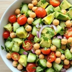 - Chickpeas - Avocados - Cucumber - Cherry Tomatoes - Red Onion - Fresh Cilantro - Lime Juice - Olive Oil - Cumin - Salt and Pepper Selecting ripe avocados When you choose avocados, look for ones that give slightly when pressed. A ripe avocado will feel soft but not mushy. If they are hard, let them ripen at room temperature for a few days. Choosing fresh herbs Fresh cilantro adds a bright flavor to the salad. Look for deep green leaves with no wilting or browning. Always wash herbs well before use to remove any dirt or grit. You can find the full recipe for Avocado Chickpea Delight in the earlier section. Enjoy making this fresh and tasty dish! To start, you need to prepare the chickpeas. Open a can of chickpeas and rinse them well. This helps remove extra salt and makes them taste fresh. Drain them and put them in a large mixing bowl. Next, it’s time to dice the avocados and vegetables. Cut the avocados in half, remove the pit, and scoop out the flesh. Then, dice the avocado into bite-sized pieces. Be gentle so they stay chunky. Now, take your cucumber and chop it into small cubes. Cut the cherry tomatoes in half. Finally, finely chop the red onion. Add all these fresh ingredients to the mixing bowl with the chickpeas. Now, let’s combine the ingredients in the bowl. Gently fold in the diced avocados with the chickpeas and veggies. You want to mix everything without mashing the avocado too much. Next, add a burst of flavor! Squeeze the juice of two limes over the salad. This adds a nice tang. Drizzle in two tablespoons of olive oil for richness. Sprinkle in one teaspoon of cumin for a warm spice. Lastly, season with salt and pepper to your taste. After mixing, it’s time to adjust the seasoning. Take a quick taste and see if you need more salt, pepper, or lime juice. Adjust until it’s just right for you. Let the salad rest for about 10 minutes. This helps the flavors meld together beautifully. During this time, you can prepare any sides or enjoy a moment of relaxation. For the full recipe, check out Avocado Chickpea Delight. To make this salad great, start with fresh ingredients. Choose ripe avocados that yield slightly when pressed. They should not be too hard or too mushy. Look for vibrant colors in your veggies, especially in tomatoes and cucumbers. Clean all your produce well. When cutting avocados, use a sharp knife. Slice the avocado in half and remove the pit carefully. Hold the avocado half in your hand. Cut it into cubes while still in the skin. This keeps the pieces neat and makes them easier to scoop out. This salad pairs well with grilled chicken or fish. You can serve it as a side dish or a main meal. For a light lunch, serve it in a wrap with lettuce. You can also place it on a bed of greens for extra crunch. For serving, consider using clear bowls. This allows the vibrant colors of the salad to shine. You can also serve it with lime wedges on the side for an extra pop of flavor. Want to mix things up? Add proteins like grilled chicken or cubed tofu for a heartier meal. You can also toss in some nuts for added crunch. If you're feeling adventurous, try different dressings. A balsamic vinaigrette or tahini dressing can change the flavor profile. You can find the full recipe for this salad to explore the classic version. {{image_2}} You can easily make this salad gluten-free. Chickpeas are naturally gluten-free. If you want, add grains like quinoa or brown rice. Both grains add texture and nutrients. Just cook them as per the package instructions. Let them cool before mixing into your salad. This salad is already vegan! All the ingredients are plant-based. If you want more protein, add some nuts or seeds. Pumpkin seeds or walnuts work well. These additions keep it vegan and boost flavor and crunch. Using seasonal ingredients can give your salad a fresh twist. In summer, add diced bell peppers or sweet corn. In fall, try using roasted butternut squash. These seasonal veggies keep your salad exciting and tasty. You can also swap in fresh herbs based on what’s available. For example, basil in summer or parsley in winter. To keep your avocado chickpea salad fresh, use airtight containers. Glass or plastic containers work well. Store the salad in the fridge at a temperature below 40°F (4°C). This helps keep it safe and tasty for later. Freezing avocado chickpea salad is tricky. Avocados can get mushy when frozen. If you want to freeze it, leave out the avocado. You can add it later when you thaw the salad. Use freezer-safe bags or containers. Thaw the salad in the fridge overnight before serving. In the fridge, your salad lasts about 2 to 3 days. After that, the flavors fade, and the texture changes. If it starts to smell off or looks strange, it’s best to toss it. Enjoy your avocado chickpea salad fresh for the best taste! For the full recipe, check out the earlier section. To make this salad, start by rinsing and draining your chickpeas. Then, chop your avocados, cucumber, and tomatoes. Mix these in a large bowl. Add in your red onion and fresh cilantro. Squeeze the lime juice over everything and drizzle in olive oil. Season with cumin, salt, and pepper. Stir gently to combine. Let it sit for about ten minutes. This allows the flavors to mix well. You can find the detailed steps in the Full Recipe. Yes, you can use canned chickpeas. Canned chickpeas save time and are easy to use. They are already cooked, so you only need to rinse them. This makes prep quick and simple. Dried chickpeas take longer to cook and need soaking. Using canned chickpeas means you can enjoy this healthy salad in just minutes. If you don’t have lime juice, you can use lemon juice. Lemon adds a fresh, bright flavor. You could also try orange juice for a sweeter taste. Each option gives a unique twist to the salad. Just remember to adjust the amount to your taste. This blog post covered how to make a tasty avocado chickpea salad. We explored the key ingredients and their importance. I shared easy steps to prepare and mix it all together. You learned tips to perfect your salad and ideas for serving. Plus, we discussed variations to keep things fresh. In the end, this salad is easy, healthy, and fun. Whether you stick to the recipe or make changes, enjoy your creation!