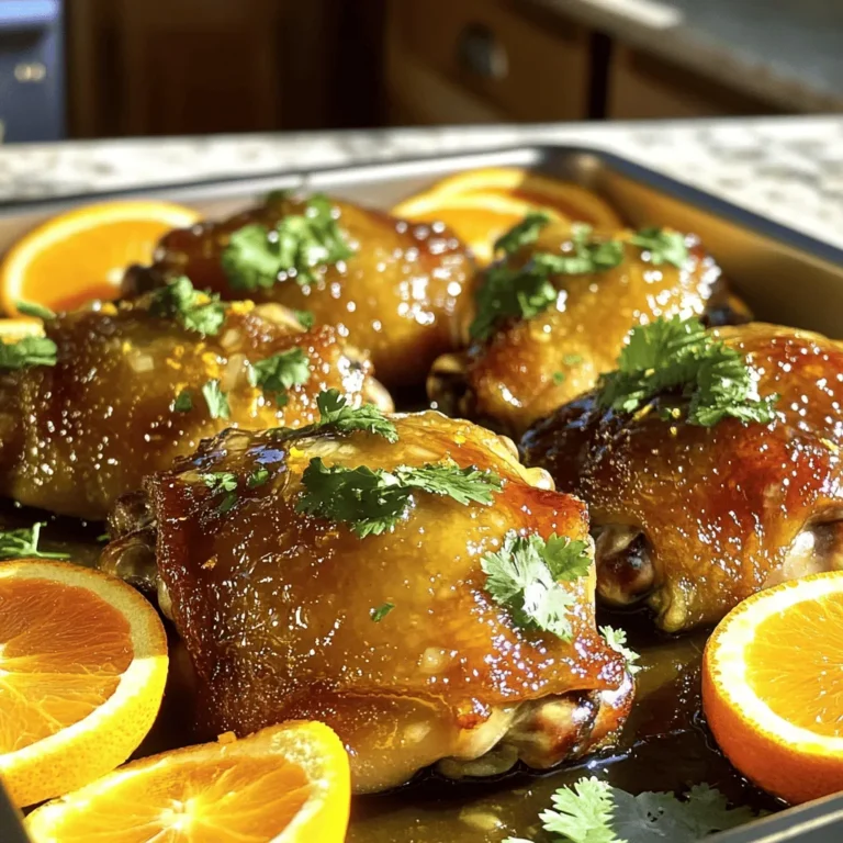 - 4 boneless, skinless chicken thighs - 1 cup fresh orange juice - Zest of 1 orange - 1 tablespoon soy sauce - 2 tablespoons honey - 1 tablespoon cornstarch - 2 tablespoons olive oil - 3 cloves garlic, minced - 1 teaspoon ginger, grated - Salt and pepper to taste When I make Orange Glazed Chicken, I focus on using fresh ingredients. Fresh orange juice makes a big difference in taste. You want to zest an orange to get the oils, which add a bright flavor. The soy sauce adds depth, while honey gives it a lovely sweetness. Cornstarch helps thicken the glaze, making it stick to the chicken. I also make sure to have garlic and ginger ready. They bring warmth and spice to the dish. Use good quality olive oil for cooking the chicken. Finally, don't forget to season with salt and pepper. These ingredients come together to create a dish that is both simple and packed with flavor. For the complete recipe, check out the [Full Recipe]. - Whisk together orange juice, zest, soy sauce, honey, and grated ginger. - Reserve 1/4 cup of the mixture for glazing later. Start by gathering your ingredients. I love using fresh orange juice for a bright flavor. In a mixing bowl, combine the orange juice, zest, soy sauce, honey, and grated ginger. Whisk until smooth. This mixture will be the heart of our dish. After mixing, set aside 1/4 cup for glazing. This step is key for that glossy finish later. - Season chicken thighs with salt and pepper. - Heat olive oil and sear chicken thighs for 5-7 minutes on each side. Next, take your chicken thighs and sprinkle salt and pepper on both sides. This simple seasoning really enhances the flavor. Heat two tablespoons of olive oil in a large skillet over medium-high heat. Once the oil is hot, add the chicken thighs. Sear them for 5-7 minutes on each side. Look for a nice golden color to develop. This browning adds great flavor and texture. - Simmer with reserved mixture for 2-3 minutes. - Add cornstarch slurry and stir until sauce thickens. After the chicken is cooked through, pour the reserved orange juice mixture over the chicken. Let it simmer for 2-3 minutes. This helps the chicken absorb all that tasty flavor. Now, mix one tablespoon of cornstarch with a bit of water to create a slurry. Add this slurry to the skillet and stir. Keep stirring until the sauce thickens, about 1-2 minutes. This will give you a luscious glaze that clings to the chicken. Serve your orange glazed chicken drizzled with this sauce for a stunning dish. For the best flavor, always use fresh orange juice. The juice gives a bright taste that bottled juice can’t match. You want that sunny burst in every bite! To make the glaze thick, mix cornstarch with a little water to make a slurry. This step is key. It helps the sauce cling to the chicken and gives it a nice shine. Pair your orange glazed chicken with rice or steamed vegetables. Rice soaks up the glaze, adding great flavor. Steamed veggies bring color and crunch to your plate. For a beautiful finish, sprinkle fresh cilantro on top. It adds a pop of green and a fresh taste. Choose a large skillet for searing chicken. A non-stick surface makes cooking and cleaning easier. You want to get a nice brown color on your chicken, so don’t crowd the pan. Use a meat thermometer to check for doneness. Chicken should reach 165°F to be safe to eat and juicy. For the full recipe, check out the details above. Enjoy your cooking! {{image_2}} You can switch the chicken thighs for chicken breasts. Chicken breasts are leaner and cook faster. They still soak up that sweet orange glaze well. For a vegetarian choice, use tofu. Press the tofu to remove extra water. Then, cut it into cubes and follow the same steps. This gives you a nice, tasty meal without meat. Want to spice things up? Add some chili flakes for heat. It gives the dish a nice kick. You can also switch the honey for maple syrup. This adds a different sweetness and depth to the glaze. Feel free to mix and match flavors to find what you love. Try orange glazed chicken in a wrap for a fun twist. Use a tortilla and add veggies for crunch. You can also serve it over a bed of mixed greens. This makes a light and fresh meal. The greens balance the sweetness of the glaze. Explore these serving styles for a new dining experience! To store leftovers, let the chicken cool first. Place it in an airtight container. This keeps the chicken fresh and prevents strong odors. You can store it in the fridge for up to three days for the best taste. For long-term storage, you can freeze orange glazed chicken. Wrap it tightly in plastic wrap, then place it in a freezer-safe bag. This helps avoid freezer burn. It will stay good for up to three months. When you are ready to use it, thaw in the fridge overnight. This method helps keep the texture nice. To reheat the chicken and keep it moist, use the stovetop or oven. If using the stovetop, add a splash of water or broth to the pan. Cover it to trap the steam. If using the oven, wrap the chicken in foil to keep it from drying out. Avoid the microwave, as it can make the chicken rubbery. Reheat gently until warm all the way through. You can cook orange glazed chicken in several ways. Each method gives a tasty result. - Grilling: This method adds a smoky flavor. Preheat the grill to medium-high. Brush chicken with oil before grilling. Cook for 6-8 minutes per side. - Baking: Preheat your oven to 400°F (200°C). Place seasoned chicken in a baking dish. Bake for 25-30 minutes. Baste with orange glaze halfway through for more flavor. - Stovetop: This is quick and easy. Heat oil in a skillet over medium-high heat. Sear chicken for 5-7 minutes on each side. Pour on the glaze to finish cooking. Yes, you can prepare orange glazed chicken ahead of time. This saves time for busy days. - Meal Prep: Marinate chicken in the orange glaze for a few hours or overnight. This lets the flavors soak in. Cook it on the day you plan to eat. - Timing: If you cook it in advance, store it in the fridge. It lasts for up to 3 days. Just reheat before serving. Many side dishes pair well with orange glazed chicken. Here are some ideas: - Rice: Serve with steamed white or brown rice. The glaze soaks into the rice for extra flavor. - Vegetables: Roasted or steamed vegetables add color and nutrition. Broccoli, carrots, or snap peas work well. - Salad: A fresh green salad balances the meal. Use citrus dressing to tie in the orange flavor. Orange glazed chicken can fit well into a healthy diet. Here’s why: - Nutritional Info: It's high in protein from the chicken. The orange juice adds vitamins like C. - Health Tips: Use less honey for less sugar. Choose skinless chicken to cut down on fat. Add more veggies on the side for a balanced meal. For the complete recipe, check [Full Recipe]. This blog post has shared a tasty orange glazed chicken recipe. You learned about main ingredients like chicken thighs and fresh orange juice. I outlined cooking steps, tips for the best glaze, and ways to serve the dish. Consider trying variations, like using tofu or adding chili flakes. Storing leftovers properly helps maintain flavor. This recipe is not only simple but also offers healthy options. Enjoy making this dish, and share it with others!