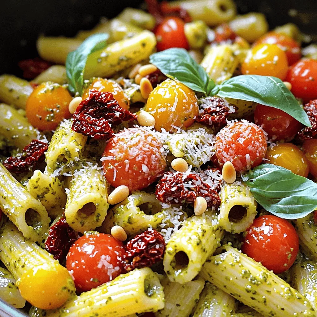 For this sun-dried tomato pesto pasta, fresh ingredients are key to great flavor. You will need: - 2 cups cherry tomatoes, halved - 1 cup sun-dried tomatoes in oil, drained - 1/4 cup fresh basil leaves - 2 cloves garlic, minced These fresh ingredients give your dish a vibrant taste. The cherry tomatoes add sweetness, while the fresh basil brings a fragrant note. Next, gather your pantry staples. These are items you likely have on hand. You will need: - 1/4 cup pine nuts (toasted) - 1/2 cup grated Parmesan cheese - 1/2 cup olive oil - Salt and pepper to taste - 12 oz pasta of your choice (like penne or fettuccine) The Parmesan cheese adds a rich, salty flavor. Olive oil helps bind the pesto and makes it creamy. Want to take your dish up a notch? Consider these optional ingredients: - Red pepper flakes for a spicy kick Adding red pepper flakes gives your pasta a nice heat. You can adjust the amount based on your taste. You can find the full recipe here for detailed steps on how to combine these ingredients into a delightful meal. Start by bringing a large pot of salted water to a boil. Use enough water so the pasta can move freely. Add your chosen pasta, like penne or fettuccine. Cook it according to the package instructions until it is al dente. This usually takes about 8 to 12 minutes. Once done, save half a cup of the pasta water. Drain the pasta and set it aside. Now, let’s make the pesto. Grab your food processor. Add the sun-dried tomatoes, halved cherry tomatoes, minced garlic, fresh basil, toasted pine nuts, and grated Parmesan cheese. Pulse these ingredients together until they are finely chopped. This step blends the flavors well. Next, with the food processor running, drizzle in the olive oil slowly. This helps create a smooth texture. If it feels too thick, add a bit of the reserved pasta water. Keep adding until you reach the right consistency. In the same pot you used for the pasta, mix the drained pasta with the sun-dried tomato pesto. Toss it well, so the pasta gets fully coated. If it looks dry, add more of that reserved pasta water until creamy. Now it’s time to serve! Place the pasta on plates and top with more grated Parmesan and fresh basil. For a nice touch, drizzle a little olive oil over the top. You can even sprinkle some toasted pine nuts for crunch. Enjoy this savory dish! For the full recipe, check out the details above. To make your sun-dried tomato pesto pasta shine, use good seasoning. Salt and pepper are key. Start with a pinch of salt when cooking pasta. This helps flavor every bite. After mixing the pesto, taste it. Adjust with more salt or pepper as needed. If you want heat, add red pepper flakes. They give a nice kick without overpowering the dish. Pasta water is your secret weapon for creaminess. When you drain your pasta, save some of that starchy water. It helps blend the pesto and pasta. If your pesto is too thick, add a spoonful of pasta water. Mix until you reach your desired creaminess. This small step makes a big difference in texture. Using a food processor makes making pesto easy. Start by adding your sun-dried tomatoes, garlic, and herbs. Pulse them to chop finely. Then, with the machine running, slowly add olive oil. This way, you get a smooth pesto. If you over-process, it can become too thin. Be patient and check the texture often. For a chunkier style, pulse less. This keeps the flavor fresh and vibrant. For more detailed steps and to try this dish, check out the Full Recipe. {{image_2}} You can use many types of pasta for this dish. Penne and fettuccine work well, but you can try others. Spaghetti gives a nice twist, while whole wheat pasta adds fiber. Gluten-free pasta is also great if you have dietary needs. Just cook it according to the package instructions and coat it with the sun-dried tomato pesto. You can easily make this dish vegetarian. Just skip the cheese or use a dairy-free alternative. Nutritional yeast gives a cheesy flavor that many love. For a vegan option, use plant-based cheese or leave it out completely. The pesto still tastes amazing without it, so don’t worry! Adding protein can make this dish heartier. Grilled chicken works great; just slice it and toss it in. Shrimp is another tasty option. Sauté it in a pan until it turns pink, then mix it in. For a plant-based protein, use tofu. Cube it, pan-fry until golden, and add it to the pasta. Each option brings a new flavor, so choose what you love! To keep your Sun-Dried Tomato Pesto Pasta fresh, place it in an airtight container. This helps seal in flavor and moisture. Be sure to let the pasta cool down before sealing. This step prevents condensation, which can make your pasta soggy. Store it in the fridge for up to three days. For best taste, eat it sooner rather than later. When you want to reheat your pasta, do it gently. Use a skillet over low heat. Add a splash of olive oil or water to keep it from drying out. Stir often to heat it evenly. You can also use the microwave. Just cover the pasta with a damp paper towel. Heat it in short bursts of 30 seconds. Check often so it doesn't get too hot or dry. If you want to save pasta for later, freezing is a great option. Portion the pasta into small, freezer-safe bags. Remove as much air as you can before sealing. Label the bags with the date. The pasta will last up to three months in the freezer. When you're ready to eat, thaw it overnight in the fridge. Then reheat it using the tips above for the best flavor. For the full recipe, check the section above. Sun-Dried Tomato Pesto Pasta lasts about 3 to 5 days in the fridge. To keep it fresh, store it in an airtight container. Make sure to let it cool before sealing. When ready to eat, just reheat it gently. Add a splash of olive oil or a bit of water for moisture. You can use fresh tomatoes, but the flavor will change. Fresh tomatoes add brightness but lack the rich, concentrated taste of sun-dried tomatoes. If you use fresh ones, consider roasting them first. This will bring out their natural sweetness and deepen the flavor. Yes, this dish is great for meal prep! You can make it ahead and enjoy it throughout the week. Just store it in single-serving containers for quick meals. Reheat each serving as needed, and you’ll have a delicious meal ready to go. - Full Recipe for easy reference To wrap up, we explored the fresh ingredients and pantry staples for the sun-dried tomato pesto pasta. I shared step-by-step cooking instructions and useful tips to enhance flavor. We also looked at fun variations like adding proteins or switching pasta types. Finally, I reviewed how to store leftovers for later enjoyment. This dish is not only easy to make but also packed with flavor. Dive in, and enjoy every bite!