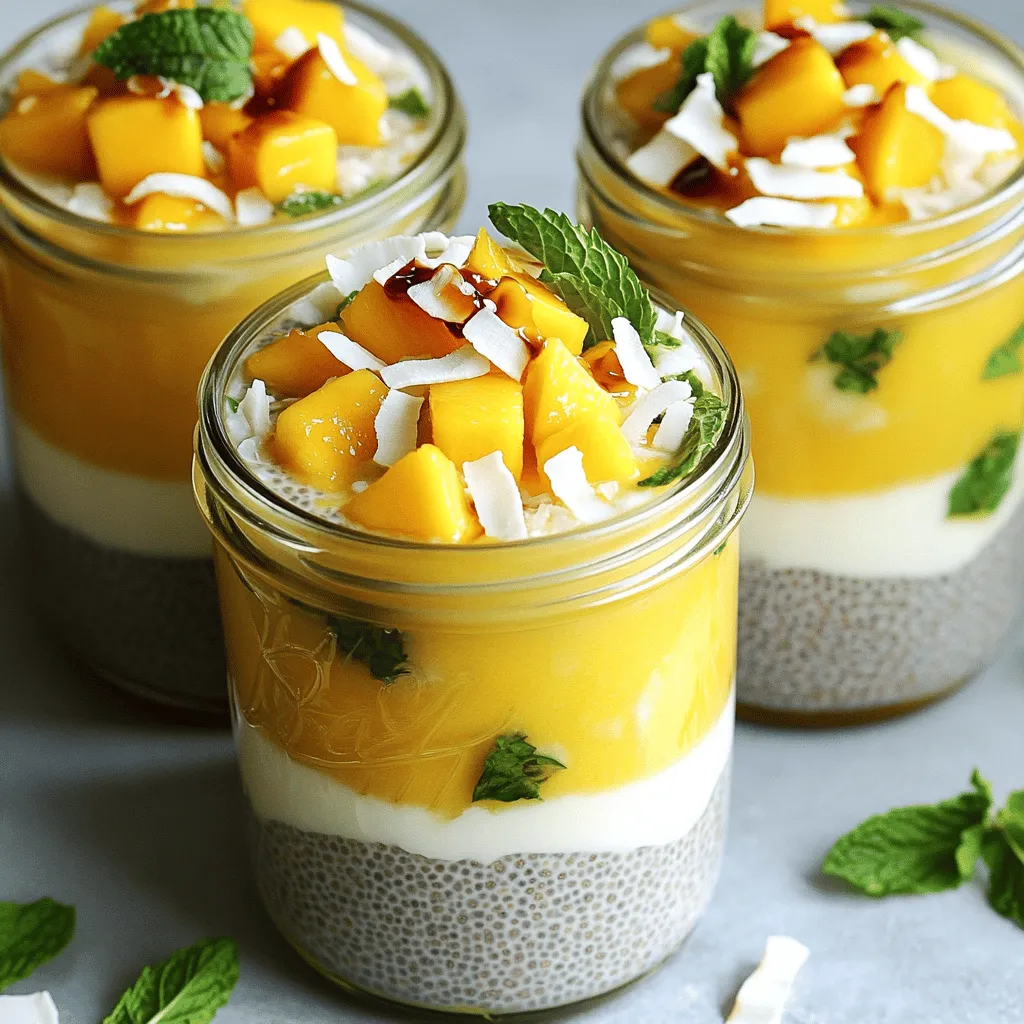 - 1 cup coconut milk - 1/4 cup chia seeds - 2 tablespoons maple syrup (or honey) - 1 teaspoon vanilla extract - 1 ripe mango, diced - Pinch of sea salt - Optional garnishes: toasted coconut flakes, fresh mint leaves To make mango coconut chia pudding, gather these simple ingredients. The coconut milk gives a rich, creamy base. Chia seeds add healthy fiber and help thicken the pudding. Maple syrup or honey sweetens the dish without being too heavy. Vanilla extract enhances the flavors, while ripe mango adds a fresh, fruity twist. A pinch of sea salt balances the sweetness and brings out the taste. You can top your pudding with toasted coconut flakes for a crunchy texture. Fresh mint leaves also add a nice touch. These extras make your dish look and taste even better. Feel free to adjust these ingredients based on your taste. If you want to make it sweeter, add more maple syrup. If you like it creamier, add more coconut milk. For the full recipe, follow the steps I've shared. Enjoy your creamy delight! First, grab a mixing bowl. Whisk together 1 cup coconut milk, 2 tablespoons maple syrup, 1 teaspoon vanilla extract, and a pinch of sea salt. Make sure the mixture is smooth and well combined. Next, stir in 1/4 cup chia seeds. Mix well so the seeds spread out evenly. This will help the chia pudding thicken later. Now, cover the bowl with a lid or plastic wrap. This keeps the mixture fresh. Place it in the fridge for at least 4 hours or overnight. Chilling helps the chia seeds absorb the liquid and become soft. This step is key for a creamy texture. Once the pudding has set, take it out of the fridge. Give it a gentle stir. If you want it creamier, add a splash more coconut milk. Layer the chia pudding in bowls or jars. Finally, top each serving with fresh diced mango. For extra flair, drizzle a bit more maple syrup. You can also sprinkle on toasted coconut flakes or add fresh mint leaves for a nice touch. Check out the Full Recipe for more details on making this delightful treat! To get that smooth and creamy feel, you can change the amount of coconut milk. If you want your pudding thicker, add less coconut milk. If you prefer it runnier, add a bit more. Remember, the chia seeds will soak up the liquid, so adjust slowly. Chilling is key for this recipe. Let your pudding sit in the fridge for at least 4 hours or even overnight. This time allows the chia seeds to absorb the coconut milk fully. The longer it chills, the thicker it will become, giving you that perfect pudding texture. You can sweeten your pudding with honey or maple syrup. Honey gives a floral note, while maple syrup adds a rich flavor. Both options work well, so choose what you like best! If you want to try other natural sweeteners, consider agave or stevia. These can add a unique taste. Experiment a bit to find your ideal sweetness level. Garnishing can make your pudding look even more tempting. Try adding fresh mango on top and sprinkle toasted coconut flakes. You can also add mint leaves for a fresh touch. For serving, use jars for a fun look or bowls for a classic feel. Jars are great for layering and make it easy to grab for breakfast. Bowls allow for a more casual presentation. Choose what fits your style! For the full recipe, check the earlier section and get started on this delightful treat. {{image_2}} You can have fun with flavors in your mango coconut chia pudding. Try adding different fruits like pineapple or berries. These fruits will add new tastes and make your pudding pop with color. You can also mix in spices like cinnamon or nutmeg. A dash of cinnamon gives warmth, while nutmeg adds a cozy touch. Each of these options can change the taste and keep your dessert fresh and exciting. This pudding can fit many diets. It is already vegan and gluten-free, which makes it a great choice for many people. If you need nut-free options, just leave out any nuts in your toppings. You can still enjoy the creamy pudding with tasty fruits and coconut. This makes it safe for those with nut allergies. You can easily adapt this recipe to meet your dietary needs. Think about how you want to serve your mango coconut chia pudding. For a quick snack or dessert, make mini servings. Small jars or cups work great for this. If you're having it for breakfast, go for larger portions. You can fill a bowl with pudding and top it with fresh fruit. This way, you can enjoy a filling and healthy start to your day. Each serving can be a treat and fit any time of day. To keep your Mango Coconut Chia Pudding fresh, store it in the fridge. Use an airtight container. This helps to lock in moisture and flavor. Make sure to cover the pudding well. If you have leftovers, they can last for several days. Just give it a quick stir before serving again. You can freeze your pudding if you want to save some for later. Use a freezer-safe container to prevent freezer burn. When you’re ready to eat it, take the container out and let it thaw in the fridge overnight. This keeps the texture smooth. For best results, stir the pudding after thawing. You might need to add a little coconut milk to get the right consistency again. Mango Coconut Chia Pudding stays good in the fridge for about 4 to 5 days. After that, the texture may change, and it might not taste as fresh. If you freeze it, the pudding can last for about 2 months. Just remember, the sooner you eat it, the better the taste! Chia seeds are tiny but powerful. They are rich in fiber, protein, and healthy fats. Each serving gives you omega-3 fatty acids, which are good for your heart. They also help keep you full. This makes chia seeds great for weight management. Plus, they provide antioxidants that fight free radicals in your body. You can find about 138 calories, 4 grams of protein, and 11 grams of fiber in just 2 tablespoons. This makes chia seeds a smart choice for a healthy snack or meal. Yes, you can! While coconut milk gives a creamy taste, other milks work well too. Almond milk adds a nutty flavor, while oat milk brings a smooth texture. Soy milk offers a protein boost. Each milk changes the taste a bit, so choose what you like. If you want a richer taste, go for full-fat options. For a lighter version, low-fat or skim milk works fine. Just note that the consistency may change slightly based on your choice. You can keep your mango coconut chia pudding in the fridge for about 4 to 5 days. Make sure to store it in an airtight container. This keeps it fresh and helps maintain the creamy texture. If it seems too thick after a few days, add a splash of coconut milk to loosen it up. Always check for any off smells or changes in appearance before eating. This way, you’ll enjoy your pudding at its best! This blog post covered how to make Mango Coconut Chia Pudding. We explored ingredients and step-by-step instructions. You learned tips for perfect texture and sweetening options. We also looked at fun variations and storage ideas. In conclusion, this pudding is easy to make and full of flavor. You can customize it to fit your taste. Enjoy making this tasty treat that will impress friends and family.