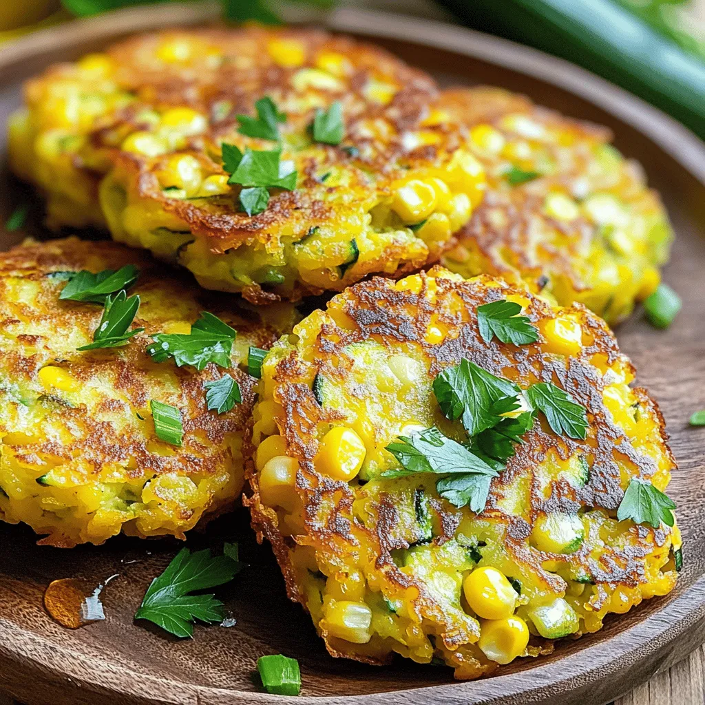 Making zucchini corn fritters is simple and fun. You only need a few fresh items to start. Here’s what you will need: - Grated Zucchini: Use two medium zucchinis. Grate them and squeeze out extra moisture. This helps the fritters stay firm. - Sweet Corn Kernels: You can use one cup of fresh or frozen corn. It adds a lovely sweetness. - Dry Ingredients: Combine half a cup of all-purpose flour, a quarter cup of cornmeal, one teaspoon of baking powder, and one teaspoon of garlic powder. These help bind the fritters and give great texture. - Eggs and Cheese: You will need two large eggs and a quarter cup of grated Parmesan cheese. Eggs hold everything together, and cheese adds flavor. - Seasoning: Don’t forget salt and pepper to taste. They enhance the overall flavor. - Cooking Oil: Use olive oil for frying. It gives a nice crispness to the fritters. With these ingredients ready, you can make perfect zucchini corn fritters. For the full recipe, check out the detailed instructions. Combining Zucchini and Corn First, take two medium zucchinis and grate them. Make sure to squeeze out any extra moisture. This step helps keep the fritters crispy. Next, add one cup of sweet corn kernels to the zucchini in a large mixing bowl. You can use fresh or frozen corn; both work well. Mixing Dry Ingredients In a separate bowl, whisk together the dry ingredients. Combine half a cup of all-purpose flour, a quarter cup of cornmeal, a teaspoon of baking powder, a teaspoon of garlic powder, and salt and pepper to taste. This mix gives the fritters their structure and flavor. Combining All Components Now, it’s time to bring everything together. Pour the dry ingredients into the bowl with the zucchini and corn. Then, add two large eggs, a quarter cup of finely chopped green onions, and a quarter cup of grated Parmesan cheese. Mix until just combined. The batter should be thick and hold together well. Heating the Skillet Heat a large skillet over medium heat. Add enough olive oil to coat the bottom of the pan. This oil will help the fritters fry up nicely and get crispy. Forming and Cooking the Fritters Using a 1/4 cup measure, scoop the fritter mixture and drop it into the skillet. Flatten each scoop slightly to form a patty. Be sure not to overcrowd the pan; leave some space between each fritter. Cook for about 3-4 minutes on each side. Look for a golden brown color and a crispy texture. Adjusting Cooking Time and Heat Keep an eye on the fritters as they cook. If they start to brown too quickly, lower the heat a bit. If they need more time, just let them cook longer. Once cooked, remove them from the skillet and place them on a paper towel-lined plate to drain any excess oil. Repeat this process until all the batter is cooked. For the full recipe, check the complete details above. Importance of Moisture Control Moisture can ruin your fritters. Zucchini holds a lot of water. After grating the zucchini, squeeze out the extra liquid. You want the mixture to be thick. Too much moisture makes the fritters soggy. Frying Tips for Crispiness Heat your skillet to medium. Add olive oil to coat the bottom. This helps the fritters fry evenly. Don’t overcrowd the pan; give them space. Flip them when they are golden brown. This will give you that nice crunch. Garnishing Options Fresh herbs like cilantro or parsley add color. A sprinkle of cheese can enhance flavor. You can also use a dollop of yogurt or sour cream. These add a creamy touch that pairs well. Pairing Ideas (Dips and Sides) Serve with a tangy dipping sauce. A mix of yogurt and lemon juice works great. You can also enjoy them with a side salad. A fresh, crisp salad complements the fritters nicely. For added flavor, try a spicy salsa or avocado dip. {{image_2}} You may want to skip dairy for various reasons. To keep it tasty, you can use nutritional yeast instead of Parmesan cheese. This gives a nice cheesy flavor without the dairy. You can also replace the eggs with a flaxseed mixture. Mix one tablespoon of ground flaxseed with three tablespoons of water. Let this sit for a few minutes to thicken. Feel free to play with flavors! Add spices like cumin or smoked paprika for a kick. Fresh herbs like basil or dill brighten the taste, too. Just chop them fine and mix them in. A pinch of cayenne pepper can also add some heat if you like it spicy. These fritters are perfect as a starter. Serve them warm on a platter. Add a dipping sauce like spicy aioli or tangy yogurt. Guests will love picking these up and dipping them. They are fun and easy to eat. You can make these fritters a part of your main dish. Serve them alongside grilled chicken or fish for a complete meal. They also work well in a salad. Just chop them up and toss them with greens, tomatoes, and a light dressing. This way, you add both crunch and flavor to your dish. For the full recipe, check out the Golden Zucchini Corn Fritters section. To keep your zucchini corn fritters fresh, store them in the fridge. Place them in an airtight container. This helps keep them from drying out. They will last about three to four days in the refrigerator. If you want to store them longer, freezing is a good option. Let the fritters cool completely. Then, place parchment paper between each fritter. This prevents them from sticking together. Use a freezer-safe bag or container to hold them. They can last up to three months in the freezer. To enjoy your fritters again, you can reheat them in two ways: the oven or the microwave. If you choose the oven, preheat it to 375°F. Place the fritters on a baking sheet. Bake for about 10-15 minutes until they are heated through. This method keeps them crispy. For the microwave, simply place a fritter on a plate. Heat it for about 30 seconds to 1 minute. However, this may make them soft instead of crispy. You can find the full recipe for these tasty fritters to make your own! Can I use canned corn? Yes, you can use canned corn. Just drain it well. Fresh or frozen corn gives a better taste, but canned works in a pinch. How can I make them gluten-free? To make these fritters gluten-free, swap the all-purpose flour for a gluten-free blend. Look for blends that contain xanthan gum for the best texture. What toppings work well with zucchini corn fritters? Toppings like sour cream, Greek yogurt, or salsa work great. You can also use fresh herbs like cilantro or parsley for added flavor. What is the best way to keep fritters from falling apart? To keep your fritters from falling apart, make sure the zucchini is well-drained. The mixture should be thick. Use enough flour to bind the ingredients. How long do the fritters last in the fridge? These fritters last about three days in the fridge. Store them in an airtight container to keep them fresh. Can I make the batter ahead of time? Yes, you can make the batter ahead of time. Store it in the fridge for up to 24 hours. Stir it well before cooking. Can I bake instead of frying? Yes, you can bake them. Preheat your oven to 400°F (200°C). Place the fritters on a baking sheet with parchment paper. Bake for about 20 minutes, flipping halfway through. How to perfect the fritter's color? For a perfect golden color, use medium heat when frying. Adjust the heat as needed. Flip the fritters when they are golden brown on one side. Zucchini corn fritters are easy and fun to make. We covered key ingredients, preparation steps, and cooking tips. Remember to control moisture for crispy fritters and try different flavors with spices. Store leftovers properly and enjoy them later. Whether you serve as snacks or part of a meal, these fritters shine. Experiment with variations to suit your taste. Now, you have all the tools to create delicious fritters at home. Happy cooking!