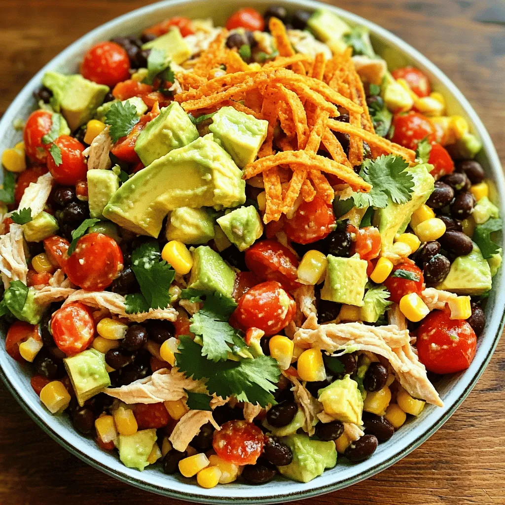 - Shredded cooked chicken breast - Black beans - Corn kernels - Red bell pepper - Avocado - Red onion - Cherry tomatoes - Fresh cilantro - Lime juice - Olive oil - Seasonings (chili powder, cumin, salt, and pepper) - Optional garnishes (tortilla strips) For my Southwest Chicken Salad, I focus on fresh, vibrant ingredients. Shredded cooked chicken breast is the star. It adds protein and flavor. I use black beans for a hearty touch. They also give a nice texture. Corn kernels bring sweetness to the dish. I prefer fresh, but frozen works too. Red bell pepper adds a crunchy bite and bright color. Avocado provides creaminess that balances the salad well. Red onion gives a sharp taste, while cherry tomatoes add juicy bursts. Fresh cilantro adds a herbaceous note that brightens every bite. I squeeze lime juice for acidity, which makes the flavors pop. Olive oil is my go-to fat for the dressing. It gives a smooth finish. I season with chili powder and cumin for warmth. Salt and pepper enhance all the flavors. Optional tortilla strips add a fun crunch on top. They make the salad even more exciting. Each ingredient plays a role, making this salad fresh and flavorful. For the complete recipe, check out the Full Recipe section. Start by shredding the cooked chicken breast into bite-sized pieces. Place it in a large mixing bowl. Next, add the black beans, corn, diced red bell pepper, diced avocado, finely chopped red onion, and halved cherry tomatoes. This mix gives your salad color and taste. Now, whisk the dressing in a small bowl. Combine lime juice, olive oil, chili powder, cumin, salt, and pepper. Whisk until smooth. This dressing adds a zesty kick to your salad. Pour the dressing over the salad ingredients in the large bowl. Gently toss everything together. You want to coat each piece with the dressing. Be careful not to mash the avocado. After mixing, fold in the chopped fresh cilantro. This herb adds a fresh flavor. Taste and adjust seasoning if needed. To serve, divide the salad into individual bowls. This makes it easy for everyone. Add a handful of tortilla strips on top for an extra crunch. You can find the full recipe above. Enjoy your colorful, tasty Southwest Chicken Salad! To make your Southwest chicken salad burst with flavor, start with fresh ingredients. Use ripe avocados and bright tomatoes. This salad loves bold spices. I recommend using chili powder and cumin for a nice kick. Don't skimp on salt and pepper. They enhance all the flavors in the dish. Mix the spices well into the dressing. This helps each bite taste great. For the chicken, use skinless chicken breasts. They cook quickly and shred easily. You can roast, grill, or boil them. Each method adds a unique taste. If you're short on time, buy pre-cooked chicken. It saves time and still tastes good. Shred the chicken into bite-sized pieces. This makes it easier to mix with other ingredients. If you don’t have black beans, try kidney beans or chickpeas instead. They provide great protein and texture. For corn, you can use frozen or canned, but make sure to rinse it. Always pick fresh produce. Look for firm peppers and bright, green cilantro. These choices will make your salad taste amazing. You can find the full recipe [here]. {{image_2}} You can switch up the dressing to change the salad's flavor. For a creamy dressing, try mixing yogurt with lime juice and a pinch of chili powder. This adds a cool and spicy touch. You can also blend avocado with olive oil and lime for a smooth, tasty dressing. For those who love zest, a simple vinaigrette works well. Combine olive oil, lime juice, and a bit of honey for sweetness. This bright dressing livens up every bite. Toppings can elevate your Southwest Chicken Salad. Consider adding shredded cheese for a rich flavor. Feta or cheddar both work great. If you like heat, sprinkle on some sliced jalapeños. These add a nice kick! You can also make it heartier by adding grains. Cooked quinoa or brown rice blends well and boosts the nutrition. This makes the salad filling and perfect for lunch. If you want a vegan version, substitute chicken with chickpeas or tofu. Both options add protein and texture. For a tasty twist, grill your tofu for extra flavor. You can still enjoy the dressing by using a plant-based yogurt or tahini instead of regular yogurt. Just mix it with lime juice and seasonings. This keeps the salad creamy and satisfying without any animal products. To keep your Southwest Chicken Salad fresh, store it in an airtight container. This helps lock in flavors and moisture. You should eat the salad within three days for the best taste. Chicken and veggies can last up to four days in the fridge, but the avocado may brown quickly. To slow browning, sprinkle lime juice on the avocado before adding it to the salad. Freezing your salad is an option, but it requires some care. You can freeze the chicken and beans separately. Make sure to use freezer-safe bags or containers. When ready to eat, thaw your chicken and beans in the fridge overnight. Avoid freezing the avocado, as it does not thaw well. This way, you keep the texture nice. For reheating chicken, use the microwave or stovetop. If using a microwave, heat in short intervals. This avoids drying out the chicken. If you prefer the stovetop, warm it gently over low heat. After reheating, enjoy the salad fresh. Adding fresh toppings like cilantro or avocado can enhance the flavor. Southwest Chicken Salad is a colorful and tasty dish. It combines fresh ingredients like chicken, beans, and veggies. Key components include: - Shredded cooked chicken breast - Black beans - Corn kernels - Diced red bell pepper - Diced avocado - Cherry tomatoes - Fresh cilantro This salad has a bold flavor profile. You can taste the zest from lime juice and the warmth from chili powder. The creamy avocado adds richness while the veggies bring crunch. Yes, you can make this salad ahead of time. Here are some tips for prepping in advance: - Cook and shred the chicken the day before. - Chop vegetables and store them in airtight containers. - Prepare the dressing separately and refrigerate it. Ingredients that hold up well include: - Black beans - Corn - Cherry tomatoes These ingredients stay fresh and tasty for a couple of days. Just mix everything right before serving. Yes, Southwest Chicken Salad is healthy. Here's a quick nutritional breakdown: - High in protein from chicken and beans - Rich in fiber from beans and veggies - Healthy fats from avocado The health benefits of primary ingredients include: - Chicken supports muscle growth. - Beans help with digestion. - Avocado is good for heart health. This salad is not just tasty; it's good for you too! You can find the full recipe [here](#). This blog post covered a tasty Southwest Chicken Salad. We discussed key ingredients, preparation steps, and variations to suit different diets. You learned how to ensure flavor and proper storage. Remember, you can customize the salad with different proteins and dressings. Keep these tips in mind for a fresh, healthy meal that fits your needs. Enjoy making this salad your own!