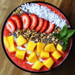 - 1 cup frozen strawberries - 1 cup frozen mango chunks - 1 banana - 1 cup coconut milk (or any milk of choice) - 1 tablespoon honey or maple syrup (optional) - 1/4 teaspoon vanilla extract The key ingredients create a delicious blend. Frozen strawberries and mango chunks give a fruity taste and thick texture. The banana adds sweetness and creaminess. Coconut milk brings a rich flavor, but you can use any milk you like. Honey or maple syrup is optional for extra sweetness. A touch of vanilla extract enhances the flavors, making it even better. - Sliced strawberries - Diced mango - Granola - Chia seeds - Shredded coconut - Fresh mint leaves Toppings are where the fun begins! Sliced strawberries and diced mango add freshness and color. Granola gives a nice crunch, while chia seeds add extra nutrients. Shredded coconut brings a tropical twist, and fresh mint leaves add a burst of flavor. You can mix and match toppings based on your taste. Personalize your bowl to make it truly yours. For the full recipe, check out the [Full Recipe]. To start, you need to combine all your ingredients in the blender. Use one cup of frozen strawberries and one cup of frozen mango chunks. Add one banana for creaminess and one cup of coconut milk. If you like it sweet, include one tablespoon of honey or maple syrup. Don’t forget a dash of vanilla extract! Once everything is in the blender, blend until smooth and creamy. If it feels too thick, just add more coconut milk. You want a texture that is thick but pourable. Now, it’s time to pour your smoothie into a bowl. Use a large bowl for this. The vibrant colors will look amazing! Next, it’s all about the toppings. Arrange sliced strawberries and diced mango on top. Sprinkle some granola for crunch and add chia seeds for texture. A little shredded coconut adds a fun touch. Finish it off with fresh mint leaves for color and flavor. The best time to enjoy your smoothie bowl is right after you make it. It tastes freshest then! You can pair your smoothie bowl with a light snack, like whole grain toast or a handful of nuts. A refreshing iced tea or coconut water goes great with it too. For the full recipe, refer to the details above and get ready to delight your taste buds! You can easily adjust the sweetness of your smoothie bowl. If you like it sweeter, add more honey or maple syrup. You can use fresh fruits too. They will add extra sweetness without added sugar. Try different types of milk to find your favorite taste. Almond milk, soy milk, or oat milk all work well. Each milk gives a unique flavor. Experiment and discover what you enjoy most! To make your smoothie bowl dairy-free, use plant-based milk. Almond milk and coconut milk are great choices. You can also try soy or cashew milk. Each option adds its own flavor and creaminess. Enhance the flavor without dairy by adding spices. A pinch of cinnamon or nutmeg can add warmth. You can also mix in a scoop of nut butter for richness. To achieve a smooth blend, start with the liquids first. This helps the blades move easily. If you find it too thick, add more milk little by little. Don’t forget to stop and scrape down the sides of the blender. This ensures all the fruit gets blended well. You want a uniform texture for your smoothie bowl. Enjoy the process and play with your favorite flavors! {{image_2}} You can add a fun twist to your smoothie bowl. Try adding pineapple or passion fruit. These fruits bring extra sweetness and a zing of flavor. Pineapple makes your smoothie tropical and bright. Passion fruit adds a unique tartness that pairs well with strawberries and mango. Blend them in for a fresh taste that lifts your mood. Want to pack in some extra nutrients? Incorporate spinach or kale into your smoothie. These greens add vitamins and minerals without changing the taste much. Just a handful can boost your health. Spinach blends smoothly and keeps the color vibrant. Kale adds a slight texture but still tastes great with fruits. This variation helps you sneak in more veggies, especially for picky eaters. If you're looking to fuel your day, make a protein-packed smoothie bowl. You can include protein powder or Greek yogurt. These ingredients help keep you full and support muscle recovery. Greek yogurt gives a creamy texture and a tangy flavor. Protein powder blends in easily without overpowering the smoothie. This version is perfect for a post-workout snack or a hearty breakfast. For the full recipe, check out the complete guide. If you have extra smoothie bowl, store it in an airtight container. This keeps it fresh. Avoid letting it sit out too long, as air can spoil its taste and texture. I recommend using the smoothie bowl within one day for the best flavor. To freeze the smoothie base, pour it into ice cube trays. This makes it easy to use later. Once frozen, pop the cubes into a freezer bag. When you want to enjoy it again, just blend a few cubes with some fresh milk. This gives you a quick and tasty treat any time. For keeping your toppings fresh, store them separately in the fridge. Use small containers or bags. This keeps fruits from getting mushy. If you want to keep granola crunchy, store it in a sealed bag at room temperature. Always add fresh toppings right before serving. This way, they stay vibrant and crisp. To make a thicker smoothie bowl, use less liquid. You can add more frozen fruit. Bananas are great for creaminess. Ice cubes can also help. Blend on low to keep it thick. Yes, you can use fresh fruit. However, frozen fruit makes the bowl creamier. Frozen fruit also keeps the bowl cold. If you use fresh fruit, add ice. This keeps the smoothie cool and thick. You can use almond milk or oat milk. Both are great dairy-free options. Soy milk works well too. If you want a nut-free choice, try rice milk. Each milk adds a unique taste. You can store a smoothie bowl for one day in the fridge. It may separate, so stir it before eating. The toppings should stay fresh for a while. Make sure to keep them separate until you eat. Toppings add crunch and flavor! Here are some ideas: - Sliced strawberries - Diced mango - Granola - Chia seeds - Shredded coconut - Fresh mint leaves Feel free to mix and match these for fun. Yes, this smoothie bowl is healthy! It has vitamins from fruit. Strawberries and mangoes are full of fiber. Coconut milk adds healthy fats. This bowl is low in calories and great for breakfast. Enjoy it guilt-free! You can easily make a delightful strawberry mango smoothie bowl. We covered the key ingredients, from frozen fruits to coconut milk. I shared ideas for toppings that add flavor and crunch. You learned simple steps to blend, serve, and enjoy. Customizing flavors, storage tips, and tasty variations are all within reach. Smoothies can fit your taste and lifestyle, whether you want it dairy-free or packed with protein. Dive in and create your perfect bowl. It's a healthy treat you can enjoy anytime!